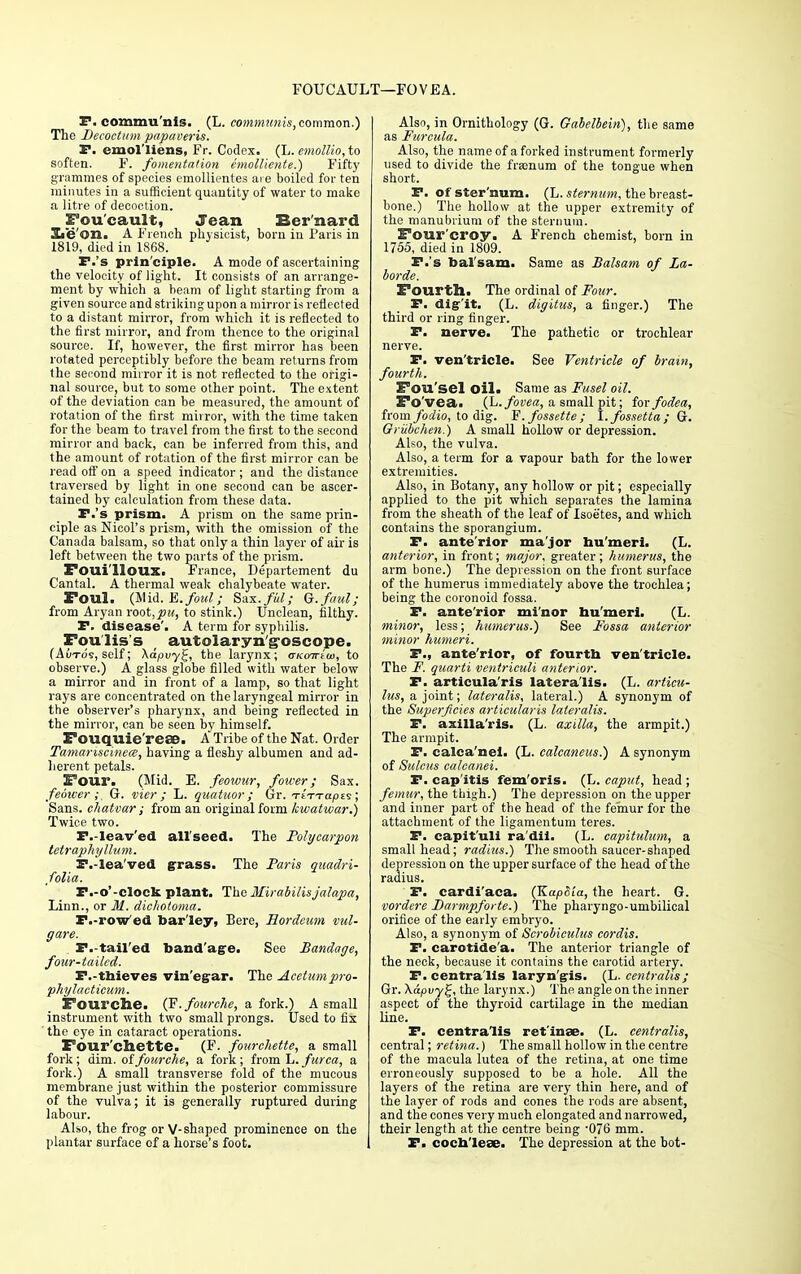 FOUCAULT—FOVEA. P. commu nis. (L. communis, common.) The Decoctum papaveris. F. emol'liens, Fr. Codex. (L. emollio, to soften. F. fomentation imolliente.) Fifty grammes of species emollientes are boiled for ten minutes in a sufficient quantity of water to make a litre of decoction. Fou'cault, Jean Bernard Le'oili A French physicist, born in Paris in 1819, died in 1868. F.'s prin'ciple. A mode of ascertaining the velocity of light. It consists of an arrange- ment by which a beam of light starting from a given source and striking upon a mirror is reflected to a distant mirror, from which it is reflected to the first mirror, and from thence to the original source. If, however, the first mirror has been rotated perceptibly before the beam returns from the second mirror it is not reflected to the origi- nal source, but to some other point. The extent of the deviation can be measured, the amount of rotation of the first mirror, with the time taken for the beam to travel from the first to the second mirror and back, can be inferred from this, and the amount of rotation of the first mirror can be read off on a speed indicator; and the distance traversed by light in one second can be ascer- tained by calculation from these data. F.'s prism. A prism on the same prin- ciple as Nicol's prism, with the omission of the Canada balsam, so that only a thin layer of air is left between the two parts of the prism. Foui'lloux. France, Departement du Cantal. A thermal weak chalybeate water. Foul. (Mid. E. foul; Sax. fid; Q.fiml; from Aryan root,pu, to stink.) Unclean, filthy. F. disease'. A term for syphilis. Foulis's autolaryn'g-oscope. (Auto's, self; \dpvy£, the larynx; nKcmiuj, to observe.) A glass globe filled with water below a mirror and in front of a lamp, so that light rays are concentrated on the laryngeal mirror in the observer's pharynx, and being reflected in the mirror, can be seen by himself. Fouquie'reae. A Tribe of the Nat. Order Tamariscinea, having a fleshy albumen and ad- herent petals. Four. (Mid. E. feowur, fower; Sax. feower;, G. vier ; L. quatuor; Gr. TiTTapts; Sans, ehatvar ; from an original form kwatwar.) Twice two. F.-leav'ed all'seed. The Polycarpon tetraphylhim. F.-lea'ved grass. The Paris quadri- folia. F.-o'-clock plant. TheMirabilisjalapa, Linn., or M. dichotoma. F.-row'ed barley, Bere, Rordcum vul- gare. XVtail'ed bandage. See Bandage, four-tailed. F.-thieves vin'egar. The Acetum pro- phylacticum. Fourche. (F. fourche, a fork.) A small instrument with two small prongs. Used to fix the eye in cataract operations. Four'chette. (F. fourchette, a small fork; dim. of fourche, a fork ; from L. furca, a fork.) A small transverse fold of the' mucous membrane just within the posterior commissure of the vulva; it is generally ruptured during labour. Also, the frog or V-shaped prominence on the plantar surface of a horse's foot. Also, in Ornithology (G. Gabelbein), the same as Furcula. Also, the name of a forked instrument formerly used to divide the frsenum of the tongue when short. F. of ster num. (L. sternum, the breast- bone.) The hollow at the upper extremity of the manubrium of the sternum. Four'croy. A French chemist, born in 1755, died in 1809. F.'s balsam. Same as Balsam of La- borde. Fourth. The ordinal of Four. F. digit. (L. digitus, a finger.) The third or ring finger. F. nerve. The pathetic or trochlear nerve. F. ven'tricle. See Ventricle of brain, fourth. Fou'sel Oil. Same as Fusel oil. Fo'vea. (L. fovea, a small pit; for fodea, from fodio, to dig. F.fossette; l.fossetta; G. Griibchen.) A small hollow or depression. Also, the vulva. Also, a term for a vapour bath for the lower extremities. Also, in Botany, any hollow or pit; especially applied to the pit which separates the lamina from the sheath of the leaf of Isoe'tes, and which contains the sporangium. F. ante'rior major hu'meri. (L. anterior, in front; major, greater; humerus, the arm bone.) The depression on the front surface of the humerus immediately above the trochlea; being the coronoid fossa. F. ante'rior mi'nor hu'meri. (L. minor, less; humerus.) See Fossa anterior minor humeri. F., ante'rior, of fourth ven'tricle. The F. quarti ventriculi anterior. F. articula'ris lateralis. (L. articu- lus, a joint; lateralis, lateral.) A synonym of the Superficies articularis lateralis. F. axillaris. (L. axilla, the armpit.) The armpit. F. calca'nel. (L. calcaneus.) A synonym of Sulcus calcanei. F. cap'itis fem'oris. (L. caput, head ; femur, the thigh.) The depression on the upper and inner part of the head of the femur for the attachment of the ligamentum teres. F. capit'uli ra'dii. (L. capitulum, a small head; radius.) The smooth saucer-shaped depression on the upper surface of the head of the radius. F. cardi'aca. (KapSia, the heart. G. vordere Barmpforte.) The pharyngo-umbilical orifice of the early embryo. Also, a synonym of Scrobiculus cordis. F. carotide'a- The anterior triangle of the neck, because it contains the carotid artery. F. centralis laryn'gis. (L. centralis; Gr. Xapuy^, the larynx.) The angle on the inner aspect of the thyroid cartilage in the median line. F. centralis ret'inae. (L. centralis, central; retina.) The small hollow in the centre of the macula lutea of the retina, at one time erroneously supposed to be a hole. All the layers of the retina are very thin here, and of the layer of rods and cones the rods are absent, and the cones very much elongated and narrowed, their length at the centre being -076 mm. F. cochleae. The depression at the hot-