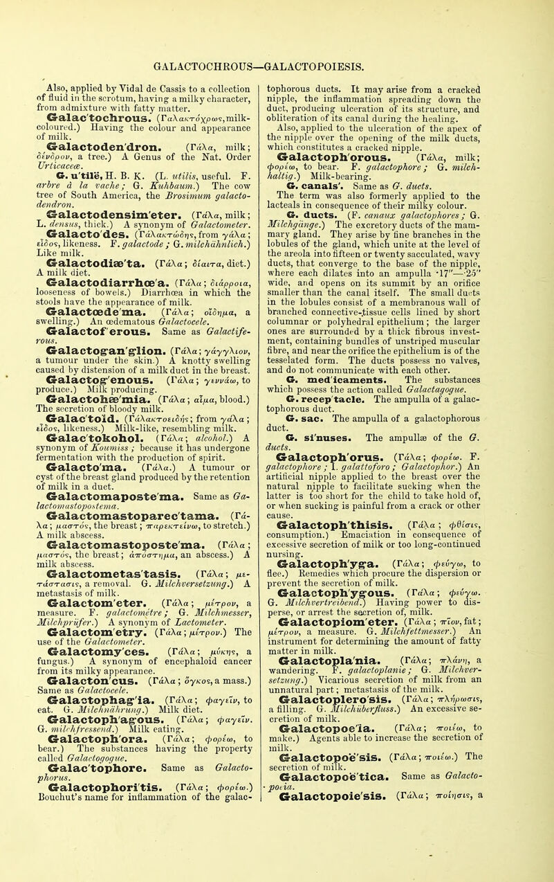 GALACTOCHROUS—GALACTOPOIESIS. Also, applied by Vidal de Cassis to a collection of fluid in the scrotum, having a milky character, from admixture with fatty matter. G-alac'tOChl'OUS. (TaXaKToxpws,milk- coloured.) Having the colour and appearance of milk. Cralactoden'dron. (TdXa, milk; StvSpuv, a tree.) A Genus of the Nat. Order Urticacece. G. u'tile.H. B. K. (L. utilis, useful. F. arbre d la vache; G. Kuhbaum.) The cow tree of South America, the Brosimum galacto- dendron. G-alactodensim'etcr. (TdXa, milk; L. densus, thick.) A synonym of Galactometer. CralactO'deSi (rdXa/cTu>6t|?, from ydXa; £i^o9, likeness. F. galactode ; Q.milchahnlich.) Like milk. GalactodiaVta. (M«; <5 laiTd, diet.) A milk diet. Galactodiarrhoe'a. (TdXa; Sidppoia, looseness of bowels.) Diarrhoea in which the stools have the appearance of milk. Galactoede'ma. (r<;,\<i; o'lSnp-a, a swelling.) An oedematous Galactocele. Galactof erous. Same as Galactife- rous. G-alactOg'an'g'liOIl. (TdXa; ydyyXiov, a tumour under the skin.) A knotty swelling caused by distension of a milk duct in the breast. G-alaCtOgT'enOUS. (TdXa ; ytvvdw, to produce.) Milk producing. GalactolieD'mia. (TdXa ; alfia, blood.) The secretion of bloody milk. Cralac'tOxd. (rdXaKTOEttSjjs; from ydXa; eLJos, likeness.) Milk-like, resembling milk. Cs-alaetokoliol. {TdXa; alcohol.) A synonym of Koumiss ; because it has undergone fermentation with the production of spirit. Cralacto'ma. (TdXa.) A tumour or cyst of the breast gland produced by the retention of milk in a duct. Galactoraaposte ma. Same as Ga- lactomustopostema. Galactomastoparec'tama. (Ta- Xa ; fia<TTos, the breast; iraptnTtivio, to stretch.) A milk abscess. Galactomastcposte'ma. (TdXa; /uhttos, the breast; dird<rT-)j/ua, an abscess.) A milk abscess. G-alactometas tasis. (TaXa; fie- Tao-Tacris, a removal. G. Milchversetzung.) A metastasis of milk. Galactom eter. (TdXa; /itrpov, a measure. F. galactometre; G. Milchmesser, Milchpriifer.) A synonym of Lactometer. G-alactom etry. (rdXa; yutVpof.) The use of the Galactometer. Cs-alactomy'ees. (TdXa; /xuKtjs, a fungus.) A synonym of encephaloid cancer from its milky appearance. G-alacton cus. (TdXa; oy<cos, a mass.) Same as Galactocele. CJala'BtopSiag''ia. (TdXa; <payiiv,to eat. G. Milchndhrung.) Milk diet. GalactOph'ag'OUS. (TdXa; qaytiv. G. milrhfressend.) Milk eating. Galactoph'ora. (rdXa; <pop{<o, to bear.) The substances having the property called Galactogogue. G-alac'tophore. Same as Galacto- phorus. G-alactophori tis. (TdXa; <popla>.) Bouchut's name for inflammation of the galac- tophorous ducts. It may arise from a cracked nipple, the inflammation spreading down the duct, producing ulceration of its structure, and obliteration of its canal during the healing. Also, applied to the ulceration of the apex of the nipple over the opening of the milk ducts, which constitutes a cracked nipple. G-alactoph orous. (TdXa, milk; (poptw, to bear. F. galactophore; G. milch- haltig.) Milk-bearing. G. canals'. Same as G. duets. The term was also formerly applied to the lacteals in consequence of their milky colour. O. ducts. (F. canaux galactophores; G. Milchgiinge.) The excretory ducts of the mam- mary gland. They arise by tine branches in the lobules of the gland, which unite at the level of the areola into fifteen or twenty sacculated, wavy ducts, that converge to the base of the nipple, where each dilates into an ampulla il7—•■25 wide, and opens on its summit by an orifice smaller than the canal itself. The small dui'ts in the lobules consist of a membranous wall of branched connective-tissue cells lined by short columnar or polyhedral epithelium ; the larger ones are surrounded by a thick fibrous invest- ment, containing bundles of unstriped muscular fibre, and near the orifice the epithelium is of the tesselated form. The ducts possess no valves, and do not communicate with each other. G. med icaments. The substances which possess the action called Galactagogue. G. recep'tacle. The ampulla of a galac- tophorous duct. G. sac. The ampulla of a galactophorous duct. G. si'nuses. The ampullae of the G. ducts. Galactoph'orus. (TdXa; <popiu>. F. galactophore ; I. galattoforo; Galactophor.) An artificial nipple applied to the breast over the natural nipple to facilitate sucking when the latter is too short for the child to take hold of, or when sucking is painful from a crack or other cause. G-alactoph'thisis. (TdXa; (peia-^, consumption.) Emaciation in consequence of excessive secretion of milk or too long-continued nursing. Ca-alaCtOph'yg'a. (r«Xce; <\>tvyto, to flee.) Remedies which procure the dispersion or prevent the secretion of milk. GalactOpll'yg-OUS. (TdXa; (ptvyui. G. Mdchvertreibend?) Having power to dis- perse, or arrest the secretion of, milk. G-alactopiom eter. (TdXa; irUv, fat; fieTpov, a measure. G. Milchfettmesser.) An instrument for determining the amount of fatty matter in milk. G-alactoplania. (TdXa; TrX&vn, a wandering. F. galactoplanie; G. Milchver- setzung.) Vicarious secretion of milk from an unnatural part; metastasis of the milk. Cralactoplero'SiS. (TdXa; TrXvpuHns, a filling. G. Milchhberfluss.) An excessive se- cretion of milk. d-alactopoe'ia. (TdXa; iroiiw, to make.) Agents able to increase the secretion of milk. Galactopoie'sis. (TdXa; -n-ottV) The secretion of milk. G-alactopoe'tica. Same as Galacto- ■ potia. Galactopoie'sis. (TuXa; irotijo-is, a