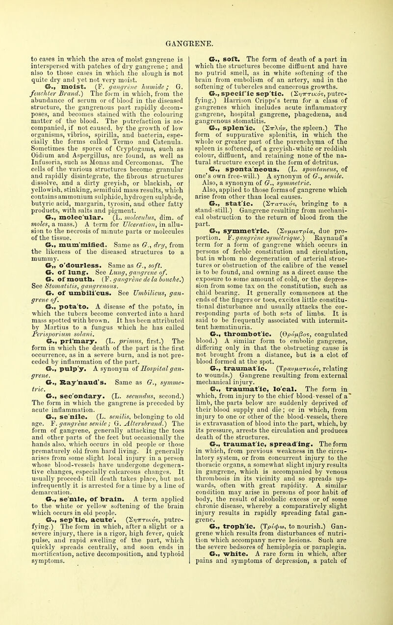 GANGRENE. to caoes in which the area of moist gangrene is interspersed with patches of dry gangrene; and also to those cases in which the slough is not quite dry and yet not very moist. &., moist. (F. gangrene humide; G. feuchter Brand.) The form in which, from the abundance of serum or of blood in the diseased structure, the gangrenous part rapidly decom- poses, and becomes stained with the colouring matter of the blood. The putrefaction is ac- companied, if not caused, by the growth of low organisms, vibrios, spirilla, and bacteria, espe- cially the forms called Termo and Catenula. Sometimes the spores of Cryptogams, such as Oidium and Aspergillus, are found, as well as Infusoria, such as Slonas and Cercomonas. The cells of the various structures become granular and rapidly disintegrate, the fibrous structures dissolve, and a dirty greyish, or blackish, or yellowish, stinking, semifluid mass results, which contains ammonium sulphide, hydrogen sulphide, butyric acid, margarin, tyrosin, and other fatty products, with salts and pigment. C, molec'ular. (L. molecuhts, dim. of moles, a mass.) A term for Ulceration, in allu- sion to the necrosis of minute parts or molecules of the tissue. G., mum mified. Same as 67., dry, from the likeness of the diseased structures to a mummy. G>, o'dourless. Same as 67., soft. G. of lung1. See Lung, gangrene of. G. of mouth. (F. gangrene de la boiiche.) See Stomatitis, gangrenous. G. of umbili'cus. See Umbilicus, gan- grene of. G., pota'to. A disease of the potato, in which the tubers become converted into a hard mass spotted with brown. It has been attributed by Martius to a fungus which he has called Ferisporium solani. G., pri'mary. (L. primus, first.) The form in which the death of the part is the first occurrence, as in a severe burn, and is not pre- ceded by inflammation of the part. G., pulp y. A synonym of Hospital gan- grene. G., Ray naud's. Same as 67., symme- tric. G., sec'ondary. (L. seeundus, second.) The form in which the gangrene is preceded by acute inflammation. G., senile. (L. senilis, belonging to old age. F. gangrene senile; G. Altersirand.) The form of gangrene, generally attacking the toes and other parts of the feet but occasionally the hands also, which occurs in old people or those prematurely old from hard living. It generally arises from some slight local injury in a person whose blood-vessels have undergone degenera- tive changes, especially calcai'eous changes. It usually proceeds till death takes place, but not infrequently it is arrested for a time by a line of demarcation. G., se'nile, of brain. A term applied to the white or yellow softening of the brain which occurs in old people. G., sep'tic, acute'. (Siiittiko's, putre- fying.) The form in which, after a slight or a severe injury, there is a rigor, high fever, quick pulse, and rapid swelling of the part, which quickly spreads centrally, and soon ends in mortification, active decomposition, and typhoid symptoms. G., soft. The form of death of a part in which the structures become diffluent and have no putrid smell, as in white softening of the brain from embolism of an artery, and in the softening of tubercles and cancerous growths. G., specific sep'tic. (Siju-tucos, putre- fying.) Harrison Cripps's term for a class of gangrenes which includes acute inflammatory gangrene, hospital gangrene, phagedasna, and gangrenous stomatitis. G., splen'ic. (S-n-Xw, the spleen.) The form of suppurative splenitis, in which the whole or greater part of the parenchyma of the spleen is softened, of a greyish-white or reddish colour, diffluent, and retaining none of the na- tural structure except in the form of detritus. G., spontaneous. (L. spontaneus, of one's own free-will.) A synonym of 67., senile. Also, a synonym of 67., symmetric. Also, applied to those forms of gangrene which arise from other than local causes. G., stat'ic. (Stcctikos, bringing to a stand-still.) Gangrene resulting from mechani- cal obstruction to the return of blood from the part. G., symmet'ric. (EvfiniTpia, due pro- portion. F.gangrene symetrique.) Raynaud's term for a form of gangrene which occurs in persons of feeble constitution and circulation, but in whom no degeneration of arterial struc- tures or obstruction of the calibre of the vessel is to be found, and owning as a direct cause the exposure to some amount of cold, or the depres- sion from some tax on the constitution, such as child bearing. It generally commences at the ends of the fingers or toes, excites little constitu- tional disturbance and usually attacks the cor- responding parts of both sets of limbs. It is said to be frequently associated with intermit- tent hsematinuria. G., thrombot'ic. (9poju/3o9, coagulated blood.) A similar form to embolic gangrene, differing only in that the obstructing cause is not brought from a distance, but is a clot of blood formed at the spot. G., traumatic. (Tpau/iaTi/cos, relating to wounds.) Gangrene resulting from external mechanical injury. G.i traumat'ic, local. The form in which, from injury to the chief blood-vessel of a* limb, the parts below are suddenly deprived of their blood supply and die; or in which, from injury to one or other of the blood-vessels, there is extravasation of blood into the part, which, by its pressure, arrests the circulation and produces death of the structures. G., traumat'ic, spread ing-. The form in which, from previous weakness in the circu- latory system, or from concurrent injury to the thoracic organs, a somewhat slight injury results in gangrene, which is accompanied by venous thrombosis in its vicinity and so spreads up- wards, often with great rapidity. A similar condition may arise in persons of poor habit of body, the result of alcoholic excess or of some chronic disease, whereby a comparatively slight injury results in rapidly spreading fatal gan- grene. G., troph'ic. (T/n'^u), to nourish.) Gan- grene which results from disturbances of nutri- tion which accompany nerve lesions. Such are the severe bedsores of hemiplegia or paraplegia. G., white. A rare form in which, after pains and symptoms of depression, a patch of