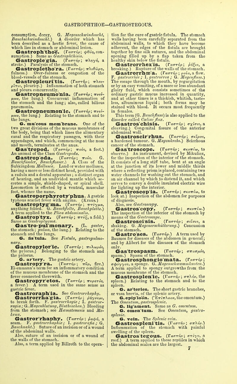 GASTROPHTHOE—GASTROSTEGOUS. consumption, decay. G. Magenschwindsueht, Bauclischwindsucht.) A disorder which has been described as a hectic fever, the cause of which lies in stomach or abdominal lesion. Gastroph'thoe. (TaerTvp) <pt)o'i;, con- sumption.) Same as Gastrophthisis. Gastrople g-ia. (iw<r»}p; irMyv, a stroke.) Paralysis of the stomach. Gastropletho'ra. (Tamrip; -n-Xtd^pv, fulness.) Over-fulness or congestion of the blood-vessels of the stomach. Gastropleuri tis. (Tao-Tvp; irkev pl-ris, pleurisy.) Inflammation of both stomach and pleura concurrently. Gastropneumonia. (Taa-rvp; nrvti- pt»v, the lung.) Concurrent inflammation of the stomach and the lung; also, called bilious pneumonia. Gastropneumon'ic. (ramvp; irvtv- puiii, the lung.) Relating to the stomach and to the lungs. G. mu'cous mem'brane. One of the two great divisions of the mucous membranes of the body, being that which lines the alimentary canal and the inspiratory passages, with their appendages, and which, commencing at the nose and mouth, terminates at the anus. Gastropod. (Tao-Ttp; ttovi, a foot.) An animal of the Class Gastropoda. Gastropoda. (TaaTnp; ttovs. G. Bauchfiissler, Bauchjlosser.) A diss of the Subkingdom Mollusca. Land or water molluscs, having a more or less distinct head, provided with a radula and a dental apparatus ; a distinct organ of hearing, and an undivided mantle which se- cretes a simple, shield-shaped, or spiral shell. Locomotion is effected by a ventral, muscular foot, whence the name. Gastroporphyroty'phus. Agastric typhous scarlet fever with angina. (Kraus.) Gastroptyg-'ma. (r anything folded. G. Bauchfulte, Bauchplatte.) A term applied to the Plica abdominalis. G-aStrop'tyX. (Jamnp ; tt™£, a fold.) Same as Gastroptyr/ma. Gas tro-pulmonary. (L. gaster, the stomach ; pulmo, the lung.) Relating to the stomach and the lungs. G. fis tula. See Fistula, gastropulmo- nary. Gastropylor'ic. (ravTijp; TnAoipo's, the pylorus.) Belonging to the stomach and the pylorus. G. ar'tery. The gastric artery. Gastropy'ra. (rao-rjjp; •n-Dp, fire.) Ei-enmann's term for an inflammatory condition of the mucous membrane of the stomach and the fever connected therewith. GaStropyr'etOS. (Tarn-rip ; TrupE-ro's, a fever.) A term used in the same sense as gastric fever. Gastroraph'ia. See Gastrorrhaphy. Gastrorrha g-ia. ( TatrTrip ; prjyvvpi, to break forth. F. gastrorrhagie; I. gastror- ragia; G.Magenblutung,Blutbrechen.) Bleeding from the stomach; see Hcematemesis and Me- Icena. Gastror'rhaphy. (Tamnp ; pa<ph, a seam. F. gastrorrhaphie; I. gastrorafia ; G. Bauchnaht.) Suture of an incision or of a wound of the abdominal walls. Also, suture of an incision or of a wound of the walls of the stomach. Also, a term applied by Billroth to the opera- tion for the cure of gastric fistula. The stomach walls having been carefully separated from the abdominal walls, to which they have become adherent, the edges of the fistula are brought together by fine silk sutures, and the abdominal opening filled up by a flap taken from the healthy skin below the fistula. Gastrorrhex is. (rao-TiJp; pn^, a breaking.) Rupture of the walls of the stomach. Cs-astrOrrSlQS'a. (Yacnnp ; poia, a flow. F. gastrorrhee ; I. gastrorrca ; G. Magenfluss.) The escape through the mouth, by regurgitation or by an easy vomiting, of a more or less abundant glairy fluid, which consists sometimes of the ordinary gastric mucus increased in quantity, and at other times is a thickish, whitish, taste- less, albuminous liquid; both forms may be stained with blood. It occurs most frequently in females. This term (G. Bauehfluss) is also applied to the disorder called Cmliac flux. Gastros'chisis. (rao-r^p; o-xnris, a cleaving.) Congenital fissure of the anterior abdominal wall. Gastroscirrhus, (Tavrnp; ax'tpo?, a hardened tumour. G. Magenkrebs.) Scirrhous cancer of the stomach. Gas'trOSCOpe. (Tucnnp; (TKoTriw, to observe.) An instrument, devised by Mikulicz, for the inspection of the interior of the stomach. It consists of a long stiff tube, bent at an angle at the junction of its lower and middle thirds where a reflecting prism is placed, containing two water channels for washing out the stomach, and an air channel by which to distend it, and which serves to convey a double insulated electric wire for lighting up the interior. GaStrOSCOp'ia. (Yaan-hp ; o-kottew, to look at.) Inspection of the abdomen for purposes of diagnosis. Also, see Gastroscopy. Gastros'copy. (Vckttvp ; o-kottem.) The inspection of the interior of the stomach by means of the Gastroscope. Gastrosei'sis. [YauThp; o-eTo-is, a shaking. G. Jdagenerschiitterung.) Concussion of the stomach. Gastro'seS. (Taa-Tijp.) A term used by Baumes for diseases of the abdomen in general; and by Alibert for the diseases of the stomach only. Gas'trO Spasm. (Tainnp; airao-nos, spasm.) Spasm of the stomach. Gastrosphong'io'mata. (r«<7T?)p; o-fpoyyos, a sponge. G. Magensehwammknoten.) A term applied to spongy outgrowths from the mucous membrane of the stomach. GaStrOSplen'iC. (fao-nip ; cnrXi'iv, the spleen.) Relating to the stomach and to the spleen. G. ar'teries. The short gastric branches, or vasa brevia, of the splenic artery. G. epip'loon. (' E-!ri7r\oov, the omentum.) The Omentum, gastrosplenie. G. lig'ament. Same as G. omentum. G. omen tum. See Omentum, gastro- splenie. G. vein. The Splenic vein. Gastrospleni'tis. (r«o~rw; <nr\w.) Inflammation of the stomach with painful swelling of the spleen. GaStrOS'teffOUS. (rao-n'^; artyv, a roof.) A term applied to those reptiles in which the abdominal scales are the largest.