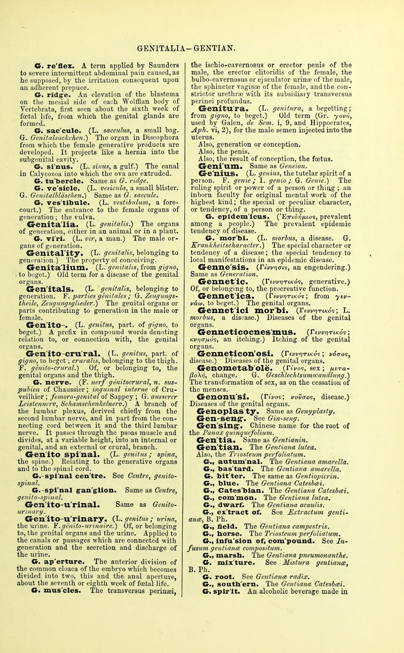 GENITALIA— GENTIAN. G. re'flex. A terra applied by Saunders to severe intermittent abdominal pain caused, as he supposed, by the irritation consequent upon an adherent prepuce. G. ridge. An elevation of the blastema on the mesial side of each Wolffian body of Vertebrata, first seen about the sixth week of foetal life, from which the genital glands are formed. G. sac'cule. (L. sacculus, a small bag. G. Genitalsiickchen.) The organ in Discophora from which the female generative products are developed. It projects like a hernia into the subgenital cavity. G. si'nus. (L. sinus, a gulf.) The canal in Calycozoa into which the ova are extruded. G. tu'bercle. Same as G. ridge. G. ve'sicle. (L. vesicula, a small blister. G. Gcnitalbldschen.) Same as G. saccule. G. ves'tibule. (L. vestibulum, a fore- court.) The entrance to the female organs of generation; the vulva. Genitalia. (L. genitalis.) The organs of generation, either in an animal or in a plant. G. vi'ri. (L. vir, a man.) The male or- gans of generation. Genital'ity. (L. genitalis, belonging to generation.) The property of conceiving. Crenita'lium. (L. genitalis, from gigno, , to beget.) Old term for a disease of the genital organs. Cs-en'itals. (L. genitalis, belonging to generation. F. parties genitales ; G. Zeugungs- theile, Zeugimgsglieder.) The genital organs or parts contributing to generation in the male or female. Cten'itO-. (L. genitus, part, of gigno, to beget.) A prefix in compound words denoting relation to, or connection with, the genital organs. G-en'ito cru ral, (L. genitus, part, of gigno, to beget; cruralis, belonging to the thigh. F. genito-crural.) Of, or belonging to, the genital organs and the thigh. G. nerve. (F. nerf genitocrural, n. sus- pubien of Chaussier; inguinal interne of Cru- veilhier ; femoro-genital of Sappey ; G. ausserer Leistennerv, Schamschenkelnerv.) A branch of the lumbar plexus, derived chiefly from the second lumbar nerve, and in part from the con- necting cord between it and the third lumbar nerve. It passes through the psoas muscle and divides, at a variable height, into an internal or genital, and an external or crural, branch. G-en'ito spi'nal. (L. genitus ; spina, the spine.) Relating to the generative organs and to the spinal cord. G.-spi'nal cen'tre. See Centre, genito- spinal. G. spi'nal gan glion. Same as Centre, genito-spinal. Cren'itO-u'rinal. Same as Genito- urinary. Gen'ito-u'rinary. (L. genitus; urina, the urine. F.genito-urinaire.) Of, or belonging to, the genital organs and the urine. Applied to the canals or passages which are connected with generation and the secretion and discharge of the urine. G. ap'erture. The anterior division of the common cloaca of the embryo which becomes divided into two, this and the anal aperture, about the seventh or eighth week of foetal life. G. mus cles. The transversus perineei, the ischio-eavernosus or erector penis of the male, the erector clitoridis of the female, the bulbo-cavernosus or ejaculator urina? of the male, the sphincter vaginae of the female, and the con- strictor urethra; with its subsidiary transversus perinei profundus. GrenitU'ra. (L. genitura, a begetting; from gigno, to beget.) Old term (Gr. yovn, used by Galen, de Sem. i, 9, and Hippocrates, Aph. vi, 2), for the male semen injected into the uterus. Also, generation or conception. Also, the penis. Also, the result of conception, the foetus. Creni'um. Same as Geneion. Cs-e'nius. (L. genius, the tutelar spirit of a person. F. genie ; I. genio ; G. Genie.) The ruling spirit or power of a person or thing ; an inborn faculty for original mental work of the highest kind; the special or peculiar character, or tendency, of a person or thing. G. epidem'icus. ('E-n-tfi/j/utos, prevalent among a people.) The prevalent epidemic tendency of disease. G. mor'bi. (L. morbus, a disease. G. Krankheitscharacter.) The special character or tendency of a disease; the special tendency to local manifestations in an epidemic disease. Cs-enne'sis. (Tiwnais, an engendering.) Same as Generation. G-ennetic. (Ttw^Tucos, generative.) Of, or belonging to, the procreative function. Gennet'ica. {T^wn-ruco?; from ytv- vaui, to beget.) The genital organs. Gennet ici mor'bi. (TtwnTiKo?; L. morbus, a disease.) Diseases of the genital organs. Genneticocnes'mus, (Tc.vvnTiK6<s; Kvtja-fioi, an itching.) Itching of the genital organs. G-enneticon osi. (rti/utjTtKos; v6<ro?, disease.) Diseases of the genital organs. Genome tab'ole. (IV1/09, sex ; ixi-ra- /3oAj;, change. G. Geschlechtsumwandlung.) The transformation of sex, as on the cessation of the menses. CJenonu'si. (Ttuo$; i/oOo-os, disease.) Diseases of the genital organs. G-enoplas'ty. Same as Genyplasty. Cten-seng*. See Ginseng. Gen'sing'. Chinese name for the root of the Panax quinquefolium. Gen'tia. Same as Gentianin. Gentian. The Gentiana lutea. Also, the Triosteum perfoliatum. G., autum nal. The Gentiana amarella. G., bas'tard. The Gentiana amarella. G. bit'ter. The same as Gentiopicrin. G., blue. The Gentiana Catesbcei. G., Cates'bian. The Gentiana Catesbmi. G., com mon. The Gentiana lutea. G., dwarf. The Gentiana acaulis. G., ex'tract of. See Extractum genti- ana, B. Ph. G., field. The Gentiana campestris. G., norse. The Triosteum perfoliatum. G., lnfu'sion of, com pound. See In- fusum gentiana compositum. G., marsh. The Gentiana pneumonanthe. G. mixture. See Ifistura gentiance, B. Ph. G. root. See Gentiance radix. G., south'ern. The Gentiana Catesbcei. G. spir'lt. An alcoholic beverage made in