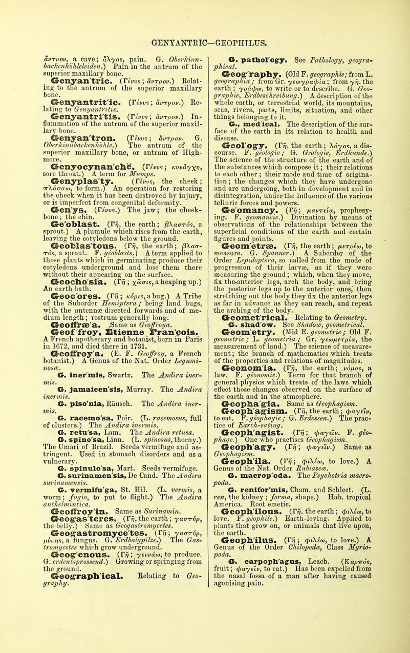 GENYANTRIC- !—GEOPHTLTJS. avTpov, a cave; r\yos, pain. G. Oberkhm- backenhohleleiden.) Pain in the antrum of the superior maxillary bone. Kenyan trie. (TeVus; avrpov.) Relat- ing to the antrum of the superior maxillary bone. Ca-enyantrit'ic. (Tivvs; avrpov.) Re- lating to Genyantritis. Genyaiitri'tis. (r£W; avrpov.) In- flammation of the antrum of the superior maxil- lary bone. Genyan'tron. (r£W; avrpov. G. Oberkinnbackenlibhle.) The antrum of the superior maxillary bone, or antrum of High- more. Gcnyocynan'che. (Tims; Kw&yxn, sore throat.) A term for Mumps. Genyplas'ty. (riVus, the cheek; ifkdaaui, to form.) An operation for restoring the cheek when it has been destroyed by injury, or is imperfect from congenital deformity. Genys. (rtW.) The jaw; the cheek- bone ; the chin. CS-e'oblast. (r^, the earth; j3\acn-o's, a sprout.) A plumule which rises from the earth, leaving the cotyledons below the ground. GeoMastOUS. (rij, the earth; fiXao-- tos, a sprout. F. geoblaste.) A term applied to those plants which in germinating produce their cotyledons underground and lose them there without their appearing on the surface. Geocho'sia. (r?;; x><rts, a heaping up.) An earth bath. G-eoc'ores. (r^ ; ko'/hs, a bug.) A Tribe of the Suborder Eemiptera; being land bugs, with the antennae directed forwards and of me- dium length; rostrum generally long. CrCOit 1'ac a. ,Same as Geoffroya. Geof'froy, Etienue Francois. A French apothecary and botanist, born in Paris in 1672, and died there in 1731. Creoftroy'a. (E. F. Geoffroy, a French botanist.) A Genus of the Nat. Order Legumi- noses. G. inermis, Swartz. The Anclira iner- mis. G. jamaicen'sis, Murray. The Andira inermis. G. piso'nia, Riiusch. The Andira iner- mis. G. racemo'sa, Poir. (L. racemosus, full of clusters.) The Andira inermis. G. retu'sa, Lam. The Andira retusa. G. spino'sa, Linn. (L. spinosus, thorny.) The Umari of Brazil. Seeds vermifuge and as- tringent. Used in stomach disorders and as a vulnerary. G. spinulo'sa, Mart. Seeds vermifuge. G. surinamen'sis, De Cand. The Andira surinamensis. G. vermifu'g'a, St. Hil. (L. vermis, a worm; fngio, to put to flight.) The Andira anthelmintica. Geoffroy'in. Same as Surinamin. GeogaS'tereS. (Jn,the earth ; yaa-rnp, the bell}'.) Same as Geogastromyeetes. Geogastromyce tes. (Tf;; yaarrip, yui/Kijs, a fungus. G. Erdbalgpilze.) The Gas- tromycetes which grow underground. Geog'eilOUS. (Vrj; yivvaus, to produce. G. erdentsprossend.) Growing or springing from the ground. Geographical. Relating to Geo- graphy. G. pathology. See Pathology, geogra- phical. Geog/'raphy. (Old F. geographic; from L. geographia ; from Gr. ytuiypacpia ; from yi), the earth ; ypatpm, to write or to describe. G. Geo- graphic, Erdbeschreibung.) A description of the whole earth, or terrestrial world, its mountains, seas, rivers, parts, limits, situation, and other things belonging to it. G., medical. The description of the sur- face of the earth in its relation to health and disease. GeoTogy. (Vfj, the earth; Xoyos, a dis- course. F. geologie ; G. Geologic, Erdkunde.) The science of the structure of the earth and of the substances which compose it; their relations to each other ; their mode and time of origina- tion ; the changes which they have undergone and are undergoing, both in development and in disintegration, under the influence of the various telluric forces and powers. Geomancy. (r^; navrda, prophesy- ing. F. geomancie.) Divination by means of observations of the relationships between the superficial conditions of the earth and certain figures and points. Geom'etrae. (r?~), the earth; utTplw, to measure. G. Spanner.) A Suborder of the Order Lrpidoptera, so called from the mode of progression of their larvse, as if they were measuring the ground; which, when they move, fix the.anterior legs, arch the body, and bring the posterior legs up to the anterior onesj then stretching out the body they fix the anterior legs as far in advance as they can reach, and repeat the arching of the body. Geomet'rical. Relating to Geometry. G. shadow. See Shadow, geometrical. Geom etry. (Mid E. geometrie; Old F. geometrie; L. geometria; Gr. ytwutTpia, the measurement of land.) The science of measure- ment; the branch of mathematics which treats of the properties and relations of magnitudes. Geonom'ia. (rij, the earth; i/d/ios, a law. F. geonomie.) Term for that branch of general physics which treats of the laws which effect those changes observed on the surface of the earth and in the atmosphere. Geopha'gia. Same as Geophagism. Geoph'agism. (rij, the earth; cpaye'iv, to eat. F.geophagie; G. Erdessen.) The prac- tice of Earth-eating. Geoph'agist. (rij; <payuv. F. geo- phage.) One who practises Geophagism. Geoph'agy. (rij; <payt~iv.) Same as Geophagism. Geoph/ila. (rij; (piklw, to love.) A Genus of the Nat. Order JRubiacece. G. macrop'oda. The Psychotria macro- poda. G. renifor'mis, Cham, and Schlect. (L. ren, the kidney ; forma, shape.) Hab. tropical America. Root emetic. Geoph'ilOUS. (Tij, the earth; cpCKtui, to love. F. geophile.) Earth-loving. Applied to plants that grow on, or animals that live upon, the earth. Geoph'ilus. (rij; ^iXe'w, to love.) A Genus of the Order Chilopoda, Class Myrio- poda. G. carpoph'ag-us, Leach. (Kapiros, fruit; (paytiv, to eat.) Has been expelled from the nasal fossa of a man after having caused agonising pain.