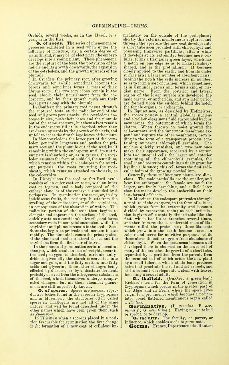 GERMINATIVE—GEHMS. Orchids, several weeks, as in the Hazel, or a year, as in the Firs. C of seeds. The scries of phenomena or processes exhibited in a seed when under the influence of moisture, air, a certain degree of warmth, and, it may be, of electricity, the embryo develops into a young plant. These phenomena are the rupture of the testa, the protrusion of the radicle and its growth downwards, the expansion of the cotyledons, and the growth upwards of the plumule. In Cyeadese the primary root, after growing downwards for awhile, sometimes becomes tu- berous and sometimes forms a mass of thick fibrous roots; the two cotyledons remain in the seed, absorb their nourishment from the en- dosperm, and by their growth push out their basal parts along with the plumule. In Coniferas the primary root passes through the ruptured testa at the radicular end of the seed and grows persistently, the cotyledons in- crease in size, push their bases and the plumule out of the same aperture, but themselves remain in the endosperm till it is absorbed, when they are drawn upwards by the growth of the axis, and unfold to act as the first foliage leaves of the plant. In Monocotyledons the lower part of the coty- ledon generally lengthens and pushes the pri- mary root and the plumule out of the seed, itself remaining within the endosperm until its nutri- ent part is absorbed ; or, as in grasses, the coty- ledon assumes the form of a shield, the scutellum, which remains within the endosperm for nutri- ent purposes, the roots rupturing the root- sheath, which remains attached to the axis, as the coleorrhiza. In Dicotyledons the seed or fertilised ovule consists of an outer coat or testa, with an inner coat or tegmen, and a body composed of the embryo alone, or of the embryo surrounded by A perisperm. In germination the testa, or, in dry indehiscent fruits, the pericarp, bursts from the swelling of the endosperm, or of the cotyledons, in consequence of the absorption of water. The radicular portion of the axis then begins to elongate and appears on the surface of the seed, quickly attains a considerable length, and forms secondary roots in acropetal succession, while the cotyledons and plumule remain in the seed. Soon these also begin to protrude and increase in size rapidly. The plumule becomes the primary stem of the plant and produces lateral shoots, and the cotyledons form the first pair of leaves. In the process of germination certain chemical changes, which result in loss of weight, occur in the seed; oxygen is absorbed, carbonic anhy- dride is given off; the starch is converted into sugar and gum, and the fatty matters into fatty acids and glycerin; these latter changes being effected by diastase, or by a diastatic ferment, probably derived from the nitrogenous substances of the seed, which themselves undergo compli- cated changes; but all these chemical pheno- mena are still imperfectly known. G. of spores. Spores are asexual repro- ductive bodies found in the vascular Cryptogams and in Muscinese; the structures often called spores in Thallogens are not all of the same nature, and will be found described under the other names which have been given them, such as Zygospore. In Filicineaa when a spore is placed in a posi- tion favourable for germination the first change is the formation of a new coat of cellulose im- mediately on the outside of the protoplasm ; shortly this external membrane is ruptured, and through the aperture the new coat develops into a short tube soon provided with chlorophyll and possessing transverse partitions; after a while it develops at its extremity, becomes more cel- lular, forms a triangular green layer, which has a notch on one edge so as to make it kidney- shaped, and is the prothallium. It becomes closely applied to the earth, and from its under surface arise a large number of absorbent hairs ; behind the notch the cells increase in number, so as to form a sort of cushion, which sometimes, as in Osmunda, grows and forms a kind of me- dian nerve. From the posterior and lateral region of the lower surface are developed the male organs, or antheridia, and at a later period are formed upon the cushion behind the notch the female organs, or archegonia. In Equisetineaa, as described by Hofmeister, the spores possess a central globular nucleus and a yellow oleaginous fluid surrounded by four membranes, the outermost of which forms the elaters. When thrown on moist ground the cell-contents and the innermost membrane ex- pand and rupture the other membranes, protru- ding in the form of a transparent process con- taining numerous chlorophyll granules. The nucleus quickly vanishes, and two new ones make their appearance, separated by a septum into two unequal cells, the larger and anterior containing all the chlorophyll granules, the smaller and posterior containing a finely granular hyaline substance; this cell forms the first radi- cular hairs of the growing prothallium. Generally these rudimentary plants are dioe- cious. The male prothallia are the smaller, and bear the archegonia; the female are much the larger, are freely branching, and a little later than the males develop the antheridia on their last-formed offshoots. In Muscineaj the endospore protrudes through a rupture of the exospore, in the form of a tube, which grows from its extremity and becomes divided by transverse septa; at each articula- tion is given off a septally divided tube like the first, which itself also branches several times, and therefrom results a confervoid mass of fila- ments called the protonema; those filaments which grow into the earth become brown in colour and serve for nutritive purposes, while those above the soil are green from abundance of chlorophyll. When the protonema becomes well developed there is observed on the lower cell of many of the branches the growth of a short tube, separated by a partition from the parent, from the terminal cell of which arises the new plant by a small tubercle, which at its base produces hairs that penetrate the soil and act as roots, and at its summit develops into a stem with leaves, becoming a sexual adult. C, thalloid. (9aX\ds, a green leaf.) Richard's term for the form of generation in Cryptogams which occurs in the greater part of the Alga? and in Ferns, where the spore gives origin to a prominence which becomes a pedicu- lated, broad, flattened membranous organ called a Thai his. CSer minative. (L. germino. F. gcr- minatif; G. keimfdhig.) Having power to bud or sprout, or to develop. G. fac'ulty. The faculty, or power, or influence, which enables seeds to germinate. SertUSi France, Departement des Hautes-