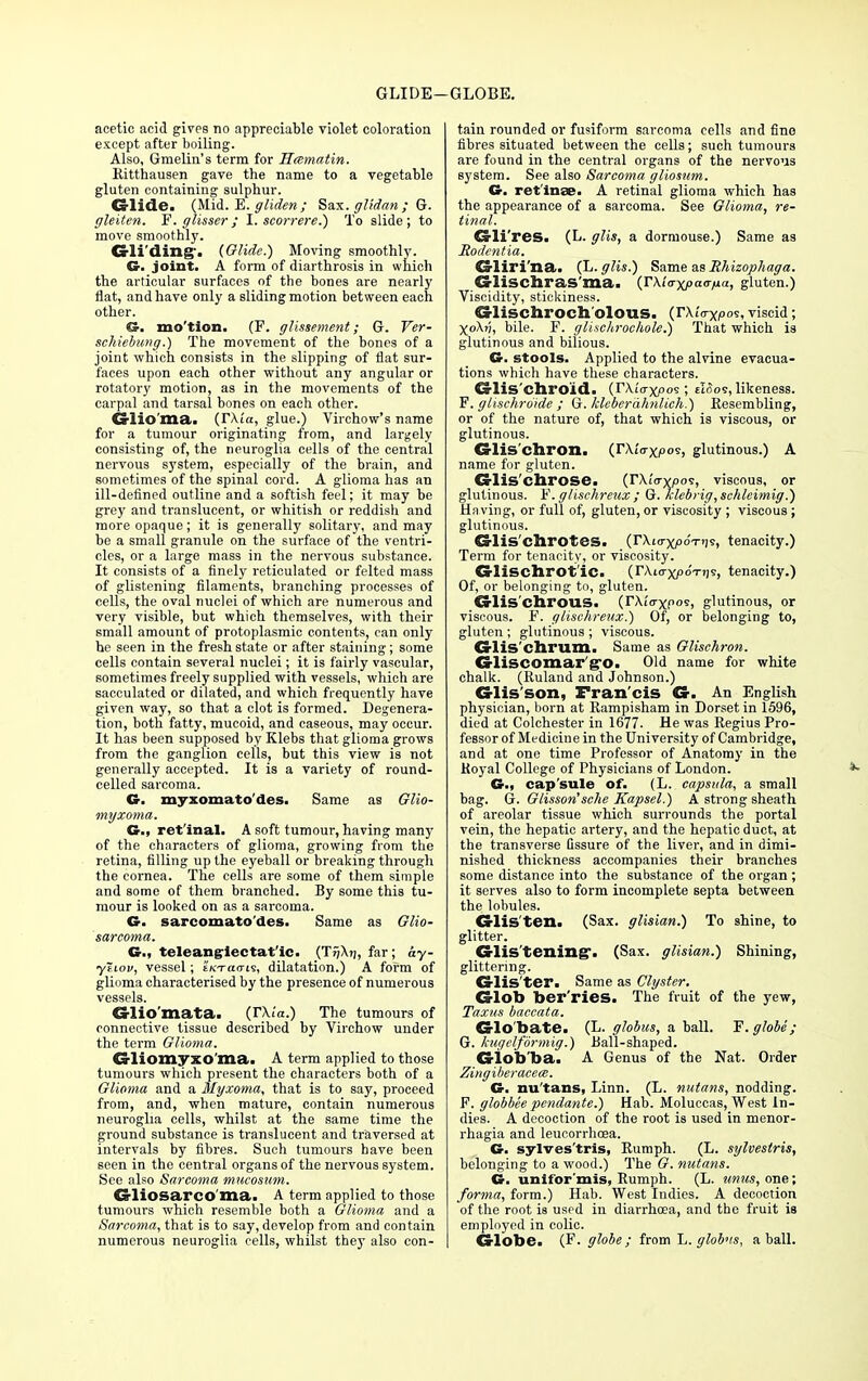 GLIDE- GLOBE. acetic acid gives no appreciable violet coloration except after boiling. Also, Gmelin's term for Hcematin. Ritthausen gave the name to a vegetable gluten containing sulphur. Glide. (Mid. E. gliden; Sax. glidan; G. gleiten. V.glisser; I. scorrere.) To slide; to move smoothly. Gliding'. (Glide.) Moving smoothly. G. joint. A form of diarthrosis in which the articular surfaces of the bones are nearly flat, and have only a sliding motion between each other. G. mo'tion. (F. glissement; G. Ver- schiebung.) The movement of the bones of a joint which consists in the slipping of flat sur- faces upon each other without any angular or rotatory motion, as in the movements of the carpal and tarsal bones on each other. Glio ma. (r\i'a, glue.) Virchow's name for a tumour originating from, and largely consisting of, the neuroglia cells of the central nervous system, especially of the brain, and sometimes of the spinal cord. A glioma has an ill-defined outline and a softish feel; it may be grey and translucent, or whitish or reddish and more opaque; it is generally solitary, and may be a small granule on the surface of the ventri- cles, or a large mass in the nervous substance. It consists of a finely reticulated or felted mass of glistening filaments, branching processes of cells, the oval nuclei of which are numerous and very visible, but which themselves, with their small amount of protoplasmic contents, can only he seen in the fresh state or after staining; some cells contain several nuclei; it is fairly vascular, sometimes freely supplied with vessels, which are sacculated or dilated, and which frequently have given way, so that a clot is formed. Degenera- tion, both fatty, mucoid, and caseous, may occur. It has been supposed by Klebs that glioma grows from the ganglion cells, but this view is not generally accepted. It is a variety of round- celled sarcoma. G. myxomatoses. Same as Glio- myxoma. £»., ret'inal. A soft tumour, having many of the characters of glioma, growing from the retina, filling up the eyeball or breaking through the cornea. The cells are some of them simple and some of them branched. By some this tu- mour is looked on as a sarcoma. G. sarcomatodes. Same as Glio- sareoma. G., teleanglectat'ic. (T»;\ij, far; ay- ytiov, vessel; EKTotcris, dilatation.) A form of glioma characterised by the presence of numerous vessels. Crlio'mata. (rXi'a.) The tumours of connective tissue described by Virchow under the term Glioma. Gliomyxo'ma. A term applied to those tumours which present the characters both of a Glioma and a Myxoma, that is to say, proceed from, and, when mature, contain numerous neuroglia cells, whilst at the same time the ground substance is translucent and traversed at intervals by fibres. Such tumours have been seen in the central organs of the nervous system. See also Sarcoma mucosum. Gliosareo'ma. A term applied to those tumours which resemble both a Glioma and a Sarcoma, that is to say, develop from and contain numerous neuroglia cells, whilst they also con- tain rounded or fusiform sarcoma cells and fine fibres situated between the cells; such tumours are found in the central organs of the nervous system. See also Sarcoma gliosum. G. retinae. A retinal glioma which has the appearance of a sarcoma. See Glioma, re- tinal. Gli'res. (L. glis, a dormouse.) Same as Modentia. ©liri'na. (L. glis.) Same as Rhizophaga. GrliSChraS'ma. (TXior^paaixa, gluten.) Viscidity, stickiness. Glischroch olous. (r\iVxpos, viscid; XoA?7, bile. F. glisclirochole.) That which is glutinous and bilious. G. stools. Applied to the alvine evacua- tions which have these characters. Glis chroid. {r\icrxpo<s; tloos, likeness. F. giischrdide ; G. kleberdhnlich.) Resembling, or of the nature of, that which is viscous, or glutinous. Glis chron. (rAiVxpos, glutinous.) A name for gluten. Glis'chrose. (Du'crvpos, viscous, or glutinous. F. glischreux ; Q.klebrig,schleimig.) Ha ving, or full of, gluten, or viscosity ; viscous; glutinous. Glischrotes. (rWx/ooTijs, tenacity.) Term for tenacity, or viscosity. Glischrot'ic. (rAicrxpo'-njs, tenacity.) Of, or belonging to, gluten. Glis'chroilS. (rAi'<rxp0Sj glutinous, or viscous. F. glischreux.) Of, or belonging to, gluten ; glutinous ; viscous. Glis'chrum. Same as Glischron. Gliscomar'g'O. Old name for white chalk. (Ruland and Johnson.) Glis'son, Francis G. An English physician, born at Rampisham in Dorset in 1596, died at Colchester in 1677. He was Regius Pro- fessor of Medicine in the University of Cambridge, and at one time Professor of Anatomy in the Koyal College of Physicians of London. GM cap'sule of. (L. capsula, a small bag. G. Glisson'sche Kapsel.) A strong sheath of areolar tissue which surrounds the portal vein, the hepatic artery, and the hepatic duct, at the transverse fissure of the liver, and in dimi- nished thickness accompanies their branches some distance into the substance of the organ ; it serves also to form incomplete septa between the lobules. Glis ten. (Sax. glisian.) To shine, to glitter. Glis'tening1. (Sax. glisian.) Shining, glittering. Glis ter. Same as Clyster. Glob ber'ries. The fruit of the yew, Taxus baccata. Glo bate. (L. globus, a ball. F. globe ; G. kugclformig.) Ball-shaped. Glob'ba. A Genus of the Nat. Order Zingiberacece. G. nu'tans, Linn. (L. nutans, nodding. F. globbee pendante.) Hab. Moluccas, West in- dies. A decoction of the root is used in menor- rhagia and leucorrhcea. G. sylves'tris, Rumph. (L. sylvestris, belonging to a wood.) The G. nutans. G. unifor'mis, Rumph. (L. unus, one; forma, form.) Hab. West Indies. A decoction of the root is used in diarrhoea, and the fruit is employed in colic. Globe. (F. globe; from L. globus, a ball.