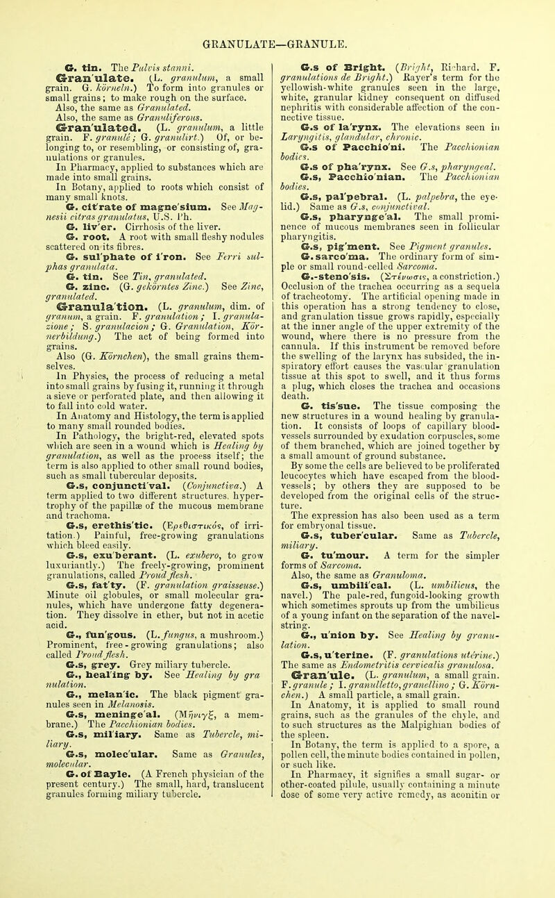GRANULATE—GRANULE. G. tin. The Pulvis stanni. CS-rasi'ulate. (L. granulum, a small grain. G. komeln.) To form into granules or small grains; to make rough on the surface. Also, the same as Granulated. Also, the same as Granuliferous. Crran'ulated. (L. granulum, a little grain. F. granule ; G. granulirt.) Of, or be- longing to, or resembling, or consisting of, gra- nulations or granules. In Pharmacy, applied to substances which are made into small grains. In Botany, applied to roots which consist of many small knots. G. cif rate of magne'sium. See Mag- nesii eitras granulatus, U.S. 1'h. G. liv'er. Cirrhosis of the liver. G. root. A root with small fleshy nodules scattered on its fibres. G. sulphate of i'ron. See Ferri sul- phas granulata. G. tin. See Tin, granulated. G. zinc. (G. gekdrntes Zinc.) See Zinc, granulated. €rranula'tion> (L. granulum, dim. of granum, a grain. F. granulation ; I. granula- zione ; S. granulacion; G. Granulation, Kor- ■nerbildung.) The act of being formed into grains. Also (G. Kornchen), the small grains them- selves. In Physics, the process of reducing a metal into small grains by fusing it, running it through a sieve or perforated plate, and then allowing it to fall into cold water. In Anatomy and Histology, the term is applied to many small rounded bodies. In Pathology, the bright-red, elevated spots which are seen in a wound which is Healing bg granulation, as well as the process itself; the term is also applied to other small round bodies, such as small tubercular deposits. G.s, conjuncti'val. {Conjunctiva.') A term applied to two different structures, hyper- trophy of the papillae of the mucous membrane and trachoma. G.s, erethis'tic. (EpE0icn-iKo's, of irri- tation.) Painful, free-growing granulations which bleed easily. G.s, exu'berant. (L. exubero, to grow luxuriantly.) The freely-growing, prominent granulations, called Proud flesh. G.s, fat'ty. (F. granulation graisseuse.) Minute oil globules, or small molecular gra- nules, which have undergone fatty degenera- tion. They dissolve in ether, but not in acetic acid. G., fun'gous. (L. fungus, a mushroom.) Prominent, free - growing granulations; also called ProiuiJlesh. G.s, grey. Grey miliary tubercle. G., beal'ing by. See Healing bg gra nutation. G., melan'ic. The black pigment gra- nules seen in Melanosis. G.s, meningeal. (M^i/iyf, a mem- brane.) The Pacchionian bodies. G.s, miliary. Same as Tubercle, mi- liary. G.s, molecular. Same as Granules, molecular. G. of Bayle. (A French physician of the present century.) The small, hard, translucent granules forming miliary tubercle. G.s of Bright. (Bright, Richard. F. granulations de Bright.) Rayer's term for the yellowish-white granules seen in the large, white, granular kidney consequent on diffused nephritis with considerable affection of the con- nective tissue. G.s of la'rynx. The elevations seen in Laryngitis, glandular, chronic. G.s of Pacchio'ni. The Pacchionian bodies. G.s of pba'rynx. See G.s, pharyngeal. G.s, Pacchionian. The Pacchionian bodies. G.s, pal'pebral. (L. palpebra, the eye- lid.) Same as G.s, conjunctival. G.s, pharynge'al. The small promi- nence of mucous membranes seen in follicular pharyngitis. G.s, pig'ment. See Pigment granules. G.sarco'ma. The ordinary form of sim- ple or small round-celled Sarcoma. G.-steno'sis. (2t£i/wo-i9, a constriction.) Occlusion of the trachea occurring as a sequela of tracheotomy. The artificial opening made in this operation has a strong tendency to close, and granulation tissue grows rapidly, especially at the inner angle of the upper extremity of the wound, where there is no pressure from the cannula. If this instrument be removed before the swelling of the larynx has subsided, the in- spiratory effort causes the vascular granulation tissue at this spot to swell, and it thus forms a plug, which closes the trachea and occasions death. G. tis'sue. The tissue composing the new structures in a wound healing by granula- tion. It consists of loops of capillary blood- vessels surrounded by exudation corpuscles, some of them branched, which are joined together by a small amount of ground substance. By some the cells are believed to be proliferated leucocytes which have escaped from the blood- vessels ; by others they are supposed to be developed from the original cells of the struc- ture. The expression has also been used as a term for embryonal tissue. G.s, tuber'cular. Same as Tubercle, miliary. G. tu'mour. A term for the simpler forms of Sarcoma. Also, the same as Granuloma. G.s, umbilical. (L. umbilicus, the navel.) The pale-red, fungoid-looking growth which sometimes sprouts up from the umbilicus of a young infant on the separation of the navel- string. G., u'nion by. See Healing by granu- lation. G.s, u'terine. (F. granulations ttte'rine.) The same as Endometritis eervicalis granulosa. Granule. (L. granulum, a small grain. F'.granule ; I. granulletto,granellino ; G. Korn- chen.) A small particle, a small grain. In Anatomy, it is applied to small round grains, such as the granules of the chyle, and to such structures as the Malpighian bodies of the spleen. In Botany, the term is applied to a spore, a pollen cell, the minute bodies contained in pollen, or such like. In Pharmacy, it signifies a small sugar- or other-coated pilule, usually containing a minute dose of some very active remedy, as aconitin or