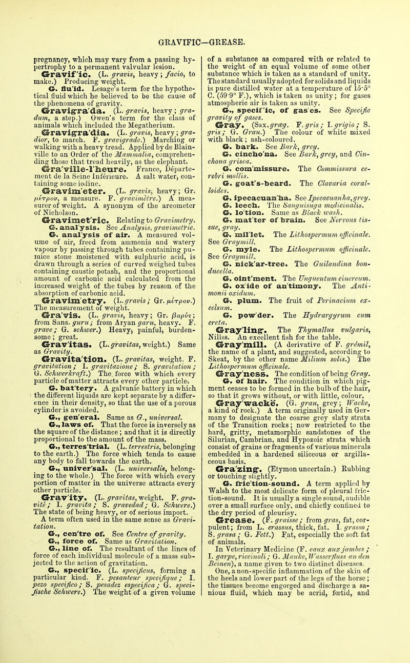 GRAVIEIC !—GREASE. pregnancy, which may vary from a passing hy- pertrophy to a permanent valvular lesion. d-ravif '£c. (L. gravis, heavy ; facio, to make.) Producing weight. G. fluid. Lesage's term for the hypothe- tical fluid which he believed to be the cause of the phenomena of gravity. Gravigra da. (L. gravis, heavy ; gra- dum, a step.) Owen's term for the class of animals which included the Megatherium. CrravigTa'dia. (L. gravis, heavy; gra- dior, to march. P. gravigrade.) Marching or walking with a heavy tread. Applied by de Blain- ville to an Order of the Mammalia, comprehen- ding those that tread heavily, as the elephant. Gra'ville-l'lieure. Prance, l)eparte- ment de la Seine Inferieure. A salt water, con- taining some iodine. G-ravim'eter. (L. gravis, heavy; Gr. /.U-rpov, a measure. F. gravimetre.') A mea- surer of weight. A synonym of the areometer of Nicholson. Gravimet'ric. Relating to Gravimetry. analysis. See Analysis, gravimetric. G. anal'ysis of air. A measured vol- ume of air, freed from ammonia and watery vapour by passing through tubes containing pu- mice stone moistened with sulphuric acid, is drawn through a series of curved weighed tubes containing caustic potash, and the proportional amount of carbonic acid calculated from the increased weight of the tubes by reason of the absorption of carbonic acid. Gravimetry. {L.gravis; Gr. p.iTpov.) The measurement of weight. Gra'vis. (L. gravis, heavy; Gr. (tapis; from Sans, guru; from Aryan garu, heavy. F. grave; G. schwer.) Heavy j painful^ burden- some ; great. Gravitas. (L. gravitas, weight.) Same as Gravity. Gravitation. (L. gravitas, weight. F. gravitation ; I. gravitazione ; S. gravitation ; G. Schwerkraft.) The. force with which every particle of matter attracts every other particle* G. bat'tery. A galvanic battery in which the different liquids are kept separate by a differ- ence in their density, so that the use of a porous cylinder is avoided. G., gen'eral. Same as £?., universal. G., laws of. That the force is inversely as the square of the distance; and that it is directly proportional to the amount of the mass. G., terres'trial. (L. terrestris, belonging to the earth.) The force which tends to cause any body to fall towards the earth. G>, universal. (L. universalis, belong- ing to the wbole.) The force with which every portion of matter in the universe attracts every other particle. Gravity. (L. gravitas, weight. F. gra- vite; I. gravita; S. gravedad; G. Schwere.) The state of being heavy, or of serious import. A term often used in the same sense as Gravi- tation. G., cen'tre of. See Centre of gravity. G., force of. Same as Gravitation. G., line of. The resultant of the lines of force of each individual molecule of a mass sub- jected to the action of gravitation. G., specific. (L. specificus, forming a particular kind. F. pesanteur speeifique ; I. pezo specifico; S. pesadez especifica; G. speei- fische Schwere.) The weight of a given volume of a substance as compared with or related to the weight of an equal volume of some other substance which is taken as a standard of unity. The standard usually adopted forsolidsand liquids is pure distilled water at a temperature of lo-5° C. (59'9° F.), which is taken as unity; for gases atmospheric air is taken as unity. G., specific, of gases. See Specific gravity of gases. Gray. (Sax.grag. F.gris; l.grigio; S. gris; G. Grau.) The colour of white mixed with black; ash-coloured. G. bark. See Bark, grey. G. cincbo'na. See Bark, grey, and Cin- chona grisea. G. com'missure. The Commissura ce- rebri mollis. G. goat's-beard. The Clavaria coral- loides. G. ipecacuan'ba. See Ipecacuanha, grey. G. leecb. The iSanguisuga medieinalis. G. lo'tion. Same as Black wash. G. mat'ter of brain. See Nervous tis- sue, gray. G- mil let. The Lithospermum officinale. See Gray mill. G. myle. The Lithospermum officinale. See Graymill. G. nick'ar-tree. The Guilandina bon- ducella. G. oint'ment. The Ungucntum cincreum. G. ox ide of an'timony. The Anti- monii oxidum. G. plum. The fruit of Perinacium ex- celsum. G. pow'der. The Hydrargyrum cum creta. Grayling*. The Thymallus vulgaris, Nillss. An excellent fish for the table. Gray'mill. (A derivative of F. grdmil, the name of a plant, and suggested, according to Skeat, by the other name Milium solis.) The Lithospermum officinale. Gray'ness. The condition of being Gray. G. of bair. The condition in which pig- ment ceases to be formed in the bulb of the hair, so that it grows without, or with little, colour. Gray'wacke. (G. grau, grey; Wacke, a kind of rock.) A term originally used in Ger- many to designate the coarse grey slaty strata of the Transition rocks; now restricted to the hard, gritty, metamorphic sandstones of the Silurian, Cambrian, and Hypozoic strata which consist of grains or fragments of various minerals embedded in a hardened siliceous or argilla- ceous basis. Gra'zing*. (Etymon uncertain.) Rubbing or touching slightly. G. fric tion-sound. A term applied by Walsh to the most delicate form of pleural fric- tion-sound. It is usually a single sound, audible over a small surface only, and chiefly confined to the dry period of pleurisy. Grease. (F. graisse ; from gras, fat, cor- pulent ; from L. crassus, thick, fat. I. grasso ; S. grasa ; G. Fett.) Fat, especially the soft fat of animals. In Veterinary Medicine (F. eaitx auxjambes ; I. garpe, riccinoli; G. Mauke, Wasserfluss an den Bcinen), a name given to two distinct diseases. One, anon-specific inflammation of the skin of the heels and lower part of the legs of the horse ; the tissues become engorged and discharge a sa- nious fluid, which may be acrid, foetid, and