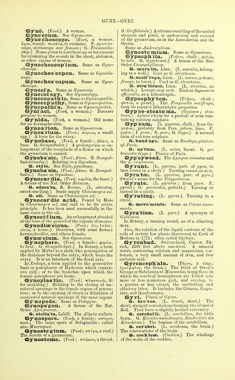 GYNE—GYM. Cs-y'ne. (rW;.) A woman. ^yne'ceum. See Gynaceim. <S-yiie cllOSCOpe. (Tim;, a woman; »)X05, sound; trKoiriiu, to examine. W. gynecho- scope, stethoscope aux femmes ; G. Frauenecho- skop.) Name given to a stethoscope or instrument for examining the sounds in the chest, abdomen, or other organs of women. Srynechoscop'ium. Same as Gyne- choscope. €rynecb.OS'copozi. Same as Gynecho- scope. CS-ysiecIlOS COpum. Same as Gyne- choscope. d-yneci'a. Same as Gynceceia. ©■ynecol'ogry. See Gynecology. Srynecopatll'ic. Same as Gynmcopathic. GryiiecQp'atSiy. Same as Gyntscopathia. G-ynepatlli'a. Same as Gyneecopathia. d-yni'aci. (Tvvn, a woman.) Diseases peculiar to women. Cry'nida. (rWjy, a woman.) Old name for an hermaphrodite. Crynoa'rion. Same as Gynoarium. CryHOa'rium. (rWij; wapiou, a small egg.) A term for the ovary. G-y'nobase. (rw>;, a female ; /3ao-is, a base. G. Stempelboden.) A prolongation or en- largement of the receptacle of a flower on which the gynajcium is carried. CJynoba Sic. {Twv; pirns. G. Stempel- bodenstdndig.) Kelating to a Gynobase. G. style. See Style, gynobasic. SSynofoa'sis. (rWij ; pdais. G. Stempel- boden.) Same as Gynobase. G-ynOcar'dia. (Tvvn; KapSia, the heart.) A Genus of the Nat. Order Bixacecc. G. odora'ta, R. Brown. (L. odoratus, sweet-smelling.) Seeds supply Chaulmugra oil. G. oil. Same as Chaulmugra oil. G-ynocar'dic ac'id. Found by Moss in Chaulmugra oil, and said to be its active principle. It has been used successfully in the same cases as the oil. Oynocid'ium. An enlargement situated at the base of the pedicel of the capsule of mosses. Gynodioe cious. {Tuvij; 6U, twice; oiKia, a house.) Dioecious, with some flowers hermaphrodite, and others female. Gynoe'cium. See Gynceceum. Cs-y nopbore. (rw>;, a female; cpopew, to bear. G. Stempcltrager.) In Botany, a term applied by Mirbel to a stalk-like prolongation of the thalamus beyond the calyx, which bears the ovary. It is an internode of the floral axis. In Zoology, a term applied to the generative buds or gonophores of Hydrozoa which contain ova only; or to the branches upon which the female gonophores are borne. Gynoplastics. (Twn; -n-Xao-TiKo's, fit for moulding.) Relating to the closing of un- natural openings in the female organs of genera- tion ; or to the opening of closed or dilatation of contracted natural openings of the same organs. Gy'nopode. Same as Podogyne. G-ynopo'g'On. A Genus of the Nat. Order Apociputccce. G. stella'ta, Labill. The Alyxia stellata. Cry'nospore. (ruvj/, a female; apropos, seed.) The large spore of Selaginelloe; called also Maerospore. Gynostegium. (Twn; o-Ttyi, a roof.) The sheath of a gynoecium. Gy nosteme. (Yvvn; o-tji/xw, a thread. G. Griffelsciule.) A column consisting of the united stamens and pistil, or andrcecium and summit of the gynajceum, as in the Aristolochia and the Orchis. Same as Androstylium. Gynoste mium. Same as Gynosteme. Gypsoph'ila. (rOij/vs, chalk; (/uXt'u), to love. G. Gypskraut.) A Genus of the Nat. Order Caryophgllacecc. G. mura'lis, Linn. (L. muralis, belong- ing to a wall.) Used as G. strutkium. G. saxif'rag-a, Linn. (L. saxum, a stone; frango, to break.) Used as G. struthium. G. stru'ttaium, Linn. (L. struthio, an ostrich.) Levant soap root. Used as Saponaria officinalis, as a lithontriptic. d-ypsophy'tom. (Tiil/os, chalk ; ()>vtvv, a plant.) The Pimpiuclla saxifraga, from its reputed lithontriptic properties. Ca-yp'so-SteatO'ma. {Gypsum; stea- toma.) Lebert's term for a pustule of acne con- taining calcium sulphate. Syp'sum. (L. gypsum, chalk ; from Gr. yv\Uos; probably from 1'ers. jabsin, lime. F. gypse ; I. gesso ; S. ycso ; G. Gyps.) A natural form of calcium sulphate. G. bandage. Same as Bandage, plastcr- of-Taris. G. us'tum. (L. ustus, burnt. G. ge- braunter Gyps.) Plaster of Paris. Ca-yp'syweed. The Lycopus sinuatus and the L. virginicus. Gy'rant. (L. gyrans, part, of gyro, to turn round in a circle.) Turning round.anaxis. Gyra'tse. (L. gyratus, part, of gyro.) Swartz's name for the Polypodiacca. Gy rate. (L. gyratus; from gyro. F. gyrate; G. geivunden, gedreht.) Turning or turned in a circle. Gyrating. (L. gyrus.) Turning in a circle. G. move ments. Same as Circus move- ments. Gyration. (L. ggro.) A synonym of Giddiness. In Botany, a turning round, as of a climbing stem. Also, the rotation of the liquid contents of the cells of certain low plants discovered by Corti of Modena in 1772 ; often called Cyclosis. G-y'renbad.. Switzerland, Canton Zu- rich, 2200 feet above sea-level. A mineral water, containing calcium and magnesium car- bonate, a very small amount of iron, and free carbonic acid. Gyrenceph'ala. (rc^os, a ring; tyKt(j>u\o<z, the brain.) The third of Owen's Groups or Subclasses of Mammalia, being those in which the cerebral hemispheres are folded into more or less numerous gyri, and overlap, to a greater or less extent, the cerebellum and olfactory lobes. It includes the Cetacea, Ungu- lata, and Quadiumana. Gy'ri. Plural of Gyrus. G. bre'ves. (L. brevis, short.) The short, straight convolutions forming the island of Reil. They have a slightly hooked extremity. G. cerebel'li. (L. cerebellum, the little brain. G. Kleinhirnwindungen, Randwidste dcs Kleinhirns.) The lamina? of the cerebellum. G. eer'ebri. (L. cerebrum, the brain.) The convolutions of the brain. G. cochleae. {Cochlea.) The windings of the scalaj of the cochlea.