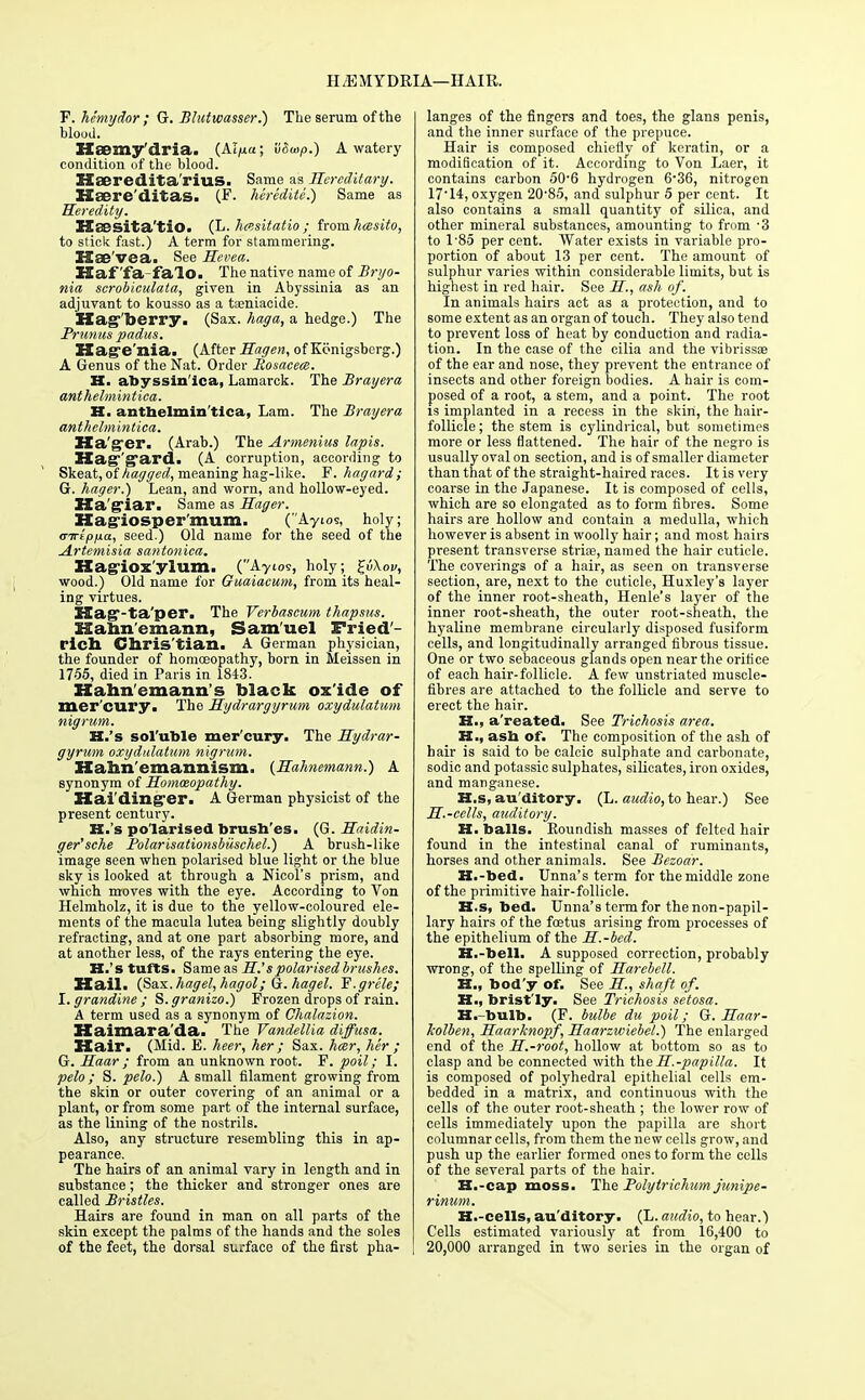 H M MY DMA—HAIR. F. he'mydor ; G. Blutwasser.) The serum of the blood. Haemy'dria. (Atjua; vdwp.) A watery condition of the blood. Haeredita'riuS. Same as Hereditary. Haere'ditas. (F- heredite.) Same as Heredity. EEaesita'tio. (L. hasitatio ; from hcesito, to stick fast.) A term for stammering. Hae VGa. See Hevea. Eaf fa fa'lo. The native name of Bryo- nia scrobiculata, given in Abyssinia as an adjuvant to kousso as a taeniaeide. Hag-berry. (Sax. haga, a hedge.) The Prunus padus. H ag'e'nia. (After Hagen, of Konigsberg.) A Genus of the Nat. Order Rosacea. H. abyssin'ica, Lamarck. The Brayera anthelmintica. H. anthelmin'tica, Lam. The Brayera anthelmintica. Ha'^er. (Arab.) The Armenius lapis. Hag'gard. (A corruption, according to Skeat, of hayged, meaning hag-like. F. hagard; G. hager.) Lean, and worn, and hollow-eyed. Ha giar. Same as Hager. Hagiosper mum. ('Ayios, holy; o-TrtjOjua, seed.) Old name for the seed of the Artemisia santonica. Hagioxylum. (Aytos, holy; £u\oi/, wood.) Old name for Guaiacum, from its heal- ing virtues. Hag-taper. The Verbascum thapsus. Hahnemann, Samuel Fried rich Christian. A German physician, the founder of homoeopathy, born in Meissen in 1755, died in Paris in 1843. Hahnemann's black ox'ide of mer'cury. The Hydrargyrum oxydulatum nigrum. H.'s sol'uble mer'cury. The Hydrar- gyrum oxydulatum nigrum. Hahncmannism. {Hahnemann.) A synonym of Homoeopathy. Hai'dinger. A German physicist of the present century. H.'s polarised brush'es. (G. Haidin- ger'sche Polarisationsbuschel.) A brush-like image seen when polarised blue light or the blue sky is looked at through a Nicol's prism, and which moves with the eye. According to Von Helmholz, it is due to the yellow-coloured ele- ments of the macula lutea being slightly doubly refracting, and at one part absorbing more, and at another less, of the rays entering the eye. H.'s tufts. Same as H.'spolarised brushes. Kail. (Sa.x.hagel,hagol; G.hagel. F.grele; l.grandine; S.granizo.) Frozen drops of rain. A term used as a synonym of Chalazion. Kaimara'da. The Vandellia diffusa. Hair. (Mid. E. heer, her; Sax. heer, her ; G. Haar ; from an unknown root. F. poil; I. pelo ; S. pelo.) A small filament growing from the skin or outer covering of an animal or a plant, or from some part of the internal surface, as the lining of the nostrils. Also, any structure resembling this in ap- pearance. The hairs of an animal vary in length and in substance; the thicker and stronger ones are called Bristles. Hairs are found in man on all parts of the skin except the palms of the hands and the soles of the feet, the dorsal surface of the first pha- langes of the fingers and toes, the glans penis, and the inner surface of the prepuce. Hair is composed chiefly of keratin, or a modification of it. According to Von Laer, it contains carbon 50-6 hydrogen 6'36, nitrogen 1714, oxygen 20-85, and sulphur 5 per cent. It also contains a small quantity of silica, and other mineral substances, amounting to from -3 to 185 per cent. Water exists in variable pro- portion of about 13 per cent. The amount of sulphur varies within considerable limits, but is highest in red hair. See H., ash of. In animals hairs act as a protection, and to some extent as an organ of touch. They also tend to prevent loss of heat by conduction and radia- tion. In the case of the cilia and the vibrissae of the ear and nose, they prevent the entrance of insects and other foreign bodies. A hair is com- posed of a root, a stem, and a point. The root is implanted in a recess in the skin, the hair- follicle; the stem is cylindrical, but sometimes more or less flattened. The hair of the negro is usually oval on section, and is of smaller diameter than that of the straight-haired races. It is very coarse in the Japanese. It is composed of cells, which are so elongated as to form fibres. Some hairs are hollow and contain a medulla, which however is absent in woolly hair; and most hairs present transverse striae, named the hair cuticle. The coverings of a hair, as seen on transverse section, are, next to the cuticle, Huxley's layer of the inner root-sheath, Henle's layer of the inner root-sheath, the outer root-sheath, the hyaline membrane circularly disposed fusiform cells, and longitudinally arranged fibrous tissue. One or two sebaceous glands open near the orifice of each hair-follicle. A few unstriated muscle- fibres are attached to the follicle and serve to erect the hair. H., a'reated. See Trichosis area. H., asb of. The composition of the ash of hair is said to be calcic sulphate and carbonate, sodic and potassic sulphates, silicates, iron oxides, and manganese. H.s, au'ditory. (L. audio, to hear.) See H.-cells, auditory. H. balls. Roundish masses of felted hair found in the intestinal canal of ruminants, horses and other animals. See Bezoar. H.-bed. Unna's term for the middle zone of the primitive hair-follicle. H.s, bed. Unna's term for the non-papil- lary hairs of the foetus arising from processes of the epithelium of the H.-bed. H.-bell. A supposed correction, probably wrong, of the spelling of Harebell. H., bod'y of. See H., shaft of. H., brist'ly. See Trichosis setosa. H. bulb. (F. bulbe du poil; G. Haar- kolben, Haarknopf, Haarzwiebel.) The enlarged end of the H.-root, hollow at bottom so as to clasp and be connected with the H.-papilla. It is composed of polyhedral epithelial cells em- bedded in a matrix, and continuous with the cells of the outer root-sheath ; the lower row of cells immediately upon the papilla are short columnar cells, from them the new cells grow, and push up the earlier formed ones to form the cells of the several parts of the hair. H.-cap moss. The Polylrichum junipe- rinum. H.-cells, au'ditory. (L. audio, to hear.) Cells estimated variously at from 16,400 to 20,000 arranged in two series in the organ of