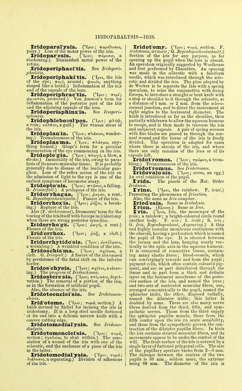 IRIDOPARALYSIS—IRIS. Xridoparai'ysis. Cip's; irapd\v<ris, palsy.) Loss of the motor power of the iris. Xridopar esis. (ipis; 7r«pE<ris, a slackening.) Diminished motor power of the retina. Xridoperiphaci'tis. See Iridoperi- pkakitis. Iridoperiphaki'tis.' Clpts, the iris of the eye; irtpi, around; <£ctKo's, anything shaped like a lentil.) Inflammation of the iris and of the capsule of the lens. Iridoperiphrac'tis. Cipis ; ™pi; (ppaKTos, protected.) Von Amnion's term for inflammation of the posterior part of the iris and the adjoining capsule of the lens. Xridoperisphinx'is. See Ireoperi- sphinxis. Xridophlebocol'pos. (Tlpis; <t>\vty, a vein; koKitoi, a gulf.) The venous sinus of the iris. Xridoplan'ia. (7Ipis; likavio?, wander- ing.) Tremulousness of the iris. Xridoplas'ma. (Ipts; 7r\aarp.a, any- thing formed.) Gluge's term for a peculiar degeneration of the eye commencing in the iris. Xridople'g'ia. (Tipis; irK^y-n, a blow, a stroke.) Immobility of the iris, owing to para- lysis of its neuro-muscular tissue. It is probably generally due to disease of the lenticular gan- glion. Loss of the reflex action of the iris on the admission of light to the eye is one of the earliest symptoms of locomotor ataxy. Xridopto'sis. (7Ipis; tttSktis, a falling. Gr. Irisvorfall.) A prolapsus of the iris. Xridor'rnagras. (7ipis; paya?, a rent. G. Megenbogenhautspalte.) Fissure of the iris. Xridorrhex'is. (7Ipts; pf;£is, a break- ing.) Rupture of the iris. Also (F. dechirement), Desmarres' term for the tearingof the iris itself with forceps in iridectomy when there are strong posterior synechias. Xridorrho'g'e. (7Ipi«; paiyn, a rent.) Fissure of the iris. Xrid'orrhox. (7ip's; pu>%, a cleft.) Fissure of the iris. Iridorrhy tido sis. (Tipis a wrinkling.) A wrinkled condition of the iris. Xridoschis'ma. (7ipt«; o-xiaua, a cleft. G. Irisspalt.) A fissure of the iris caused by persistence of the foetal cleft on the inferior border. XridOS'chysiS. (TIp's; <rxio-ts, a cleav- ing.) The progress of Iridoschisma. Iridostere'sis. (Tlp«; aTipr\ai?,depri- vation.) The removal of a portion of the iris, as in the formation of artificial pupil. Also, the absence of the iris. Xridotoenclei'sis. See Iridotomen- eleisis. Xrid'otome. CLote; tojuj}, section.) A knife devised by Sichel for incising the iris in iridectomy. It is a long steel needle flattened at its end into a delicate narrow knife with a convex cutting edge. Xridotomedial'ysis. See Iridome- dialysis. Xridotomenclei'sis. . (7ipi?; to/iv, section; iy/cXstu), to shut within.) The asso- ciation of a wound of the iris with one of the sclerotic, and the enclosure of a piece of the iris in the latter. Xridotomodial'ysis. (7ip'? • <5iaAuo-[s, a separating.) Division of adhesions of the iris. Xrldot'omy. (7ipis; Top), section. F. iridotomie, iritomie; G. Eegenbogenhautschnitt.) Section of the iris for any purpose, as for opening up the pupil when the lens is absent. An operation originally suggested by Woolhouse and first performed by Cheselden. An opening was made in the sclerotic with a falciform needle, which was introduced through the scle- rotic and divided the iris. The plan adopted by de Wecker is to separate the lids with a spring speculum, to seize the conjunctiva with fixing forceps, to introduce a straight or bent knife with a stop or shoulder to it through the sclerotic, at a distance of 1 mm. or 2 mm. from the sclero- corneal junction, and to direct the instrument at right angles to the horizontal diameter. The knife is introduced as far as the shoulder, then partially withdrawn to allow the aqueous humour to escape, and is then made to traverse the iris and subjacent capsule. A pair of spring scissors with fine blades are passed in through the cor- neal wound and the tissue of the iris is freely divided. The operation is adapted for eases where there is atresia of the iris, and where there are only remains of the lens or of its capsule left. Xridot'romos. ('Ipts ; Tpo>os, a trem- bling.) Tremulousness of the iris. Xridot romus. See Iridotromos. Xridovalo'sis. Clpis; ovum, an egg.) An oval condition of the pupil. X'rids. The plants of the Nat. Order Iridacece. X'rine. ('Ipis> the rainbow. F. irise.) Presenting the phenomena of Irisation. Also, the same as Iris camphor. Xriod'esis. Same as Iridodesis. X'rion. QSLpiov.) Same as Iros. X'ris. (TIp's, Iris, the messenger of the gods; a rainbow; a bright-coloured circle round another body. F. iris; I. iride; S. iris; G. Iris, Hegenbogenhaut, Augenring.) A thin and highly vascular membrane continuous with the choroid, having a perforation which is named the pupil of the eye. It is situated between the cornea and the lens, hanging nearly ver- tically to the optic axis in the aqueous humour. It is composed of connective tissue, contain- ing many elastic fibres; blood-vessels, which run convergingly towards and from the pupil; pigment cells, which often contain coloured pig- ment, and are in part distributed through the tissue and in part form a thick and definite layer on the basement membrane of the poste- rior surface of the iris, and named the uvea; and two sets of unstriated muscular fibres, one, arranged concentrically to the pupil, named the sphincter iridis. the other, disposed radially, named the dilatator iridis; this latter is doubted by some. There are also many nerve fibres derived from the third, fifth, and sym- pathetic nerves. Those from the third supply the sphincter pupillse muscle, those from the fifth confer upon the iris its acute sensibility, and those from the sympathetic govern the con- traction of the dilatator pupillse fibres. In birds the iris contains striated muscular fibres, and its movements appear to be under the control of the will. The front surface of the iris is covered by a single layer of flattened polygonal cells. The size of the pupillary aperture varies from 2—5 mm. The distance between the centres of the two pupils is 59 mm., seldom more, the extreme being 68 mm. The diameter of the iris is