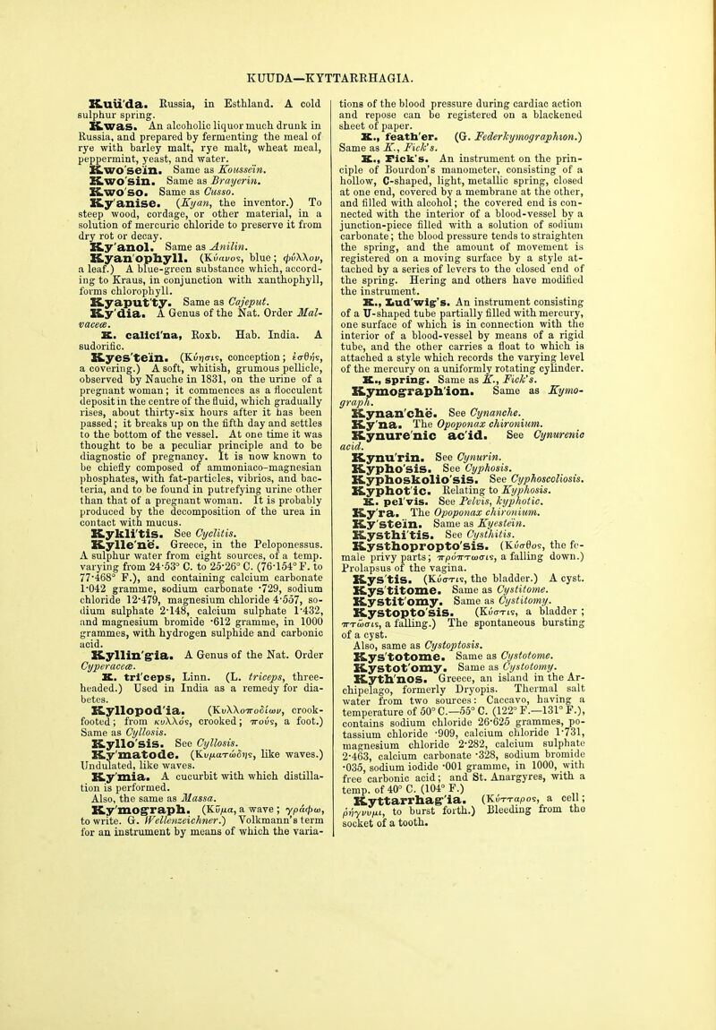 KUUDA—KYTTARRHAGIA. Kuii'da. Russia, in Esthland. A cold sulphur spring. Kwas. An alcoholic liquor much drunk in Russia, and prepared by fermenting the meal of rye with barley malt, rye malt, wheat meal, peppermint, yeast, and water. Kwosein. Same as Koussein. Kwo sill. Same as Brayerin. Kwo so. Same as Cusso. Ky anise. (Kyan, the inventor.) To steep wood, cordage, or other material, in a solution of mercuric chloride to preserve it from dry rot or decay. Ky anol. Same as Anilin. Eyan'opliyll. (Kii«i/os, blue; cjjvWov, a leaf.) A blue-green substance which, accord- ing to Kraus, in conjunction with xanthophyll, forms chlorophyll. Kyaputty. Same as Cajeput. ELy dia. A Genus of the Nat. Order Mal- vaceoc. X. calicl'na, Roxb. Eab. India. A sudorific. Kyes’te'in. (Ku>j<n«> conception; ro-05s, a covering.) A soft, whitish, grumous pellicle, observed by Nauche in 1831, on the urine of a pregnant woman; it commences as a floceulent deposit in the centre of the fluid, which gradually rises, about thirty-six hours after it has been passed; it breaks up on the fifth day and settles to the bottom of the vessel. At one time it was thought to be a peculiar principle and to be diagnostic of pregnancy. It is now known to be chiefly composed of ammoniaco-magnesian phosphates, with fat-particles, vibrios, and bac- teria, and to be found in putrefying urine other than that of a pregnant woman. It is probably produced by the decomposition of the urea in contact with mucus. Kykli'tis. See Cyclitis. Kylle ’ue. Greece, in the Peloponessus. A sulphur water from eight sources, of a temp, varying from 24-53° C. to 25’26° C. (76-154° F. to 77468° F.), and containing calcium carbonate 1-042 gramme, sodium carbonate -729, sodium chloride 12*479, magnesium chloride 4-557, so- dium sulphate 2-148, calcium sulphate 1432, and magnesium bromide -612 gramme, in 1000 grammes, with hydrogen sulphide and carbonic acid. K.yllin'g'ia. A Genus of the Nat. Order Cyperacece. K. trl'ceps, Linn. (L. triceps, three- headed.) Used in India as a remedy for dia- betes. Kyllopod'ia. (KiAXo7rodi'u)v, crook- footed ; from kuWos, crooked; irovs, a foot.) Same as Cyllosis. Kyllo 'sis. See Cyllosis. Ky'matode. (Kv/raTd><5tis, like waves.) Undulated, like waves. K-y 'mia. A cucurbit with which distilla- tion is performed. Also, the same as Massa. Kymograph. (KD/ua, a wave ; ypacpw, to write. G. IVellenzeichner.) Volkmann’s term for an instrument by means of which the varia- tions of the blood pressure during cardiac action and repose can be registered on a blackened sheet of paper. K., feath’er. (G. Federhymographion.) Same as K, Fick’s. K., Fick’s. An instrument on the prin- ciple of Bourdon’s manometer, consisting of a hollow, C-shaped, light, metallic spring, closed at one end, covered by a membrane at the other, and filled with alcohol; the covered end is con- nected with the interior of a blood-vessel by a junction-piece filled with a solution of sodium carbonate; the blood pressure tends to straighten the spring, and the amount of movement is registered on a moving surface by a style at- tached by a series of levers to the closed end of the spring. Hering and others have modified the instrument. K., S>ud'wig's. An instrument consisting of a U-shaped tube partially filled with mercury, one surface of which is in connection with the interior of a blood-vessel by means of a rigid tube, and the other carries a float to which is attached a style which records the varying level of the mercury on a uniformly rotating cylinder. X., spring-. Same as K., Fick’s. Kymograph'ion. Same as Kymo- graph. Kynan'che. See Cynanche. na. The Opoponax chironium. Kynurenic ac'id. See Cynurenic acid. Kynu'rin. See Cynurin. Kyphosis. See Cyphosis. Kyphoskolio'sis. See Cyphoscoliosis. Kyphot ic. Relating to Kyphosis. X. pel'vis. See Pelvis, kyphotic. 'ra. The Opoponax chironium. Ky Stein. Same as Kyestein. Kysthi'tis. See Cysthitis. Kysthopropto'sis. (Kdo-Oos, the fe- male privy parts; TrpoirTwois, a falling down.) Prolapsus of the vagina. Kys'tis. (KOo-tis, the bladder.) A cyst. Kys'titome. Same as Cystitome. Kystit'omy. Same as Cystitomy. Kystopto'sis. (Kuo-tis, a bladder ; tttiuo-is, a falling.) The spontaneous bursting of a cyst. Also, same as Cystoptosis. Kys'totome. Same as Cystotome. Kystot'omy. Same as Cystotomy. Kyth 'nos. Greece, an island in the Ar- chipelago, formerly Dryopis. Thermal salt water from two sources: Caccavo, having a temperature of 50° C.—55° C. (122° F.—131° F.), contains sodium chloride 26*625 grammes, po- tassium chloride -909, calcium chloride 1*731, magnesium chloride 2*282, calcium sulphate 2-463, calcium carbonate *328, sodium bromide *035, sodium iodide *001 gramme, in 1000, with free carbonic acid; and St. Anargyres, with a temp, of 40° C. (104° F.) Kyttarrhag-'ia. (Kut-tapos, a cell; pvyvvpa, to burst forth.) Bleeding from the socket of a tooth.