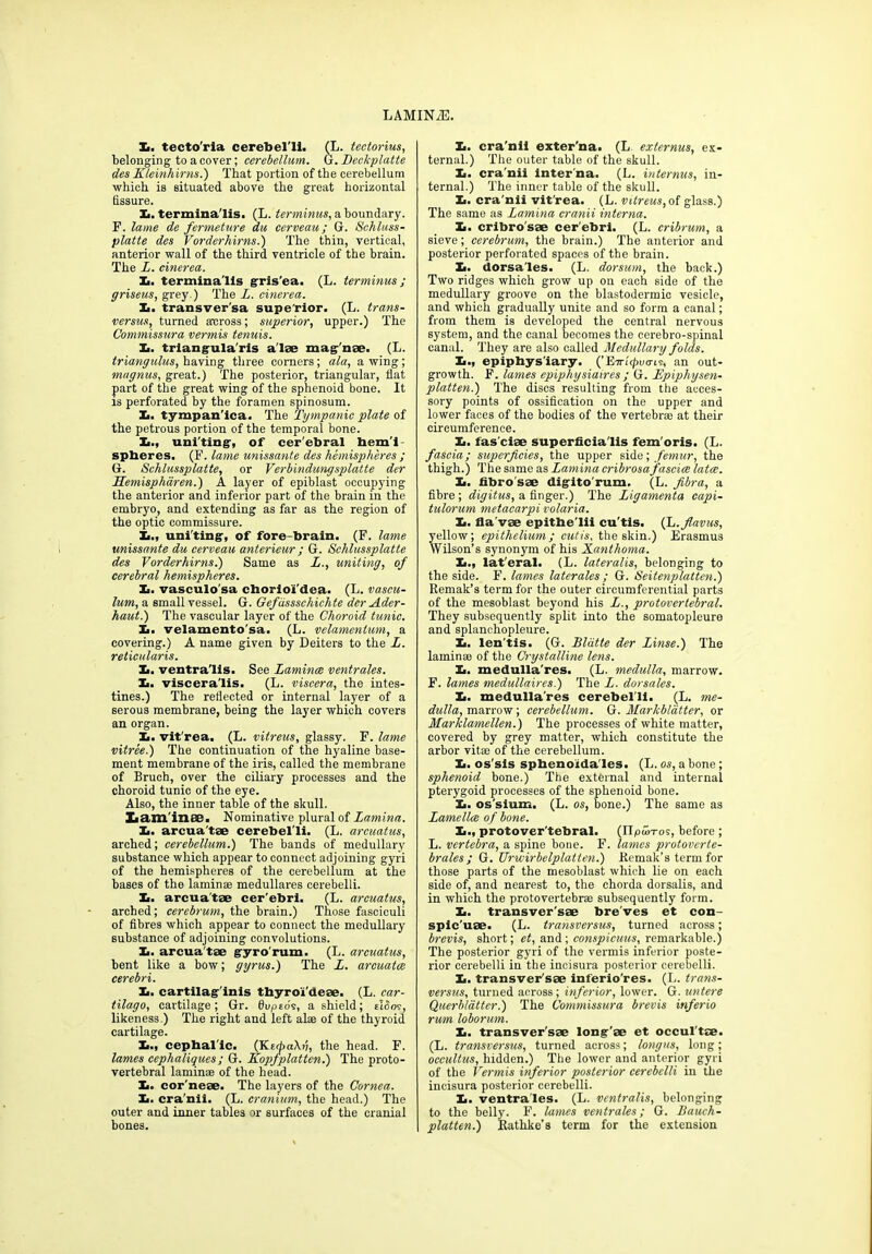 X. tecto'ria cerebel'li. (L. tectorius, belonging to a cover; cerebellum. G. Beckplatte des Kleinhirns.) That portion of the cerebellum which is situated above the great horizontal fissure. X. terminaTis. (L. terminus, a boundary. F. lame de fermeture du cerveau; G. Schluss- platte des Vorderhirns.) The thin, vertical, anterior wall of the third ventricle of the brain. The L. cinerea. X. termina'lls gris'ea. (L. terminus; griseus, grey.) The L. cinerea. X. transver'sa supe'rior. (L. trans- versus, turned across; superior, upper.) The Commissura vermis tenuis. X. triangularis alas mag'nae. (L. triangulus, having three corners; ala, a wing; magnus, great.) The posterior, triangular, flat part of the great wing of the sphenoid bone. It is perforated by the foramen spinosum. X. tympan'ica. The Tympanic plate of the petrous portion of the temporal bone. X., uniting, of cer'ebral hem'i- spberes. (F. lame unissante des hemispheres ; G. Schlussplatte, or Verbindungsplatte der Hemispharen.) A layer of epiblast occupying the anterior and inferior part of the brain in the embryo, and extending as far as the region of the optic commissure. X., uniting, of fore-brain. (F. lame unissante du cerveau anterieur ; G. Schlussplatte des Vorderhirns.) Same as L., uniting, of cerebral hemispheres. X. vasculo'sa chorioi'dea. (L. vascu- lum, a small vessel. G. Gefassschichte dcr Ader- haut.) The vascular layer of the Choroid tunic. X. velamento'sa. (L. velamenlum, a covering.) A name given by Deiters to the L. reticularis. X. ventra'lis. See Laminae ventrales. X. viscera'lis. (L. viscera, the intes- tines.) The reflected or internal layer of a serous membrane, being the layer which covers an organ. X. vit'rea. (L. vitreus, glassy. F. lame vitree.) The continuation of the hyaline base- ment membrane of the iris, called the membrane of Bruch, over the ciliary processes and the choroid tunic of the eye. Also, the inner table of the skull. Xiam'inae. Nominative plural of Lamina. X. arcua'tae cerebel'li. (L. arcuatus, arched; cerebellum.) The bands of medullary substance which appear to connect adjoining gyri of the hemispheres of the cerebellum at the bases of the laminae medullares cerebelli. X. arcua'tae cer'ebri. (L. arcuatus, arched; cerebrum, the brain.) Those fasciculi of fibres which appear to connect the medullary substance of adjoining convolutions. X. arcua'tae gyro'rum. (L. arcuatus, bent like a bow; gyrus.) The L. arcuatce cerebri. X. cartilag'inis thyroi'deae. (L. car- tilage, cartilage; Gr. dvptos, a shield; tiSns, likeness.) The right and left alae of the thyroid cartilage. X., cephal ic. (Kttbakij, the head. F. lames cephaliques; G. Kopfplatten.) The proto- vertebral laminae of the head. X. cor'neae. The layers of the Cornea. X. cra'nii. (L. cranium, the head.) The outer and inner tables or surfaces of the cranial bones. X. cra'nii exter'na. (L externus, ex- ternal.) The outer table of the skull. X. cra'nii interna. (L. in terms, in- ternal.) The inner table of the skull. X. cra'nii vit'rea. (L. vitreus, of glass.) The same as Lamina cranii interna. X. cribro'sae cer'ebri. (L. cribrum, a sieve; cerebrum, the brain.) The anterior and posterior perforated spaces of the brain. X. dorsales. (L. dorsum, the back.) Two ridges which grow up on each side of the medullary groove on the blastodermic vesicle, and which gradually unite and so form a canal; from them is developed the central nervous system, and the canal becomes the eerebro-spinal canal. They are also called Medullary folds. X., epiphys'iary. (’E7n'<poo-ts, an out- growth. F. lames epiphysiaires ; G. Epipliysen- platten.) The discs resulting from the acces- sory points of ossification on the upper and lower faces of the bodies of the vertebrae at their circumference. X. fas ciae superficia'lis fem'oris. (L. fascia; superficies, the upper side; femur, the thigh.) The same as Lamina cribrosafasciae latce. X. fibro'sae digito'rum. (L. fibra, a fibre ; digitus, a finger.) The Ligamenta capi- tulorum metacarpi volaria. X. fla'vae epitbe'lii cu'tis. (L.flavus, yellow; epithelium; cutis, the skin.) Erasmus Wilson’s synonym of his Xanthoma. X., lat eral. (L. lateralis, belonging to the side. F. lames laterales ; G. Seitenplatten.) Remak’s term for the outer circumferential parts of the mesoblast beyond his L., protovertebral. They subsequently split into the somatopleure and splanchopleure. X. len'tis. (G. Bldtte der Linse.) The laminae of the Crystalline lens. X. medulla'res. (L. medulla, marrow. F. lames medullaires.) The L. dorsales. X. medulla'res cerebel'li. (L. me- dulla, marrow; cerebellum. G. Markblatter, or Marklamellen.) The processes of white matter, covered by grey matter, which constitute the arbor vitae of the cerebellum. X. os'sis spbenoidales. (L. os, a bone ; sphenoid bone.) The external and internal pterygoid processes of the sphenoid bone. X. os'sium. (L. os, bone.) The same as Lamellae of bone. X., protover'tebral. (Ilpon-os, before ; L. vertebra, a spine bone. F. lames protoverte- brales; G. Urwirbelplatten.) Remak’s term for those parts of the mesoblast which lie on each side of, and nearest to, the chorda dorsalis, and in which the proto vertebrae subsequently form. X. transver'sae bre'ves et con- spic'uae. (L. transversus, turned across; brevis, short; et, and ; conspicuus, remarkable.) The posterior gyri of the vermis inferior poste- rior cerebelli in the incisura posterior cerebelli. X. transver'sae inferio'res. (L. trans- versus, turned across; inferior, lower. G. untere Querblatter.) The Commissura brevis inferio rum loborum. X. transver'sae long'ae et occul'tae. (L. transversus, turned across; longus, long; occultus, hidden.) The lower and anterior gyri of the Vermis inferior posterior cerebelli in the incisura posterior cerebelli. X. ventrales. (L. vcntralis, belonging to the belly. F. lames ventrales; G. Bauch- platten.) Rathke’s term for the extension