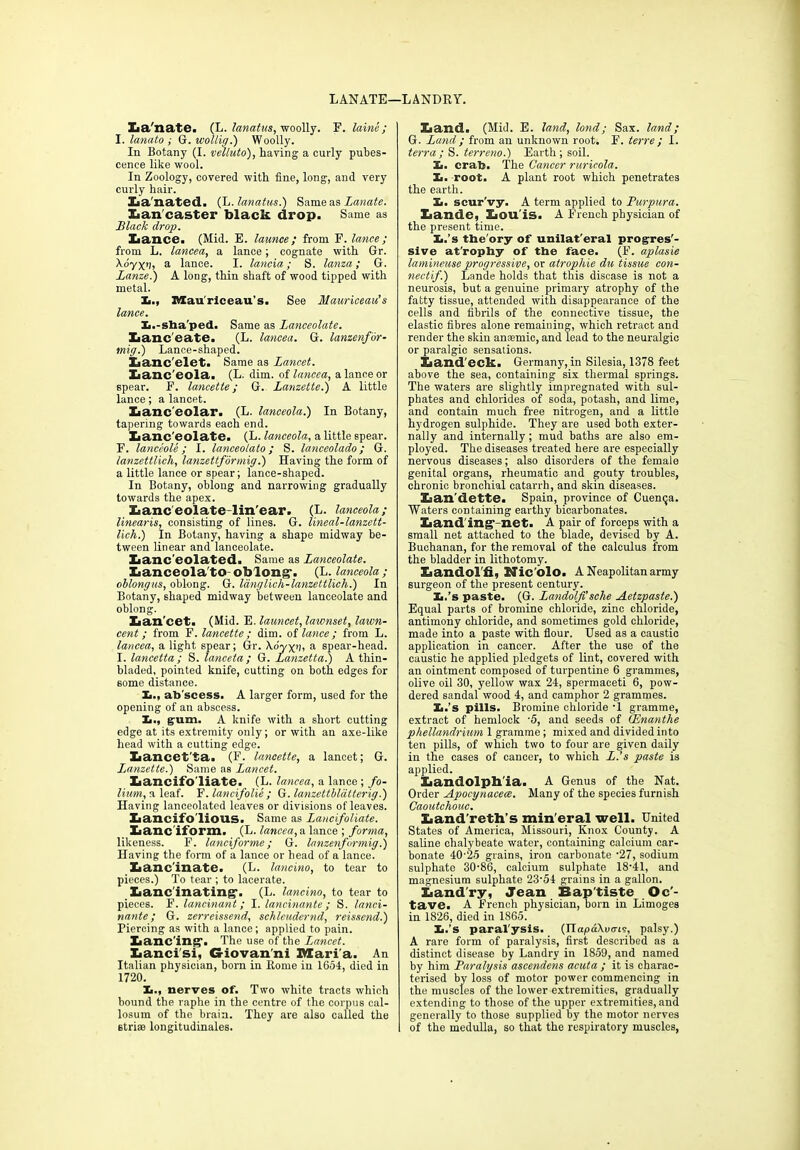 LANATE—LANDRY. Xia'nate. (L. I an at us, woolly. F. laine ; I. lanato ; G. wollig.) W oolly. In Botany (I. velluto), having a curly pubes- cence like wool. In Zoology, covered with fine, long, and very curly hair. La'nated. (L. lanatus.) Same as Lanate. Lan caster black drop. Same as Black drop. Xiance. (Mid. E. launce; from F. lance ; from L. lancea, a lance; cognate with Gr. Adyxu; a lance. I. lancia; S. lanza; G. Lanze.) A long, thin shaft of wood tipped with metal. X., Maurlceau’s. See Mauriceau's lance. X.-sha'ped. Same as Lanceolate. Lanc'eate. (L. lancea. G. lanzenfor- mig.) Lance-shaped. Lanc'elet. Same as Lancet. Lanceola. (L. dim. of lancea, a lance or spear. F. lancette; G. Lanzette.) A little lance; a lancet. Lanc'eolar. (L. lanceola.) In Botany, tapering towards each end. Lanceolate. (L. lanceola, a little spear. F. lanceole; I. lanceolato; S. lanceolado; G. lanzettlich, lanzettformig.) Having the form of a little lance or spear; lance-shaped. In Botany, oblong and narrowing gradually towards the apex. Laneeolate-lin’ear. (L. lanceola; linearis, consisting of lines. G. lineal-lanzett- lich.) In Botany, having a shape midway be- tween linear and lanceolate. Xianc eolated. Same as Lanceolate. Lanceola'to oblong*. (L. lanceola ; oblongus, oblong. G. Idnglich-lanzettUch.) In Botany, shaped midway between lanceolate and oblong. Xian'cet. (Mid. E. launcet, lawnset, lawn- cent; from F. lancette; dim. of lance; from L. lancea, a light spear; Gr. Xoyx'h a spear-head. I. lancetta ; S. lanceta ; G. Lanzetta.) A thin- bladed, pointed knife, cutting on both edges for some distance. !■., ab'seess. A larger form, used for the opening of an abscess. X., gum. A knife with a short cutting edge at its extremity only; or with an axe-like head with a cutting edge. Lancet'ta. (F. lancette, a lancet; G. Lanzette.) Same as Lancet. Xiancifo'liate. (L. lancea, a lance ; fo- lium, a leaf. F. lancifolie ; G. lanzettblatterig.) Having lanceolated leaves or divisions of leaves. Lancifo'lious. Same as Lancifoliate. Lane iform. (L. lancea, a lance ; forma, likeness. F. lanciforme; G. lanzenformig.) Having the form of a lance or head of a lance. Lanc'inate. (L. lancino, to tear to pieces.) To tear ; to lacerate. Lancinating-. (L. lancino, to tear to pieces. F. lancinant; I. lancinante; S. lanci- nante; G. zerreissend, schleudernd, reissend.) Piercing as with a lance; applied to pain. Lancing-. The use of the Lancet. Lanci'si, Giovanni Mari a. An Italian physician, born in Rome in 1654, died in 1720. X., nerves of. Two white tracts which bound the raphe in the centre of the corpus cal- losum of the brain. They are also called the striae longitudinales. Land. (Mid. E. land, lond; Sax. land; G. Land; from an unknown root. F. terre; I. terra; S. terreno.) Earth; soil. X. crab. The Cancer ruricola. X. root. A plant root which penetrates the earth. X. scur'vy. A term applied to Purpura. Lande, Louis. A French physician of the present time. X.’s the'ory of unilat'eral progres'- sive at'rophy of the face. (F. aplasie lamineuse progressive, or atrophie du tissue con- nectif.) Lande holds that this disease is not a neurosis, but a genuine primary atrophy of the fatty tissue, attended with disappearance of the cells and fibrils of the connective tissue, the elastic fibres alone remaining, which retract and render the skin aniemie, and lead to the neuralgic or paralgic sensations. Land'eck. Germany, in Silesia, 1378 feet above the sea, containing six thermal springs. The waters are slightly impregnated with sul- phates and chlorides of soda, potash, and lime, and contain much free nitrogen, and a little hydrogen sulphide. They are used both exter- nally and internally ; mud baths are also em- ployed. The diseases treated here are especially nervous diseases; also disorders of the female genital organs, rheumatic and gouty troubles, chronic bronchial catarrh, and skin diseases. Lan'dette. Spain, province of Cuenqa. Waters containing earthy bicarbonates. Land'ing--net. A pair of forceps with a small net attached to the blade, devised by A. Buchanan, for the removal of the calculus from the bladder in lithotomy. Landol'fi, Nic'olo. A Neapolitan army surgeon of the present century. X.’s paste. (G. Landolfi’sche Aetzpaste.) Equal parts of bromine chloride, zinc chloride, antimony chloride, and sometimes gold chloride, made into a paste with flour. Used as a caustic application in cancer. After the use of the caustic he applied pledgets of lint, covered with an ointment composed of turpentine 6 grammes, olive oil 30, yellow wax 24, spermaceti 6, pow- dered sandal wood 4, and camphor 2 grammes. X.’s pills. Bromine chloride -1 gramme, extract of hemlock -5, and seeds of (Enanthe phellandrmm 1 gramme; mixed and divided into ten pills, of which two to four are given daily in the cases of cancer, to which L.’s paste is applied. Landolph'ia. A Genus of the Nat. Order Apocynacea. Many of the species furnish Caoutchouc. Land'reth’s min'eral well. United States of America, Missouri, Knox County. A saline chalybeate water, containing calcium car- bonate 40-25 grains, iron carbonate -27, sodium sulphate 30-86, calcium sulphate 18*41, and magnesium sulphate 23-54 grains in a gallon. Landry, Jean Baptiste Oc- tave. A French physician, born in Limoges in 1826, died in 1865. X.’s paralysis. (napalWis, palsy.) A rare form of paralysis, first described as a distinct disease by Landry in 1859, and named by him Paralysis ascendens acuta ; it is charac- terised by loss of motor power commencing in the muscles of the lower extremities, gradually extending to those of the upper extremities, and generally to those supplied by the motor nerves of the medulla, so that the respiratory muscles,
