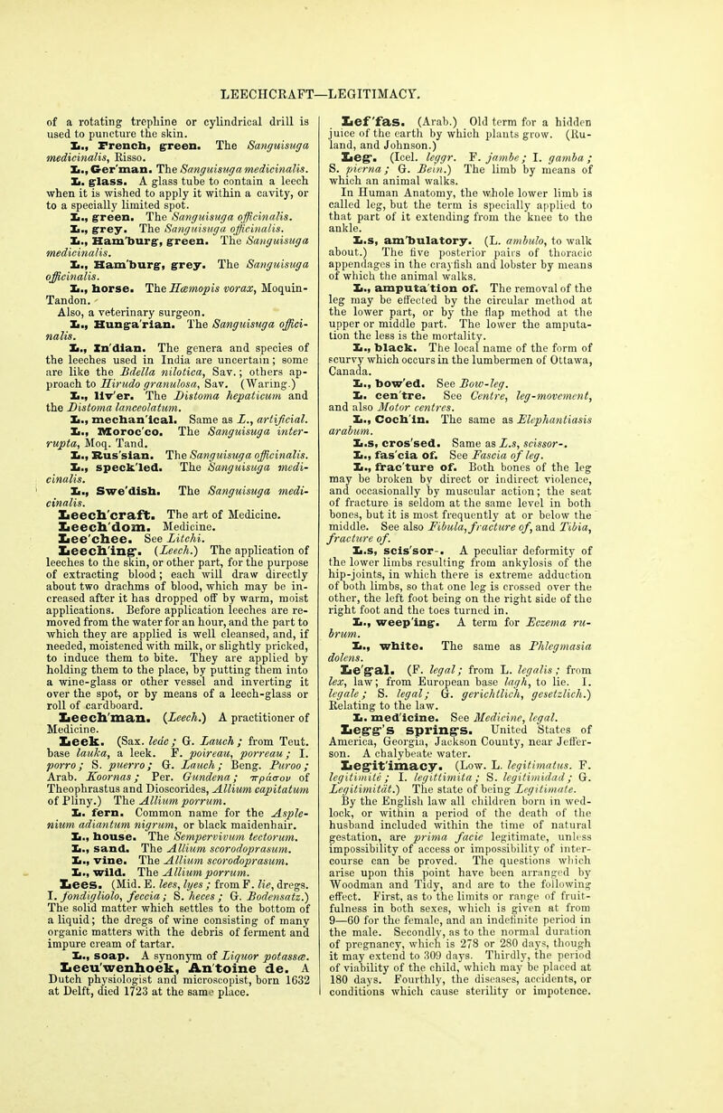 LEECHCRAFT—LEGITIMACY. of a rotating trephine or cylindrical drill is used to puncture the skin. Xi., Trench, green. The Sanguisuga medicinalis, Risso. L., Ger man. The Sanguisuga medicinalis. 1a. glass. A glass tube to contain a leech when it is wished to apply it within a cavity, or to a specially limited spot. Xi., green. The Sanguisuga officinalis. X,., grey. The Sanguisuga officinalis. I,., Ham burg, green. The Sanguisuga medicinalis. X>., Ham'burg, grey. The Sanguisuga officinalis. I,., horse. The Hmmopis vorax, Moquin- Tandon. - Also, a veterinary surgeon. Xi., Hunga rian. The Sanguisuga offici- nalis. 1a., In dian. The genera and species of the leeches used in India are uncertain; some are like the Bdella nilotica, Sav.; others ap- proach to Llirudo granulosa, Sav. (Waring.) I>., liv'er. The Bistoma hepaticum and the Bistoma lanceolatum. X,., mechan'lcal. Same as X., artificial. X>., Moroc co. The Sanguisuga inter- rupta, Moq. Tand. X>., Rus sian. The Sanguisuga officinalis. £., speck'led. The Sanguisuga medi- cinalis. 1a., Swe'dish. The Sanguisuga medi- cinalis. Leech'craft. The art of Medicine. Xieech'dom. Medicine. Lee'chee. See Zitchi. Leeching*. (Leech.) The application of leeches to the skin, or other part, for the purpose of extracting blood; each will draw directly about two drachms of blood, which may be in- creased after it has dropped off by warm, moist applications. Before application leeches are re- moved from the water for an hour, and the part to which they are applied is well cleansed, and, if needed, moistened with milk, or slightly pricked, to induce them to bite. They are applied by holding them to the place, by putting them into a wine-glass or other vessel and inverting it over the spot, or by means of a leech-glass or roll of cardboard. Xaeech'man. (Leech.) A practitioner of Medicine. Leek. (Sax. ledc ; G. Lauch ; from Teut. base lauka, a leek. F. poireau, porreau; I. porro; S. puerro; G. Lauch; Beng. Puroo ; Arab. Koornas; Per. Gundena; tt patron of Theophrastus and Dioseorides, Allium capitatum of Pliny.) The Allium porrum. 1a. fern. Common name for the Asple- nium adiantum nigrum, or black maidenhair. Xi., bouse. The Sempervivum tectorum. 1a., sand. The Allium scorodoprasum. X,., vine. The Allium scorodoprasum. Xi., wild. Th & Allium porrum. Lees. (Mid. E. lees, lyes ; from F. lie, dregs. I. fondigliolo, feccia; S. heces ; G. Bodensatz.) The solid matter which settles to the bottom of a liquid; the dregs of wine consisting of many organic matters with the debris of ferment and impure cream of tartar. Xi., soap. A synonym of Liquor potassce. Leeuwenhoek, Antoine de. A Dutch physiologist and microscopist, born 1632 at Delft, died 1723 at the same place. Lef'fas. (Arab.) Old term for a hidden juice of the earth by which plants grow. (Ru- land, and Johnson.) Leg1. (Icel. leggr. F. jambe; I. gamha ; S. pierna ; G. Bein.) The limb by means of which an animal walks. In Human Anatomy, the whole lower limb is called leg, but the term is specially applied to that part of it extending from the knee to the ankle. Xi.s, am'bulatory. (L. ambulo, to walk about.) The live posterior pairs of thoracic appendages in the crayfish and lobster by means of which the animal walks. Xi., amputa tion of. The removal of the leg may be effected by the circular method at the lower part, or by the fiap method at the upper or middle part. The lower the amputa- tion the less is the mortality. Xi., black. The local name of the form of scurvy which occurs in the lumbermen of Ottawa, Canada. Xi., bow'ed. See Bow-leg. Xi. cen'tre. See Centre, leg-movement, and also Motor centres. Xi., Cocb'in. The same as Elephantiasis arabum. Xi.s, cros'sed. Same as L.s, scissor-. Xi., fas'eia of. See Fascia of leg. Xi., frac'ture of. Both bones of the leg may be broken by direct or indirect violence, and occasionally by muscular action; the seat of fracture is seldom at the same level in both bones, but it is most frequently at or below the middle. See also Fibula, fracture of, and Tibia, fracture of. Ii.s, scissor-. A peculiar deformity of the lower limbs resulting from ankylosis of the hip-joints, in which there is extreme adduction of both limbs, so that one leg is crossed over the other, the left foot being on the right side of the right foot and the toes turned in. Xi., weep ing. A term for Eczema ru- brum. 1a., wbite. The same as Phlegmasia dolens. Legal. (F. legal; from L. legalist from lex, law; from European base lagh, to lie. I. legale; S. legal; G. gerichtlich, gesetzlicli.) Relating to the law. Xi. med'icine. See Medicine, legal. Leg’g,,S spring's. United States of America, Georgia, Jackson County, near Jeffer- son. A chalybeate water. Legitimacy. (Low. L. legitimatns. F. legitimite ; I. legittimita ; S. legitimidad; G. Legitimitdt.) The state of being Legitimate. By the English law all children born in wed- lock, or within a period of the death of the husband included within the time of natural gestation, are prima facie legitimate, unless impossibility of access or impossibility of inter- course can be proved. The questions which arise upon this point have been arranged by Woodman and Tidy, and are to the following effect. First, as to the limits or range of fruit- fulness in both sexes, which is given at from 9—60 for the female, and an indefinite period in the male. Secondly, as to the normal duration of pregnancy, which is 278 or 280 days, though it may extend to 309 days. Thirdly, the period of viability of the child, which may be placed at 180 days. Fourthly, the diseases, accidents, or conditions which cause sterility or impotence.