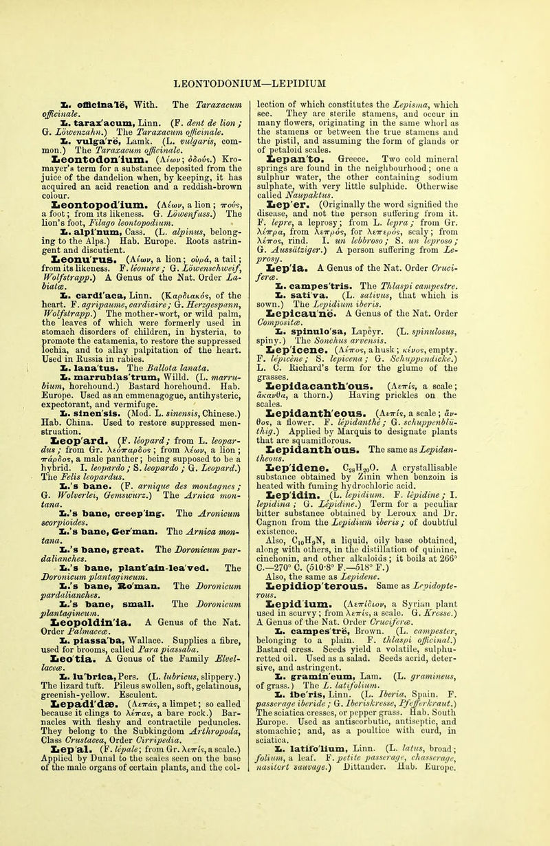 LEONTODONIUM—LEPIDIUM X. officinale, With. The Taraxacum officinale. Xi. tarax acum, Linn. (P. dent de lion ; G. Lowenzahn.) The Taraxacum, officinale. Xi. vulga're, Lamk. (L. vulgaris, com- mon.) The Taraxacum officinale. Xieontodon'ium. (AtW; d<5oo9.) Kro- mayer’s term for a substance deposited from the juice of the dandelion when, by keeping, it has acquired an acid reaction and a reddish-brown colour. Xaeontopod'ium. (Alu>v, a lion; irovs, a foot; from its likeness. G. Lowenfuss.) The lion’s foot, Filago leontopodium. Xi. alpi'num, Cass. (L. alpinus, belong- ing to the Alps.) Hab. Europe. Eoots astrin- gent and discutient. Leonurus, (Alwu, a lion; oltpd, a tail; from its likeness. F. leonure ; G. Lbwenschweif, Wolfstrapp.) A Genus of the Nat. Order La- biates. Xi. cardl'aca, Linn. (Kapdiaxos, of the heart. F. agripaume, car diair e; G. Herzgespann, Wolfstrapp.) The mother-wort, or wild palm, the leaves of which were formerly used in stomach disorders of children, in hysteria, to promote the catamenia, to restore the suppressed lochia, and to allay palpitation of the heart. Used in Russia in rabies. Xi. lana'tus. The Ballota lanata. Xi. marrublas'trum, Willd. (L. marru- bium, horehound.) Bastard horehound. Hab. Europe. Used as an emmenagogue, antihysteric, expectorant, and vermifuge. Ii. sinen sis. (Mod. L. sinensis, Chinese.) Hab. China. Used to restore suppressed men- struation. Xieop'ard. ^F. leopard; from L. leopar- dus; from Gr. AtoirapSos ; from Aitov, a lion; irdpbos, a male panther; being supposed to be a hybrid. I. leopardo ; S. leopardo ; G. Leopard.) The Fells leopardus. Xi.’s bane. (F. antique des montagnes; G. Wolverlei, Oemsumrz.) The Arnica mon- tana. Xi.’s bane, creeping. The Aronicum scorpioides. Xi.’s bane, Ger’man. The Arnica mon- tana. Xi.’s bane, great. The Doronicumpar- dalianehes. Xi.’s bane, plant’aln-lea'ved. The Doronicum plantagineum. Xi.’s bane, So'man. The Doronicum pardalianches. Xi.’s bane, small. The Doronicum plantagineum. Xieopoldin'ia. A Genus of the Nat. Order Fahnacece. Xi. plassa'ba, Wallace. Supplies a fibre, used for brooms, called Para piassaba. Xieo tia. A Genus of the Family Elvel- lacece. I.. lu’brlca,Pers. (L. lubricus, slippery.) The lizard tuft. Pileus swollen, soft, gelatinous, greenish-yellow. Esculent. Iiepadi'dse. (Ae-n-ds, a limpet; so called because it clings to Miras, a bare rock.) Bar- nacles with fleshy and contractile peduncles. They belong to the Subkingdom Arthropoda, Class Crustacea, Order Cirripedia. Lep al. (Y.lepale; from Gr. Aeirts, a scale.) Applied by Dunal to the scales seen on the base of the male organs of certain plants, and the col- lection of which constitutes the Lepisma, which see. They are sterile stamens, and occur in many flowers, originating in the same whorl as the stamens or between the true stamens and the pistil, and assuming the form of glands or of petaloid scales. Iiepan'to. Greece. Two cold mineral springs are found in the neighbourhood; one a sulphur water, the other containing sodium sulphate, with very little sulphide. Otherwise called Naupaktus. leper. (Originally the word signified the disease, and not the person suffering from it. F. lepre, a leprosy; from L. lepra; from Gr. Atarpa, from Aeirpos, for Atirtpos, scaly; from Xt7ros, rind. I. un lebbroso; S. un leproso ; G. Aussatziger.) A person suffering from Le- prosy. liep'ia. A Genus of the Nat. Order Cruci- fer ce. X. campes'tris. The Thlaspi campestre. X. sati'va. (L. sativus, that which is sown.) The Lepidium iberis. Xiepicau'ne. A Genus of the Nat. Order Composites. X. spinulo'sa, Lapeyr. (L. spinulosus, spiny.) The Sonchus arvensis. Xiep'icene. (ArVos, a husk; Ktvos, empty. F. lepicene; S. lepicena; G. Schuppendickc.) L. C. Richard’s term for the glume of the grasses. lepidacanth'ous. (AtirU, a scale; anavtia, a thorn.) Having prickles on the scales. Xiepidantll'eous. (Anrk, a scale ; dv- 0os, a flower. F. lepidanthe; G. schuppenblii- tliig.) Applied by Marquis to designate plants that are squamiflorous. lepidanth ous. The same as Lepidan- theous. Xaep'idene. C28H2oO. A crystallisable substance obtained by Zinin when benzoin is heated with fuming hydrochloric acid. Xiep'idin. (L. lepidium. F. lepidine; I. lepidina ; G. Lepidine.) Term for a peculiar bitter substance obtained by Leroux and Hr. Cagnon from the Lepidium iberis; of doubtful existence. Also, C10H9N, a liquid, oily base obtained, along with others, in the distillation of quinine, cinehonin, and other alkaloids; it boils at 266° 0.-270° C. (510-8° F.—518° F.) Also, the same as Lepidene. lepidiopterous. Same as Lepidopte- rous. Xiepid ium. (At-n-loiov, a Syrian plant used in scurvy; from Xeiris, a scale. G. Kresse.) A Genus of the Nat. Order Crucifer ce. X. campestre, Brown. (L. campester, belonging to a plain. F. thlaspi officinal.) Bastard cress. Seeds yield a volatile, sulphu- retted oil. Used as a salad. Seeds acrid, deter- sive, and astringent. X. gramin eum, Lam. (L. gramineus, of grass.) The L. latifolium. X. ibe'ris, Linn. (L. Iberia, Spain. F. passerage iberide ; G. Iberiskresse, Pfeffierkraut.) The sciatica cresses, or pepper grass. Hab. South Europe. Used as antiscorbutic, antiseptic, and stomachic; and, as a poultice with curd, in sciatica. X. latifolium, Linn. (L. latus, broad; folium, a leaf. F. petite passerage, chusscrage, nasitert sauvage.) Hittaudcr. Hab. Europe.