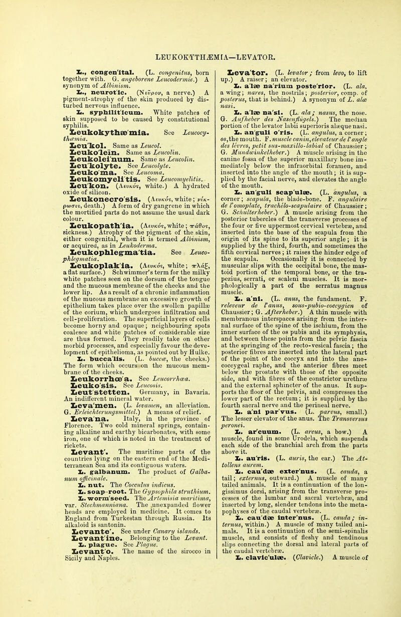 LEUKOKYTHiEMIA—LEVATOR. Ii., cong'en'ltal. (L. congenitus, born together with. G. angeborene Leucodermie.) A synonym of Albinism. Xi., neurotic. (NeD/oov, a nerve.) A pigment-atrophy of the skin produced by dis- turbed nervous influence. X. syphiliticum. White patches of skin supposed to be caused by constitutional syphilis. Leukokyth£e'mia. See Leucocy- thcemia. Leu'kol. Same as Leucol. Leukolein. Same as leucolin. Leukolei'num. Same as Leucolin. Leu'kolyte. See Leucolyte. Leuko ma. See Leucoma. Leukomyeli'tis. See Leucomyelitis. Leu'kon. (Atuxos, white.) A hydrated oxide of silicon. Xieukonecro'sis. (Aeukos, white; vU- paxi-is, death.) A form of dry gangrene in which the mortified parts do not assume the usual dark colour. Xaeukopath'ia. (Atu/cov,white; vrafios, sickness.) Atrophy of the pigment of the skin, either congenital, when it is termed Albinism, or acquired, as in Leukoderma. Leukophlegmatia. See Leuco- phlegmatia. Leukoplakia. (Aso/cds, white; 7rXd£, a flat surface.) Sch wimmer’s term for the milky white patches seen on the dorsum of the tongue and the mucous membrane of the cheeks and the lower lip. As a result of a chronic inflammation of the mucous membrane an excessive growth of epithelium takes place over the swollen papilla: of the corium, which undergoes infiltration and cell-proliferation. The superficial layers of cells become horny and opaque; neighbouring spots coalesce and white patches of considerable size are thus formed. They readily take on other morbid processes, and especially favour the deve- lopment of epithelioma, as pointed out by Hulke. la. bucca'lls. (L. buccce, the cheeks.) The form which occurs on the mucous mem- brane of the cheeks. Xieukorrhoe'a. See Leucorrhcea. Leuko sis. See Leucosis. Leut Stetten. Germany, in Bavaria. An indifferent mineral water. Leva'men. (L. levamcn, an alleviation. G. Erleichterungsmittel.) A means of relief. Leva'na. Italy, in the province of Florence. Two cold mineral springs, contain- ing alkaline and earthy bicarbonates, with some iron, one of which is noted in the treatment of rickets. Levant'. The maritime parts of the countries lying on the eastern end of the Medi- terranean Sea and its contiguous waters. X. galbanum. The product of Galba- num officinale. X. nut. The Coeculus indicus. X>. soap-root. The Gypsophila struthium. X. worm'seed. The Artemisia maritima, var. Stechmanniana. The .unexpanded flower heads are employed in medicine. It comes to England from Turkestan through Russia. Its alkaloid is santonin. Levante'. See under Canary islands. Levant ine. Belonging to the Levant. X. plague. See Plague. Levant'O. The name of the sirocco in Sicily and Naples. Leva tor. (L. levator ; from leva, to lift up.) A raiser; an elevator. X. alee na'rium posterior. (L. ala, awing; nares, the nostrils; posterior, comp, of posterus, that is behind.) A synonym of L. alee nasi. X. a'lse na'sl. (L. ala; nasus, the nose. G. Aufheber des Nasenfliigels.) The median portion of the levator labii superioris alseque nasi. X. anguli o'rls. (L. angulus, a corner; os,the mouth. F.muscle canin,elevateur de Vangle des levres, petit sus-maxillo-labial of Chaussier ; G. Mundwinkelheber.) A muscle arising in the canine fossa of the superior maxillary bone im- mediately below the infraorbital foramen, and inserted into the angle of the mouth; it is sup- plied by the facial nerve, and elevates the angle of the mouth. X. an guli scap ulae. (L. angulus, a corner; scapula, the blade-bone. F. angulaire de Vomoplate, trachelo-scapulaire of Chaussier; G. Schulterheber.) A muscle arising from the posterior tubercles of the transverse processes of the four or five uppermost cervical vertebra, and inserted into the base of the scapula from the origin of its spine to its superior angle; it is supplied by the third, fourth, and sometimes the fifth cervical nerves ; it raises the hinder edge of the scapula. Occasionally it is connected by muscular slips with the occipital bone, the mas- toid portion of the temporal bone, or the tra- pezius, serrati, or scaleni muscles. It is mor- phologically a part of the serratus magnus muscle. X. a nl. (L. anus, the fundament. F. releveur de I'anus, sous-pubio-coceygien of Chaussier; G. Afterheber.) A thin muscle with membranous interspaces arising from the inter- nal surface of the spine of the ischium, from the inner surface of the os pubis and its symphysis, and between these points from the pelvic fascia at the springing of the recto-vesical fascia ; the posterior fibres are inserted into the lateral part of the point of the coccyx and into the ano- coccygeal raphe, and the anterior fibres meet below the prostate with those of the opposite side, and with fibres of the constrictor urethrae and the external sphincter of the anus. It sup- fiorts the floor of the pelvis, and compresses the ower part of the rectum; it is supplied by the fourth sacral nerve and the perineal nerve. X. a'ni par’vus. (L. parvus, small.) The lesser elevator of the anus. The Transversus peronei. X. ar'cuum. (L. arcus, a bow.) A muscle, found in some Urodela, which suspends each side of the branchial arch from the parts above it. X. au'ris. (L. auris, the ear.) The At- tollens aurem. X. cau'dae exter'nus. (L. cauda, a tail; externus, outward.) A muscle of many tailed animals. It is a continuation of the lon- gissimus dorsi, arising from the transverse pro- cesses of the lumbar and sacral vertebra, and inserted by long, slender tendons into the meta- pophyses of the caudal vertebrae. X. cau’dae inter'nus. (L. cauda; in- ternus, within.) A muscle of many tailed ani- mals. It is a continuation of the semi-spinalis muscle, and consists of fleshy and tendinous slips connecting the dorsal and lateral parts of the caudal vertebra. X. clavlc'ulee. (Clavicle.) A muscle of