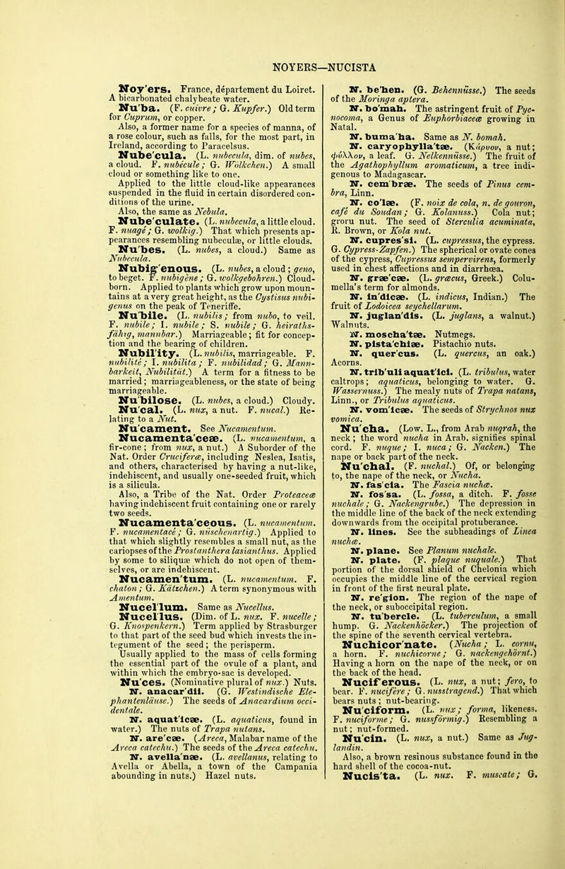 NOYERS—NUCISTA Noy 'ers. France, departement du Loiret. A bicarbonated chalybeate water. Nu ba. (F. cuivre ; G. Kupfer.) Old terra for Cuprum, or copper. Also, a former name for a species of manna, of a rose colour, such as falls, for the most part, in Ireland, according to Paracelsus. Nube'cula. (L. nubecula, dim. of nubes, a cloud. F. nubecule ; G. Wblkchen.) A small cloud or something like to one. Applied to the little cloud-like appearances suspended in the fluid in certain disordered con- ditions of the urine. Also, the same as Nebula. Nube'culate. (L. nubecula, a little cloud. F. nuage ; G. wolkig.) That which presents ap- pearances resembling nubeculae, or little clouds. Nu'bes. (L. nabes, a cloud.) Same as Nubecula. Nubig’ enous. (L. nubes, a cloud ; geno, to beget. Y.nubigene ; G. wolkgebohren.) Cloud- born. Applied to plants which grow upon moun- tains at a very great height, as the Cystisus nubi- genus on the peak of Teneriffe. Nubile. (L. nubilis; from nubn, to veil. F. nubile; I. nubile; S. nubile; G. heiraths- fahig, mannbar.) Marriageable; fit for concep- tion and the bearing of children. Nubility. (L. nubilis, marriageable. F. nubilite ; I. nubilita ; F. nubilidad; G. Mann- barkeit, Nubilitiit.) A term for a fitness to be married; marriageableness, or the state of being marriageable. Nu'bilose. (L. nubes, a cloud.) Cloudy. Nu'cal. (L. mix, a nut. F. nucal.) Re- lating to a Nut. Nu cament. See Nucamentum. Nucamenta'ceae. (L. nucamentum, a fir-cone ; from nux, a nut.) A Suborder of the Nat. Order Cruciferce, including Neslea, Isatis, and others, characterised by having a nut-like, indehiscent, and usually one-seeded fruit, which is a silicula. Also, a Tribe of the Nat. Order Proteacece having indehiscent fruit containing one or rarely two seeds. Nucamenta'ceous. (L. nucamentum. F. nucamentace; G. niischenartig.) Applied to that which slightly resembles a small nut, as the cariopsesofthe Prostanthera lasianthus. Applied by some to siliqu* which do not open of them- selves, or are indehiscent. Nucamen'tum. (L. nucamentum. F. cliaton; G. lidtzchen.) A term synonymous with Amentum. Nucel'lum. Same as Nucellus. Nucellus. (Dim. of L. nux. F. micelle; G. Knospenkern.) Term applied by Strasburger to that part of the seed bud which invests the in- tegument of the seed; the perisperm. Usually applied to the mass of cells forming the essential part of the ovule of a plant, and within which the embryo-sac is developed. Nu'ces. (Nominative plural of nux.) Nuts. IT. anacar’dil. (G. Westindische Ele- pliantenlduse.) The seeds of Anacardium occi- dentals. IT. aquat'lcae. (L. aquaticus, found in water.) The nuts of Trapa nutans. IT. are'cae. (Areca, Malabar name of the Areca catechu.) The seeds of the Areca catechu. IT. avella'nse. (L. avellanus, relating to Avella or Abella, a town of the Campania abounding in nuts.) Hazel nuts. IT. be'hen. (G. Behenniisse.) The seeds of the Moringa aptera. IT. bo'mab. The astringent fruit of Pyc- nocoma, a Genus of Euphorbiaceee growing in Natal. W. buma'ha. Same as N. bomah. N. caryophylla'tse. (Kdpuov, a nut; ifibWov, a leaf. G. Nelkenniisse.) The fruit of the Agathophyllum aromaticum, a tree indi- genous to Madagascar. IT. cem'brae. The seeds of Pinus cem- bra, Linn. IT. co’lae. (F. noix de cola, n. de gouron, cafe du Soudan; G. Kolanuss.) Cola nut; groru nut. The seed of Sterculia acuminata, R. Brown, or Kola nut. W. cupres'si. (L. cupresstis, the cypress. G. Cypress-Zapfen.) The spherical or ovate cone3 of the cypress, Cupressus sempervirens, formerly used in chest affections and in diarrhoea. IT. grae'cse. (L. grcecus, Greek.) Colu- mella’s term for almonds. IT. in'dlcae. (L. indicus, Indian.) The fruit of Lodoicea seychellarmn. IT. juglan'dls. (L. juglans, a walnut.) Walnuts. OT. moscha'tae. Nutmegs. W. pista'chiae. Pistachio nuts. IT. quer'cus. (L. quercus, an oak.) Acorns. IT. trlb'uli aquat'lcl. (L. tribulus, water caltrops; aquaticus, belonging to water. G. Wassernuss.) The mealy nuts of Trapa natans, Linn., or Tribulus aquaticus. IT. vom'lcae. The seeds of Strychnos nux vomica. Nu cha. (Low. L., from Arab nuqrah, the neck; the word nucha in Arab, signifies spinal cord. F. nuque; I. nuca; G. Nacken.) The nape or back part of the neck. Nu'chal. (F. nuchal.) Of, or belonging to, the nape of the neck, or Nucha. N. fas'cla. The Fascia nuchce. IT. fos sa. (L. fossa, a ditch. F. fosse nuchale ; G. Nackengrube.) The depression in the middle line of the back of the neck extending downwards from the occipital protuberance. IT. lines. See the subheadings of Linea nuchce. IT. plane. See Planum nuchale. ST. plate. (F. plaque nuquale.) That portion of the dorsal shield of Chelonia which occupies the middle line of the cervical region in front of the first neural plate. IT. re'gion. The region of the nape of the neck, or suboccipital region. IT. tu'bercle. (L. tuberculum, a small hump. G. Nackenhocker.) The projection of the spine of the seventh cervical vertebra. Nuchicor'nate. {Nucha; L. cornu, a horn. F. nuchicorne; G. nackengchornt.) Having a horn on the nape of the neck, or on the back of the head. Nuciferous. (L- nux, a nut; fero, to bear. V.nucifere; G.nusstragend.) That which bears nuts ; nut-hearing. Nu'ciform. (L. mix; forma, likeness. F. nuciforme; G. nussfbrmig.) Resembling a nut; nut-formed. Nu'cin. (L. nux, a nut.) Same as Jug- landin. Also, a brown resinous substance found in the hard shell of the cocoa-nut. Nucis'ta. (L. nux. F. muscate; G.