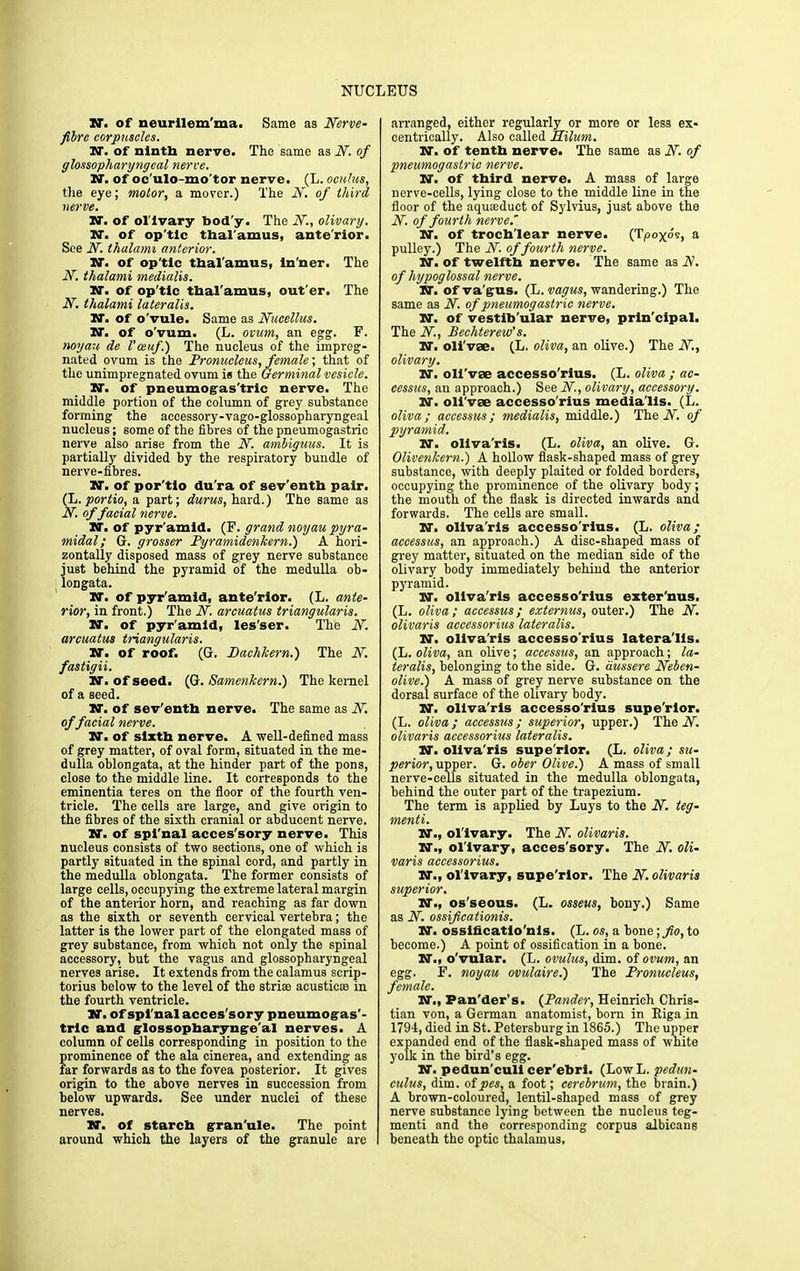 XT. of neurllem'ma. Same as Nerve- fibre corpuscles. XT. of ninth nerve. The same as N. of glossopharyngeal nerve. XT. of oc'ulo-mo'tor nerve. (L. oculus, the eye; motor, a mover.) The N. of third, nerve. IT. of ol'lvary bod'y The N., olivary. 1st. of op'tlc thalamus, ante'rior. See N. thalami anterior. XT. of op'tlc thal'amus, ln'ner. The N. thalami medialis. IT. of op'tlc thal'amus, out'er. The N. thalami lateralis. IT. of o'vule. Same as Nticellus. IT. of o'vum. (L. ovum, an egg. F. noyau de Vceuf.) The nucleus of the impreg- nated ovum is the Pronucleus, female; that of the unimpregnated ovum is the Germinal vesicle. IT. of pneumog-as'tric nerve. The middle portion of the column of grey substance forming the accessory-vago-glossopharyngeal nucleus; some of the fibres of the pneumogastric nerve also arise from the N. ambiguus. It is partially divided by the respiratory bundle of nerve-fibres. XT. of por'tlo du'ra of sev'entb pair. (L. portio, a part; durus, hard.) The same as N. of facial nerve. XT. of pyr'amld. (F. grand noyau pyra- midal ; G. grosser Pyramidenkern.) A hori- zontally disposed mass of grey nerve substance just behind the pyramid of the medulla ob- longata. IT. of pyr'amld, ante'rior. (L. ante- rior, in front.) The N. arcuatus triangularis. XT. of pyr'amld, les'ser. The N. arcuatus triangularis. XT. of roof. (G. Bachkern.) The N. fastigii. IT. of seed. (G. Samenkern.) The kernel of a seed. IT. of sev'enth nerve. The same as N. of facial nerve. XT. of sixth nerve. A well-defined mass of grey matter, of oval form, situated in the me- dulla oblongata, at the hinder part of the pons, close to the middle line. It corresponds to the eminentia teres on the floor of the fourth ven- tricle. The cells are large, and give origin to the fibres of the sixth cranial or abducent nerve. XI. of spi'nal acces'sory nerve. This nucleus consists of two sections, one of which is partly situated in the spinal cord, and partly in the medulla oblongata. The former consists of large cells, occupying the extreme lateral margin of the anterior horn, and reaching as far down as the sixth or seventh cervical vertebra; the latter is the lower part of the elongated mass of grey substance, from which not only the spinal accessory, but the vagus and glossopharyngeal nerves arise. It extends from the calamus scrip- torius below to the level of the stria? acusticoe in the fourth ventricle. XI. of spinal acces'sory pneumogas'- trlc and glossopharynge'al nerves. A column of cells corresponding in position to the prominence of the ala cinerea, and extending as far forwards as to the fovea posterior. It gives origin to the above nerves in succession from below upwards. See under nuclei of these nerves. H. of starch gran'ule. The point around which the layers of the granule are arranged, either regularly or more or less ex- centrically. Also called Jlilum. IT. of tenth nerve. The same as N. of pneumogastric nerve. II. of third nerve. A mass of large nerve-cells, lying close to the middle line in the floor of the aquueduct of Sylvius, just above the iV. of fourth nerve.' XT. of trochlear nerve. (Tpoxos, a pulley.) The N. of fourth nerve. XI. of twelfth nerve. The same as N. of hypoglossal nerve. W. of va gus. (L. vagus, wandering.) The same as N. of pneumogastric nerve. IT. of vestib'ular nerve, prin'cipal. The N., Bechterew’s. XT. oli'vae. (L. oliva, an olive.) The N., olivary. IT. oli'vae accesso'rius. (L. oliva ; ac- eessus, an approach.) See N., olivary, accessory. XI. oli'vae accesso'rius media'lis. (L. oliva; accessus; medialis, middle.) The N. of pyramid. XT. ollva'ris. (L. oliva, an olive. G. Olivenkern.) A hollow flask-shaped mass of grey substance, with deeply plaited or folded borders, occupying the prominence of the olivary body; the mouth of the flask is directed inwards and forwards. The cells are small. II. ollva'ris accesso'rius. (L. oliva; accessus, an approach.) A disc-shaped mass of grey matter, situated on the median side of the olivary body immediately behind the anterior pyramid. XI. ollva'ris accesso'rius exter'nus. (L. oliva; accessus; externus, outer.) The N. olivaris accessorius lateralis. XI. ollva'ris accesso'rius lateralis. (L. oliva, an olive; accessus, an approach; la- teralis, belonging to the side. G. dussere Neben- olive.) A mass of grey nerve substance on the dorsal surface of the olivary body. XI. ollva'ris accesso'rius supe'rlor. (L. oliva ; accessus ; superior, upper.) The N. olivaris accessorius lateralis. XI. ollva'ris supe'rlor. (L. oliva; su- perior, upper. G. ober Olive.) A mass of small nerve-cells situated in the medulla oblongata, behind the outer part of the trapezium. The term is applied by Luys to the N. teg- menti. II., olivary. The N. olivaris. II., ol'lvary, acces'sory. The N. oli- varis accessorius. II., ol'lvary, supe'rlor. The N. olivaris superior. II., os'seous. (L. osseus, bony.) Same as N. ossificationis. II. ossificatlo'nis. (L. os, a bone; fio, to become.) A point of ossification in a bone. XI., o'vular. (L. ovulus, dim. of ovum, an egg. F. noyau ovulaire.) The Pronucleus, female. II., Pan'der’s. (Pander, Heinrich Chris- tian von, a German anatomist, born in Riga in 1794, died in St. Petersburg in 1865.) The upper expanded end of the flask-shaped mass of white yolk in the bird’s egg. II. pedun'euli cer’ebrl. (LowL. pedun- culus, dim. of pes, a foot; cerebrum, the brain.) A brown-coloured, lentil-shaped mass of grey nerve substance lying between the nucleus teg- menti and the corresponding corpus albicans beneath the optic thalamus.