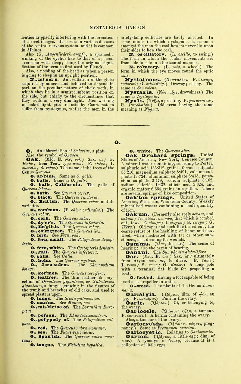 NYSTALEOUS—OARION lenticular opacity interfering with the formation of correct Images. It occurs in various diseases of the central nervous system, and it is common in Albinos. Also (G. Augenliederkrampf), a spasmodic winking of the eyelids like to that of a person overcome with sleep ; being the original signi- fication of the term as first used by Plenck. Also, a nodding of the head as when a person is going to sleep in an upright position. W., ml'ner’s. An oscillation of the globe acquired by miners, and believed to depend in part on the peculiar nature of their work, in which they lie in a semireeumbent position on the side, but chiefly to the circumstance that they work in a very dim light. Men working in naked-light pits are said by Court not to suffer from nystagmus, whilst the men in the safety-lamp collieries are badly affected. In some mines in which nystagmus is common amongst the men the coal hewers never lie upon their sides to hew the coal. KT. os'cillatory. (L. oscillo, to swing.) The form in which the ocular movements are from side to side in a horizontal manner. N. ro'tatory. (L. rota, a wheel.) The form in which the eye moves round the optic axis. Nystal'eous. (NW-raXt'os. F. assoupi, endormi; G. schlaffrig}] Drowsy; sleepy. The same as Somnolent. Nystax'is. (Noo-ragis, drowsiness.) The same as Nystagmus. Nyx'is. (Niigi?, a pricking. F. paracentese ; G. JJurchstich.) Old term having the same meaning as Nygma. O. O ■ An abbreviation of Octarius, a pint. Also, the symbol of Oxygen. Oak. (Mid. E. oke, ook; Sax. dc; G. Eiche; from Teut. type aika. F. chine; I. quercia ; S. roble.) The name of the trees of the Genus Quercus. O. ap'ples. Same as 0. galls. O. balls. Same as 0. galls. O. balls, Califor'nla. The galls of Quercus lobata. O. bark. See Quercus cortex. O., black. The Quercus tinctoria. O., Brit'lsh. The Quercus robur and its varieties. O., com mon. (F. chene ordinaire.) The Quercus robur. O., cork. The Quercus suber. O., dy' er’s. The Quercus infectoria. O., En glish. The Quercus robur. O., ev'ergreen. The Quercus ilex. O. fern. See Fern, oak. O. fern, small. The Polypodium dryop- teris. O. fern, white. The Cystopterisdentata. O., gall. The Quercus infectoria. O. galls. See Galla. O., holm. The Quercus cegilops. O., Jeru'salem. The Chenopodiuni botrys. O., ker’mes. The Quercus coccifera. O. leather. The thin leather-like my- celium of Dematium giganteum, or Xylostroma giganteum, a fungus growing in the fissures of the trunk and branches of old oaks, and used to spread plasters upon. O. lungs. The Sticta pulmonacea. O. man'na. See Manna, oak. O., mis'tletoe of. TheLoranthus Euro- pceus. O., poi'son. The Rhus toxicodendron. O., pol'ypody of. The Polypodium vul- gare. O., red. The Quercus rubra montana. O., sea. The Fuchs vesiculosus. O., Span'lsh. The Quercus rubra mon- tana. O. tongue. The Fistulina liepatica. O., white. The Quercus alba. Oak Orchard spring's. United States of America, New York, Genesee County. A mineral water containing, according to Porter, sulphuric acid 133'312 grains, ferrous sulphate 35-216, magnesium sulphate 8'491, calcium sul- phate 13'724, aluminium sulphate 6-413, potas- sium sulphate 2-479, sodium sulphate 3-162, sodium chloride 1'432, silicic acid 3’324, and organic matter 6'654 grains in a gallon. There are several springs of like composition. Oak’ton spring's. United States of America, Wisconsin, Waukesha County. Weakly mineralised waters containing a small quantity of iron. Oak um. (Formerly also spelt ockam, and oakam ; from Sax. acumba, that which is combed out, tow. F. etoupe ; I. stoppa; S. estop a ; G. Werg.) Old ropes and such Like teased out; the coarse refuse of the hackling of hemp and flax. Used, when medicated with tar or other sub- stances, as a dressing for wounds. Oam'ma. fOas, the ear.) The sense of hearing ; also the organ of hearing. Oana'ni. The Symphonia globulifera. Oar. (Mid. E. ore; Sax. dr; ultimately from Aryan root nr, to drive. F. rame; I. reino; S. remo; G. Ruder.) A long pole with a terminal flat blade for propelling a boat. O.-foot'ed. Having a foot capable of being used as a propeller in water. O.-weed. The plants of the Genus Lami- naria. Oarial'g’ia. ('Qapiov, dim. of wov, an egg. F. oaralgie.) Pain in the ovary. Oar'ic. (’Qapiov.) Of, or belonging to, the ovary. Oar'iocele. (’Qapiov', kv\v, a tumour. F. oariocele.) A hernia containing the ovary. Also, a tumour of the ovary. Oariocye'sis. (’Qdpiov; kvi](tis, preg- nancy.) Same as Pregnancy, ovarian. Oariocyet'ic. Relating to Oariocyesis. Oar ion. (’Qapiov, a little egg; dim. of wov.) A synonym of Ovary, because it is a collection of little eggs.