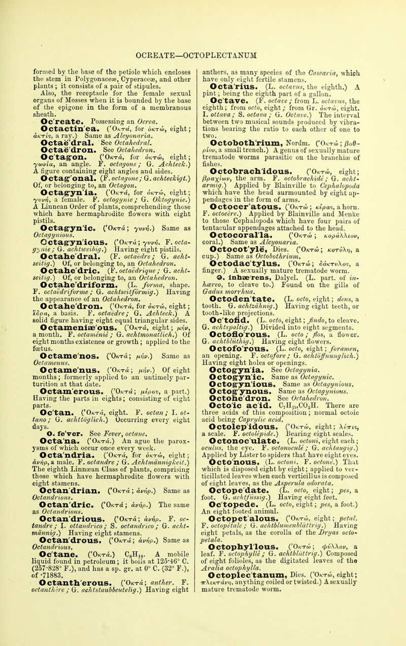 OCREATE—OCTOPLECTANUM formed by the base of the petiole which encloses the stem in Polygonaceae, Cyperaceoe, and other plants ; it consists of a pair of stipules. Also, the receptacle for the female sexual organs of Mosses when it is bounded by the base of the epigone in the form of a membranous sheath. Oc reate. Possessing an Ocrea. Octactin'ea. (’Okt«, for oktui, eight; d/c-ri's, a ray.) Same as Alcyonaria. Octae'dral. See Octahedral. Octae'dron. See Octahedron. Oc'tag’on. (’Okto, for oktui, eight; yuivia, an angle. F. octagone; G. Achteck.) A figure containing eight angles and sides. O Ctag’ onal. (F. octagone; G. achteckigt.) Of, or belonging to, an Octagon. Octag-yn'ia. (’OktA, for A-tm, eight; yvvh, a female. P. octogynie; G. Oktogynie.) A Linnean Order of plants, comprehending those which have hermaphrodite flowers with eight pistils. Octag-yn'ic. (’Oktu; yvvrj.) Same as Octagynious. Cctagyn'ious. (,’Oktu; ywv. F. octa- gynie ; G. aclitweibig.) Having eight pistils. Octahe'dral. (F. octaMre; G. achu seitig.) Of, or belonging to, an Octahedron. Octahe'dric. (F. octaedrique; G. acht- seitig.) Of, or belonging to, an Octahedron. O ctahe'driform. (L. forma, shape. F. octaedriforme; G. achtseitfbrmig.) Having the appearance of an Octahedron. Octahedron. (’Okt<x, for oktui, eight; tiSpa, a basis. F. octaedre; G. Achteck.) A solid figure having eight equal triangular sides. Octameniae'ous. (’Oktu, eight; ptv, a month. F. octamenie ; G. achtmonatlich.) Of eight months existence or growth; applied to the foetus. Octame'nos. (’O^rd; ghv.) Same as Octamenus. Octame'nus. (’Oktd; pi\v.) Of eight months ; formerly applied to an untimely par- turition at that date. Octam’erous. (’Ok-tu; pipes, a part.) Having the parts in eights; consisting of eight parts. Oc'tan. (’Oktd, eight. F. octan ; I. ot- tano; G. achttiiglich.) Occurring every eight days. O. fe'ver. See Fever, octane. Octa'na. (’Oktu.) An ague the parox- ysms of which occur once every week. Octa'ndria. (’Ok-rd, for oktui, eight; hvhp, a male. F. octandre ; G. Achtmannigkeit.) The eighth Linnaean Class of plants, comprising those which have hermaphrodite flowers with eight stamens. Octan'drian. (’OktA; auvp.) Same as Octandrious. Octan'dric. (’0ktix; avup.) The same as Octandrious. Octan'drious. (’Okt«; avtp. F. oc- tandre; I. ottandrico; S. octandrico; G. acht- mdnnig.) Having eight stamens. Octan'drous. (’Oktu; drnip.) Same as Octandrious. Octane. (’Oktu.) C8H,8. A mobile liquid found in petroleum; it boils at 125-46° C. (257-828° F.), and has a sp. gr. at 0° C. (32° F.), of -71883. O ctantherous. (’OktU; anther. F. octanthere ; G. achtstaubbeutelig.) Having eight anthers, as many species of the Casearia, which have only eight fertile stamens. Octa'rius. (L. octavus, the eighth.) A pint; being the eighth part of a gallon. Octave. (F. octave ; from L. octavus, the eighth; from octo, eight; from Gr. oktui, eight. I. ottava; S. octava ; G. Octave.) The interval between two musical sounds produced by vibra- tions bearing the ratio to each other of one to two. Octoboth'rium, Nordm. (’Ch-Td.; /3o0- piou, a small trench.) A genus of sexually mature trematode worms parasitic on the branchise of fishes. Octobrach'idous. (’ Oktui, eight; Ppax'iwv, the arm. F. octobrachide; G. acht- armig.) Applied by Blainville to Cephalopoda which have the head surmounted by eight ap- pendages in the form of arms. Octocer'atous. (’Oktui ; Kipa9, a horn. F. octocere.) Applied by Blainville and Menke to those Cephalopods which have four pairs of tentacular appendages attached to the head. Octocoral'la. (’Oktui ; KopaWioo, coral.) Same as Alcyonaria. Octocot'yle, Dies. (’OxT(i; kotuXi], a cup.) Same as Octobothrium. Octodac'tylus. (’Oktui ; SuktuXos, a finger.) A sexually mature trematode worm. 0. inbse'rens, Dalyel. (L. part, of in- hcereo, to cleave to.) Found on the gills of Gadus morrhua. Octoden tate. (L. octo, eight; dens, a tooth. G. achtzdhnig.) Having eight teeth, or tooth-like projections. Oc'tofid. (L. octo, eight; jindo, to cleave. G. achtspaltig.) Divided into eight segments. Octoflo'rous. (L. octo; flos, a flower. G. achtbliithig.) Having eight flowers. Octofo'rous. (L. octo, eight; foramen, an opening. F. octofore; G. achtoffnunglich.) Having eight holes or openings. Octog-yn'ia. See Octagynia. Octog-yn'ic. Same as Octagynic. Octog yn'ious. Same as Octagynious. Octog-'ynous. Same as Octagynious. Octohe'dron. See Octahedron. Octo'ic ac id. C7H!5,C02H. There are three acids of this composition ; normal octoic acid being Caprylic acid. Octolep'idous. (’Oktui, eight; Xi-TTis, a scale. F. octolepide.) Bearing eight scales. Octonoc'ulate. (L. octoni, eight each; oculus, the eye. F. octonocule ; G. achtaugig.) Applied by Lister to spiders that have eight eyes. Octonous. (L. octoni. F.octone.) That which is disposed eight by eight; applied to ver- ticillated leaves when each verticillus is composed of eight leaves, as the Asperula odorata. Octope'date. (L. octo, eight; pes, a foot. G. achtfussig.) Having eight feet. Oc'topede. (L. octo, eight; pes, a foot.) An eight footed animal. OCtopet alous. (’Oktui, eight; petal. F. octopetale ; G. achtblumenblattrig.) Having eight petals, as the corolla of the Bryas octo- petala. O ctophyl'lous. (’Oktui ; (pvXXov, a leaf. F. octophylle ; G. achtbldttrig.) Composed of eight folioles, as the digitated leaves of the Aralia octophylla. Octoplec tanum, Dies. (’Oktui, eight; irXtKTavn, anything coiled or twisted.) A sexually mature trematode worm.