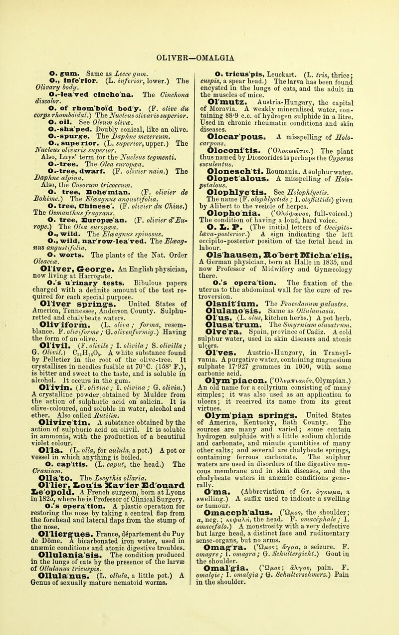OLIVER—OMALGIA O. gum. Same as Lecce gum. O., lnfe'rior. (L. inferior, lower.) The Olivary body. O.-lea'ved cinchona. The Cinchona discolor. O. of rbom'boi'd bod'y. (F. olive du corps rhomboidal.) The Nucleus olivaris superior. O. oil. See Oleum olivce. O.-sha'ped. Doubly conical, like an olive. O.-spurge. The Daphne mezereum. O., supe rior. (L. superior, upper.) The Nucleus olivaris superior. Also, Luys’ term for the Nucleus tegmenti. O.-tree. The Olea europcea. O.-tree, dwarf. (F. olivier nain.) The Daphne alpina. Also, the Cneorum tricoccum. O. tree, Bobe'mlan. (F. olivier de Boheme.) The Elceagnus angustifolia. O. tree, Chinese'. (F. olivier du Chine.') The Osmanthus fragrans. O. tree, Europae'an. (F. olivier d’Eu- rope.) The Olea europcea. O., wild. The Elceagnus spinosus. O., wild, nar'row-lea'ved. The Elceag- nus angustifolia. O. worts. The plants of the Nat. Order Oleacece. Oliver, George. An English physician, now living at Harrogate. O.’s u'rinary tests. Bibulous papers charged with a definite amount of the test re- quired for each special purpose. Oliver spring's. United States of America, Tennessee, Anderson County. Sulphu- retted and chalybeate waters. Oliviform. (L. oliva ; forma, resem- blance. F. oliviforme; G.olivenformig.) Having the form of an olive. Ollvil. (F. olivile ; I. olivila ; S. olivilla; G. Olivil.) ChH1605. A white substance found by Pelletier in the root of the olive-tree. It crystallises in needles fusible at 70° C. (158° F.), is bitter and sweet to the taste, and is soluble in alcohol. It occurs in the gum. Olivin.(F. olivine; l.olivina; G. olivin.) A crystalline powder, obtained by Mulder from the action of sulphuric acid on salicin. It is olive-coloured, and soluble in water, alcohol and ether. Also called Rutilin. Olivire tin. A substance obtained by the action of sulphuric acid on olivil. It is soluble in ammonia, with the production of a beautiful violet colour. Ol'la. (L. olla, for aulula, a pot.) A pot or vessel in which anything is boiled. O. cap itis. (L. caput, the head.) The Cranium. Olla’to. The Lecythis ollaria. Ol lier, Xiou'is Xav ier Ed'ouard Le opold. A French surgeon, born at Lyons in 1825, where he is Professor of Clinical Surgery. O.’s opera'tlon. A plastic operation for restoring the nose by taking a central flap from the forehead and lateral flaps from the stump of the nose. Ol’liergues. France, departement du Puy de Dome. A bicarbonated iron water, used in ansemic conditions and atonic digestive troubles. Ollulania'sis. The condition produced in the lungs of cats by the presence of the larvae of Ollulanus tricuspis. Ollulanus. (L. ollula, a little pot.) A Genus of sexually mature nematoid worms. O. tricus'pis, Leuckart. (L. Iris, thrice; cuspis, a spear head.) The larva has been found encysted in the lungs of cats, and the adult in the muscles of mice. Ol'mutZ. Austria-Hungary, the capital of Moravia. A weakly mineralised water, con- taining 88-9 c.c. of hydrogen sulphide in a litre. Used in chronic rheumatic conditions and skin diseases. Olocar'pous. A misspelling of Eolo- carpous. Oloconi tis. (’OXoKamns.) The plant thus named by Dioscoridesis perhaps the Cyperus esculentus. Oloneschti. Roumania. A sulphur water. Olopet'alous. A misspelling of Eolo- petalous. Olophlyc tis. See Eolophlyctis. The name (F. olophlyctide ; I. olojiittide) given by Alibert to the vesicle of herpes. Olopho'nia. (’OXocfxavos, full-voiced.) The condition of having a loud, hard voice. O. Xi. X*. (The initial letters of Occipito- Iceva-posterior.) A sign indicating the left occipito-posterior position of the foetal head in labour. Ols'hausen, Ro bert XtXicha'elis. A German physician, born at Halle in 1835, and now Professor of Midwifery and Gynascology there. O.’s operation. The fixation of the uterus to the abdominal wall for the cure of re- troversion. Olsnit'ium. The Peucedanam palustre. Olulano sis. Same as Ollulaniasis. Ol 'US. (L. olus, kitchen herbs.) A pot herb. Olusa trum. The Smyrnium olusatrum. Olve ra. Spain, province of Cadiz. A cold sulphur water, used in skin diseases and atonic ulogrs. or ves. Austria-Hungary, in Transyl- vania. A purgative water, containing magnesium sulphate 17'927 grammes in 1000, with some carbonic acid. Olym'piacon. (’OXopanaKoi, Olympian.) An old name for a collyrium consisting of many simples; it was also used as an application to ulcers; it received its name from its great virtues. Olym pian spring's. United States of America, Kentucky, Bath County. The sources are many and varied; some contain hydrogen sulphide with a little sodium chloride and carbonate, and minute quantities of many other salts; and several are chalybeate springs, containing ferrous carbonate. The sulphur waters are used in disorders of the digestive mu- cous membrane and in skin diseases, and the chalybeate waters in anaemic conditions gene- rally. O ma. (Abbreviation of Gr. oyKwya, a swelling.) A suffix used to indicate a swelling or tumour. Omaceph'alus. (7Q,uos, the shoulder; a, neg.; netpaXh, the head. F. omacephale ; I. omacefalo.) A monstrosity with a very defective but large head, a distinct face and rudimentary sense-organs, but no arms. Omagra. (7Qhos; ay pa, a seizure. F. omagre; 1. omagra; G. Schultergicht.) Gout in the shoulder. Omalgia. (7Q/uos; aXyos, pain. F. omalgie; I. omalgia ; G. Sehulterschmerz.) Pain in the shoulder.