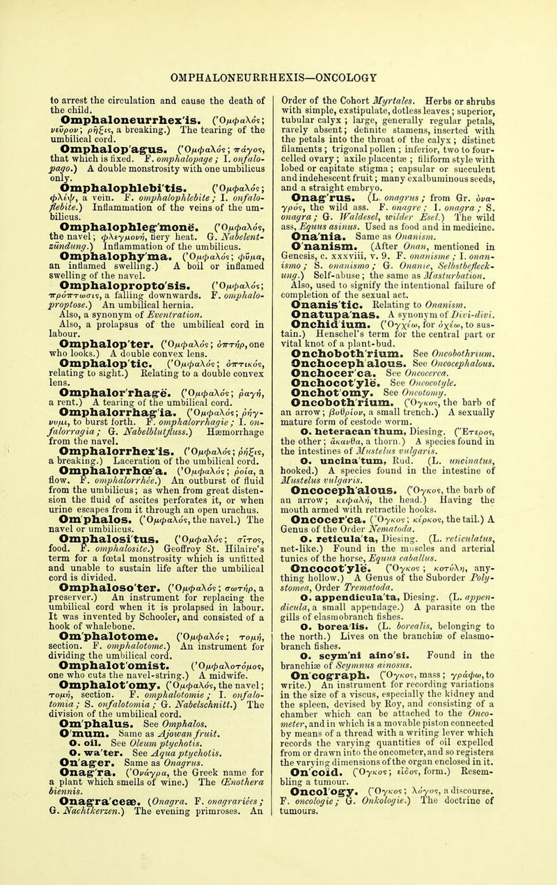 OMPHALONEURRHEXIS—ONCOLOGY to arrest the circulation and cause the death of the child. Omphaloneurrhex'is. (’OpapaXos; vtupov, pfi^Ls, a breaking.) The tearing of the umbilical cord. Ompbalop'ag'US. ('OpitpaXos; irayos, that which is fixed. F.omphalopage ; I.onfalo- pago.) A double monstrosity with one umbilicus only. Omphalophlebi'tis. (’o pcpaXSs; <pXi\j/, a vein. E. omphalophlebite; I. onfalo- flebite.) Inflammation of the veins of the um- bilicus. Omphalophleg'mone. (’o^aXo'v, the navel; (pXeypovn, tiery heat. G. Nabelent- zundung.) Inflammation of the umbilicus. Omphalophy'ma. (’o^aXo's; <pupa, an inflamed swelling.) A boil or inflamed swelling of the navel. Omphalopropto'sis. (’CVpaXo's; TrpoTTTuiais, a falling downwards. F. omphalo- proptose.) An umbilical hernia. Also, a synonym of Eventration. Also, a prolapsus of the umbilical cord in labour. Omphalop'ter. (’0pitpaXos', dirTUjO,one who looks.) A double convex lens. Omphalop'tic. (’OprpaXos; otttikos, relating to sight.) Relating to a double convex lens. Omphalor'rhage. (’OjUc/>aAds; payn, a rent.) A tearing of the umbilical cord. Omphalorrhagia. (’Op/paXoV, phy- vv/xl, to burst forth. F. oniphalorrhagie ; I. on- falorragia; G. Nabelblutfluss.) Haemorrhage from the navel. Omphalorrhexis. COprpaXos; ph^s, a breaking.) Laceration of the umbilical cord. Omphalorrhoe'a. (’OpcpaXos; poia, a. flow. F. omphalorrhee.) An outburst of fluid from the umbilicus; as when from great disten- sion the fluid of ascites perforates it, or when urine escapes from it through an open urachus. Om phalos. (’OpipaXos, the navel.) The navel or umbilicus. Omphalosi'tus. (JOp<paX6s; o-Tto?, food. F. omphalosite.') Geoffroy St. Hilaire’s term for a foetal monstrosity which is unfitted and unable to sustain life after the umbilical cord is divided. Omphaloso'ter. (’Oyu/paXos; <rtnTtip,a. preserver.) An instrument for replacing the umbilical cord when it is prolapsed in labour. It was invented by Schooler, and consisted of a hook of whalebone. Om'phalotome. (’Opd>aAds; topt, section. F. omphalotome.) An instrument for dividing the umbilical cord. Omphalot 'OmiSt. {’OpapaXoTopos, one who cuts the navel-string.) A midwife. Omphalot'omy. (’ Op<paXo5, the navel; Topyj, section. F. omphalotomie; I. onfalo- tomia ; S. onfalotomia ; G. Nabelschnitl.) The division of the umbilical cord. Om'phalus. See Omphalos. O'mum. Same as Ajowan fruit. O. oil. See Oleum ptyehotis. O. wa'ter. See Aqua ptyehotis. On ager. Same as Onagrus. Onag'ra. (’0vuypa, the Greek name for a plant which smells of wine.) The (Enothera biennis. Onagra'cese. (Onagra. F. onagrariees; G. Nachtkerzen.) The evening primroses. An Order of the Cohort Myrtales. Herbs or shrubs with simple, exstipulate, dotless leaves; superior, tubular calyx ; large, generally regular petals, rarely absent; definite stamens, inserted with the petals into the throat of the calyx ; distinct filaments; trigonal pollen ; inferior, two to four- celled ovary ; axile placentae ; filiform style with lobed or capitate stigma ; capsular or succulent and indehescent fruit; many exalbuminous seeds, and a straight embryo. Onag'rus. (L. onagrus ; from Qr. ova- ypos, the wild ass. F. onagre; I. onagra; S. onagra; G. Waldesel, wilder Esel.) The wild ass, Equus asinus. Used as food and in medicine. Ona'nia. Same as Onanism. O'nanism. (After Onan, mentioned in Genesis, c. xxxviii, v. 9. F. onanisme ; I. onan- ismo; S. onanismo; G. Onanie, Selbstbefleck- ung.) Self-abuse; the same as Masturbation. Also, used to signify the intentional failure of completion of the sexual act. Onanis'tic. Relating to Onanism. Onatupa'nas. A synonym of Eivi-divi. Onchid ium. (JOyxOo, for dx£«>, to sus- tain.) Henschel's term for the central part or vital knot of a plant-bud. Onchoboth'rmm. See Oncobothrium. Onchoeepli alous. See Oncocephalous. Onchocer ca. See Oncocerca. Onchocot'yle. See Oncocotyle. Onchot'omy. See Oncotomy. Oncoboth'rium. (Oy/cos, the barb of an arrow; floOpiov, a small trench.) A sexually mature form of cestode worm. O. heteracan thum, Diesing. (''Et-£<oos, the other ; aKuvQu, a thorn.) A species found in the intestines of Mustelus vulgaris. O. uncina turn, Rud. (L. uncinatus, hooked.) A species found in the intestine of Mustelus vulgaris. Oncoceph'alous. C'Oy/cos, the barb of an arrow; KitpaXu, the head.) Having the mouth armed with retractile hooks. Oncocer'ca. (Oy/cos; KtpKos, the tail.) A Genus of the Order Nematoda. O. reticula'ta, Diesing. (L. reticulatus, net-like.) Found in the muscles and arterial tunics of the horse, Equus caballus. ©ncocot'yle. (”Oy/,os ; KoruXn, any- thing hollow.) A Genus of the Suborder Poly- stomea, Order Trematoda. O. appendicula'ta, Diesing. (L. appen- dicula, a small appendage.) A parasite on the gills of elasmobranch fishes. O. borea'lis. (L. borealis, belonging to the north.) Lives on the branchiae of elasmo- branch fishes. O. scym'ni aino'si. Found in the branchiae of Scymnus ainosus. On cograph. C'Oy/cos, mass ; ypdupw, to write.) An instrument for recording variations in the size of a viscus, especially the kidney and the spleen, devised by Roy, and consisting of a chamber which can be attached to the Onco- meter, and in which is a movable piston connected by means of a thread with a writing lever which records the varying quantities of oil expelled from or drawn into the oncometer, and so registers the varying dimensions of the organ enclosed in it. On'coid. (”Oy/cos; tiSos, form.) Resem- bling a tumour. Oncol ogy. (”Oy/cos; Xdyos, a discourse. F. oncologie; G. Onkologie.) The doctrine of tumours.