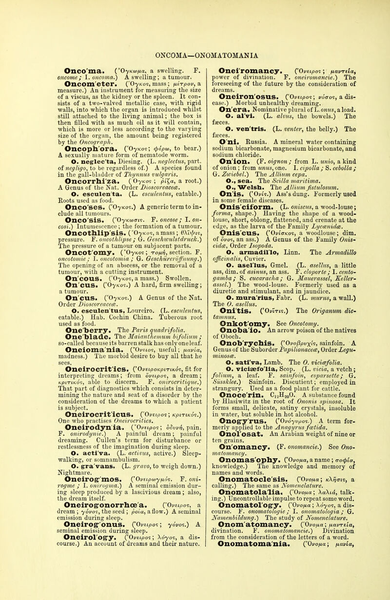 ONCOM A—ONOM ATOMANIA Oncoma. (Oy/ciupa, a swelling. F. oncome; 1. oncoma.) A swelling; a tumour. Oncom eter. ('Oy/cos, mass ; ytrpov, a measure.) An instrument for measuring the size of a viseus, as the kidney or the spleen. It con- sists of a two-valved metallic case, with rigid walls, into which the organ is introduced whilst still attached to the living animal; the box is then filled with as much oil as it will contain, which is more or less according to the varying size of the organ, the amount being registered by the Oncograph. Oncopitl’ora. (Oyicos; cfyipui, to bear.) A sexually mature form of nematode worm. O. neglec'ta, Diesing. (L. neglectus, part, of negligo, to be regardless of.) A species found in the gall-bladder of Thynnus vulgaris. Oncorrhi za. ( Oy«os; pila, a root.) A Genus of the Nat. Order Dioscoreacece. O. esculen'ta. (L. esculentus, eatable.) Roots used as food. Onco'ses. (Oyaos.) A generic term to in- clude all tumours. Onco sis. (OyKMtris. F. oncose; I. on- cosi.) Intumescence; the formation of a tumour. Oncothlip’sis. ('Oy kos, amass ; 0Aii//ts, pressure. F. oncothlipse ; G. Geschivulstdruck.) The pressure of a tumour on subjacent parts. Oncotomy. (OyKos; To^ufi, section. F. oncotomie ; I. oncotomia ; G. Geschiireroffnung.) The opening of an abscess, or the removal of a tumour, with a cutting instrument. On' cous. (Oy/cos, a mass.) Swollen. On'cus. (OyKos.) A hard, firm swelling; a tumour. On'cus. (Oy/cos.) A Genus of the Nat. Order Dioscoreacece. O. esculen'tus, Loureiro. (L. esculentus, eatable.) Hab. Cochin China. Tuberous root used as food. One'berry. The Paris quadrifolia. One blade. The Maianthemum bifolium ; so-called because its barren stalk has only one leaf. Oneioma nia. (”0weios, useful; yavia, madness.) The morbid desire to buy all that he sees. Oneirocrit'ics. (’OvEipo/cptriKds, fit for interpreting dreams; from ovupos, a dream; kPltikos, able to discern. F. onirocritique.) That part of diagnostics which consists in deter- mining the nature and seat of a disorder by the consideration of the dreams to which a patient is subject. Oneiroerit'icus. ('Ovtipos; KpniKos.) One who practises Oneirocritics. Oneirodynia. (OwEipos; oSurh, pain. F. onirodynie.) A painful dream; painful dreaming. Cullen’s term for disturbance or restlessness of the imagination during sleep. O. acti’va. (L. activus, active.) Sleep- walking, or somnambulism. O. gravans. (L. gravo, to weigh down.) Nightmare. Oneirogmos. (Ompwyyos. F. oni- rogme ; I. onirogma.) A seminal emission dur- ing sleep produced by a lascivious dream; also, the dream itself. Oneirog'onorrhoe'a. (OvEtpos, a dream; yovos, the seed; poia, a flow.) A seminal emission during sleep. Oneirog'onus. ('Ompos; yovos.) A seminal emission during sleep. Oneirology. (’OvEipos; Ao'yov, a dis- course.) An account of dreams and their nature. Onei'romancy. (Orupos > yavTsla, power of divination. F. oneiromancie.) The foreseeing of the future by the consideration of dreams. Oneiron'osus. ('Ovs/pos; vdcros, a dis- ease.) Morbid unhealthy dreaming. On 'era. Nominative plural of L.o««s,aload. O. al'vl. (L. alvus, the bowels.) The faeces. O. ven'tris. (L. venter, the belly.) The faeces. O ni. Russia. A mineral water containing sodium bicarbonate, magnesium bicarbonate, and sodium chloride. Onion. (F. oignon ; from L. unio, a kind of onion ; from unus, one. I. cipolla ; S. cebolla ; G. Zwiebel.) The Allium cepa. O., sea. The Scilla maritima. O., Welsh. The Allium fistulosum. On is. (’Owls.) Ass’s dung. Formerly used in some female diseases. Onis'ciform. (L. oniscus, a wood-louse; forma, shape.) Having the shape of a wood- louse, short, oblong, flattened, and crenate at the edge, as the larva of the Family Lyccenidce. Oniscus. (’Ov£<ncos, a woodlouse; dim. of ovoe, an ass.) A Genus of the Family Onis- cidce, Order Isopoda. O. armadillo, Linn. The Armadillo officinalis, Cuvier. O. asellus, Gmel. (L. asellus, a little ass, dim. of asinus, an ass. F. cloporte ; I. cento- gamba; S. cucaracha; G. Mauerassel, Keller- assel.) The wood-louse. Formerly used as a diuretic and stimulant, and in jaundice. O. mura'rius, Fabr. (L. mums, a wall.) The 0. asellus. Oni'tis. (’Owlrts.) The Origanwn die- tamnus. Onkot'omy. See Oncotomy. Onoba'io. An arrow poison of the natives of Oboch. Onob'rychis. (’Owo/Spuyi's, sainfoin. A Genus of the Suborder Papilionacece, Order Legu- minosce. O. sati'va, Lamb. The 0. vicicefolia. O. vicisefo'lia, Scop. (L. vicia, a vetch; folium, a leaf. F. sainfoin, esparsette; G. Siissklee.) Sainfoin. Discutient; employed in strangury. Used as a food plant for cattle. Onoce'rin. C,2H20O. A substance found by Hlasiwitz in the root of Ononis spinosa. It forms small, delicate, satiny crystals, insoluble in water, but soluble in hot alcohol. Onog'y'rus. (’Ovo'yupos.) A term for- merly applied to the Anagyrus feetida. Onol'osat. An Arabian weight of nine or ten grains. On'omancy. (F. onomancie.) See Ono- matomancy. Onomas'ophy. C'Ovopa, a name; aofyia, knowledge.) The knowledge and memory of names and words. Onomatocle'sis. ('Ovoga; kX^tls, a calling.) The same as Nomenclature. Onomatola'lia. (Ovoga\ XaXA, talk- ing.) Uncontrollable impulse to repeat some word. Onomatol'og-y. ('Oroya ; Ao'yov, a dis- course. F. onomatologie; I. onomatologia ; G. Namenbildung.) The study of Nomenclature. Onom’atomancy. (Oroya ; yavrAa, divination. F. onomatomancie.) Divination from the consideration of the letters of a word. Onomatoma nia. ('Oroya; yavia,