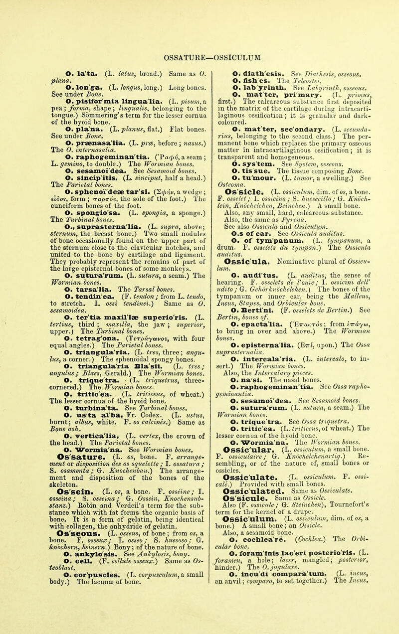 OSSATURE—OSSICULUM O. la'ta. (L. latus, broad.) Same as 0. plana. O.lon g a, (L. longus, long.) Long bones. See under Bone. O. pisifor'mia lingua’lia. (L. pisum,a pea ; forma, shape ; lingualis, belonging to the tongue.) Sommering’s term for the lesser cornua of the hyoid bone. O. pla na. (L. planus, flat.) Flat bones. See under Bone. O. praenasa'lia. (L. prce, before ; nasus.) The 0. internasalia. O. raphogeminan'tia. ('Patpn, a seam ; L. gemino, to double.) The Wormian bones. O. sesamoi'dea. See Sesamoid bones. O. slncip'itis. (L. sinciput, half a head.) The Parietal bones. O. sphenoi'dese tar'si. (ficpiiv, a wedge ; tldos, form ; rapcos, the sole of the foot.) The cuneiform bones of the foot. O. spongio sa. (L. spongia, a sponge.) The Turbinal bones. O., suprasterna'lia. (L. supra, above; sternum, the breast bone.) Two small nodules of bone occasionally found on the upper part of the sternum close to the clavicular notches, and united to the bone by cartilage and ligament. They probably represent the remains of part of the large episternal hones of some monkeys. O. sutura'rum. (L. sutura, a seam.) The Wormian bones. O. tarsa'lia. The Tarsal bones. O. tendinea. (F. tendon ; from L. tendo, to stretch. I. ossi tendinei.) Same as 0. sesamoidea. O. ter'tia maxil lae superio'ris. (L. tertius, third ; inaxilla, the jaw ; superior, upper.) The Turbinal bones. O. tetrag'ona. (Titpdywvos, with four equal angles.) The Parietal bones. O. triangula'ria. (L. tres, three; angu• lus, a corner.) The sphenoidal spongy bones. O. triangula'ria Bla'sii. (L. tres; angulus ; Blaes, Gerald.) The Wormian bones. O. trique'tra. (L. triquetrus, three- cornered.) The Wormian bones. O. tritic'ea. (L. triticeus, of wheat.) The lesser cornua of the hyoid bone. O. turbina'ta. See Turbinal bones. O. us'ta al ba, Fr. Codex. (L. ustus, burnt; albus, white. F. os calcines.) Same as Bone ash. O. vertiea'lia, (L. vertex, the crown of the head.) The Parietal bones. O. Wormia'na. See Wormian bones. Os 'sature. (L. os, bone. F. arrange- ment or disposition des os squelette ; I. ossatura ; S. osamenta; G. Knochenbau.) The arrange- ment and disposition of the bones of the skeleton. Os 'sein. (L. os, a bone. F. osseine ; I. osseina; S. osseina; G. Ossein, Knochensub- stanz.) Robin and Verdeil’s term for the sub- stance which with fat forms the organic basis of bone. It is a form of gelatin, being identical with collagen, the anhydride of gelatin. Os ’seous. (L. osseus, of bone; from os, a bone. F. osseux; I. osseo; S. huesoso; G. knochern, beinern.) Bony; of the nature of bone. O. ankylo sis. See Ankylosis, bony. O. cell. (F. cellule osseux.) Same as Os- teoblast. O. cor’puscles. (L. corpusculum, a small body.) The lacunae of bone. O. diath'esis. See Diathesis, osseous. O. fish es. The Teleosiei. O. lab yrinth. See Labyrinth, osseous. O. matter, pri'mary. (L. primus, first.) The calcareous substance first deposited in the matrix of the cartilage during intraearti- laginous ossification; it is granular and dark- coloured. O. mat'ter, sec'ondary. (L. secunda- rius, belonging to the second class.) The per- manent bone which replaces the primary osseous matter in intracartilaginous ossification; it is transparent and homogeneous. O. sys tem. See System, osseous. O. tis sue. The tissue composing Bone. O. tu'mour. (L. tumor, a swelling.) See Osteoma. Os sicle. (L. ossiculum, dim. of os, a bone. F. osselet; I. ossicino ; S. huesecillo ; G. Knock- lein, Knochelchen, Beinchen.) A small bone. Also, any small, hard, calcareous substance. Also, the same as Pyrena. See also Ossicula and Ossiculum. O.s of ear. See Ossicula auditus. O. of tym'panum. (L. tympanum, a drum. F. osselets du tympan.) The Ossicula auditus. Ossic ula. Nominative plural of Ossicu- lum. O. audi tus. (L. auditus, the sense of hearing. F. osselets de Voids; I. ossicini dell' udito ; G. Gehorknochelchen.) The bones of the tympanum or inner ear, being the Malleus, Incus, Stapes, and Orbicular bone. O. Berti'ni. (F. osselets de Bertin.) See Berlin, bones of. O. epacta'lia. (’EiracTo's; from iirayw, to bring in over and above.) The Wormian bones. O. episterna lia. (Eiri, upon.) The Ossa suprasternalia. O. intercala'ria. (L. intercalo, to in- sert.) The Wormian bones. Also, the Intercalary pieces. O. na si. The nasal bones. O. raphogeminan'tia. See Ossarapho- geminantia. O. sesamoi'dea. See Sesamoid bones. O. sutura'rum. (L. sutura, a seam.) The Wormian bones. O. trique'tra. See Ossa triquetra. O. tritic'ea. (L. triticeus, of wheat.) The lesser cornua of the hyoid bone. O. Wormia'na. The Wormian bones. Ossic'ular. (L. ossiculum, a small bone. F. ossiculaire; G. Knochelchenartig.) Re- sembling, or of the nature of, small bones or ossicles. Ossic’ulate. (L. ossiculum. F. ossi- cale.) Provided with small bones. Ossie ulated. Same as Ossiculate. Os'sicule. Same as Ossicle. Also (F. ossicule; G. Steinchen), Tournefort’s term for the kernel of a drupe. Ossic ulum. (L. ossiculum, dim. of os, a bone.) A small bone; an Ossicle. Also, a sesamoid bone. O. cochlea're. (Cochlea.) The Orbi- cular bone. O. foram'inis lae’eri posterio'ris. (L. foramen, a hole; lacer, mangled; posterior, hinder.) The O.jugulare. O. incu'di compara’tum. (L. incus, an anvil; comparo, to set together.) The Incus.