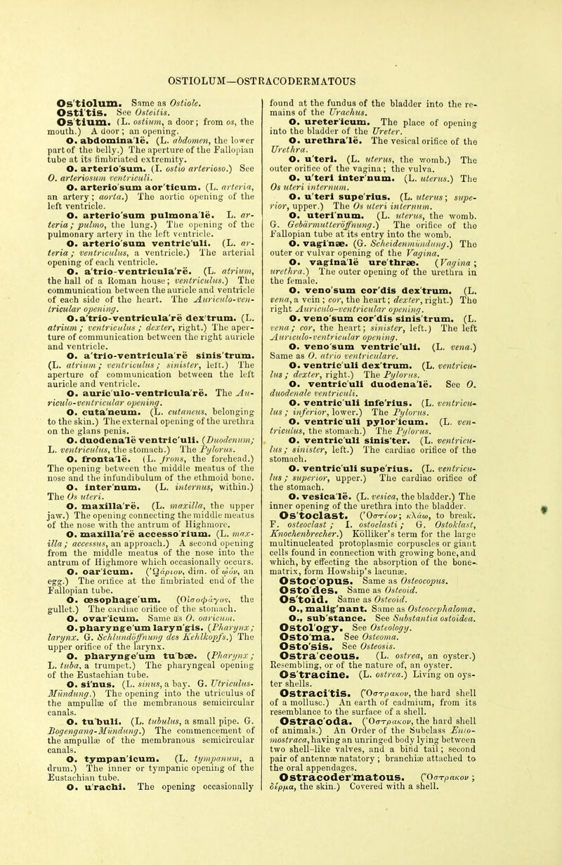 OSTIOLUM—OSTRACODERMATOUS Os'tiolum. Same as Ostiole. Osti'tis. See Osteitis. Ostium. (L. ostium, a door; from os, the mouth.) A door ; an opening. O. abdomina le. (L. abdomen, the lower part of the belly.) The aperture of the Fallopian tube at its fimbriated extremity. O. arterio'sum. (I. ostio arterioso.) See O. arteriosum ventriculi. O. arterio'sum aor’ticum. (L. artcria, an artery ; aorta.) The aortic opening of the left ventricle. O. arterio'sum pulmonale. L. ar- teria; putmo, the lung.) The opening of the pulmonary artery in the loft ventricle. O. arterio'sum ventric'uli. (L. ar- teria; ventriculus, a ventricle.) The arterial opening of each ventricle. O. a'trio-ventricula're. (L. atrium, the hall of a Roman house; ventriculus.) The communication between the auricle and ventricle of each side of the heart. The Auriculo-ven- tricular opening. O. a’trio-ventricula're dex'trum. (L. atrium ; ventriculus ; dexter, right.) The aper- ture of communication between the right auricle and ventricle. O. a'trio-ventricula're sinis'trum. (L. atrium; ventriculus; sinister, left.) The aperture of communication between the left auricle and ventricle. O. auriculo-ventricula're. The Au- riculo-ventricular opening. O. euta'neum. (L. cutaneus, belonging to the skin.) The external opening of the urethra on the glans penis. O. duodena le ventric'uli. (Duodenum; L. ventriculus, the stomach.) The Pylorus. O. fronta'le. (L. frons, the forehead.) The opening between the middle meatus of the nose and the infundibulum of the ethmoid bone. O. Internum. (L. internus, within.) The Os uteri. O. maxilla're. (L. maxilla, the upper jaw.) The opening connecting the middle meatus of the nose with the antrum of Highmore. O. maxilla're accesso'rium. (L. max- illa ; accessus, an approach.) A second opening from the middle meatus of the nose into the antrum of Highmore which occasionally occurs. O. oar'icum. (’ilcipiov, dim. of wov, an egg.) The orifice at the fimbriated end of the Fallopian tube. O. ossophage'um. {Oioo^uyos, the gullet.) The cardiac orifice of the stomach. O. ovar'icum. Same as 0. oaricum. O.pharynge'um laryn'gis. (Pharynx; larynx. G. SchlimdoWnung des Kehlkopfs.) The upper orifice of the larynx. 4>. pbarynge'um tu'bae. (Pharynx; L. tuba, a trumpet.) The pharyngeal opening of the Eustachian tube. O. si'nus. (L. sinus, a bay. G. Utriculus- Mundung.) The opening into the utriculus of the ampulla; of the membranous semicircular canals. O. tu'buli. (L. tubulus, a small pipe. G. Pogenganq-Miindung.) The commencement of the ampulke of the membranous semicircular canals. O. tympan'icum. (L. tympanum, a drum.) The inner or tympanic opening of the Eustachian tube. O. u'raebi. The opening occasionally found at the fundus of the bladder into the re- mains of the Urachus. O. ureter'icum. The place of opening into the bladder of the Ureter. O. urethrale. The vesical orifice of the Urethra. O. u'teri. (L. uterus, the womb.) The outer orifice of the vagina; the vulva. O. u'teri inter num. (L. uterus.) The Os uteri internum. O. u'teri supe'rius. (L. uterus', supe- rior, upper.) The Os uteri internum. O. uteri'num. (L. uterus, the womb. G. Gebarmutteroffnung.) The orifice of the Fallopian tube at its entry into the womb. O. vagi nae. (G. Scheidenmiindung.) The outer or vulvar opening of the Vagina. O. vaglna'le urethrae. (Vagina; urethra.) The outer opening of the urethra in the female. O. veno'sum cor dis dex'trum. (L. vena, a vein ; cor, the heart; dexter, right.) The right Auriculo-ventricidar opening. O. veno’sum cor'dis sinis’trum. (L. vena; cor, the heart; sinister, left.) The left Auriculo-ventricular opening. O. veno'sum ventric'uli. (L. vena.) Same as 0. atrio ventriculare. O. ventric'uli dex'trum. (L. ventricu- lus ; dexter, right.) The Pylorus. O. ventric'uli duodena'le. See 0. duodenale ventriculi. O. ventric'uli infe'rius. (L. ventricu- lus ; inferior, lower.) The Pylorus. O. ventric'uli pylor'icum. (L. ven- triculus, the stomach.) The Pylorus. O. ventric'uli sinis'ter. (L. ventricu- lus; sinister, left.) The cardiac orifice of the stomach. O. ventric'uli supe'rius. (L. ventricu- lus ; superior, upper.) The cardiac orifice of the stomach. O. vesica le. (L. vesica, the bladder.) The inner opening of the urethra into the bladder. Os'toclast. (’Oo-Tf'ov; kXuijo, to break. F. osteoclast; I. ostoclasti; G. Ostoklast, Knochenbrecher.) Kolliker’s term for the large multinucleated protoplasmic corpuscles or giant cells found in connection with growing bone, and which, by effecting the absorption of the bone-. matrix, form Howship’s lacunae. Ostoc opus. Same as Osteocopus. Osto'des. Same as Osteoid. Os'toid. Same as Osteoid. O., malig'nant. Same as Osteocephaloma. O., sub stance. See Substantia ostoidea. Ostol'og’y. See Osteology. Osto ma. See Osteoma. Osto’sis. See Osteosis. Ostra'ceous. (L. ostrea, an oyster.) Resembling, or of the nature of, an oyster. Os'tracine. (L. ostrea.) Living on oys- ter shells. Ostraci'tis. ('0crTpanov, the hard shell of a mollusc.) An earth of cadmium, from its resemblance to the surface of a shell. Ostrac oda. (Orr-rpaKov, the hard shell of animals.) An Order of the Subclass Pnio- mostraca, having an unringed body lying between two shell-like valves, and a bifid tail; second pair of antennae natatory ; branchiae attached to the oral appendages. Ostracoder'matous. (OcrpaKoc; otp/ua, the skin.) Covered with a shell.