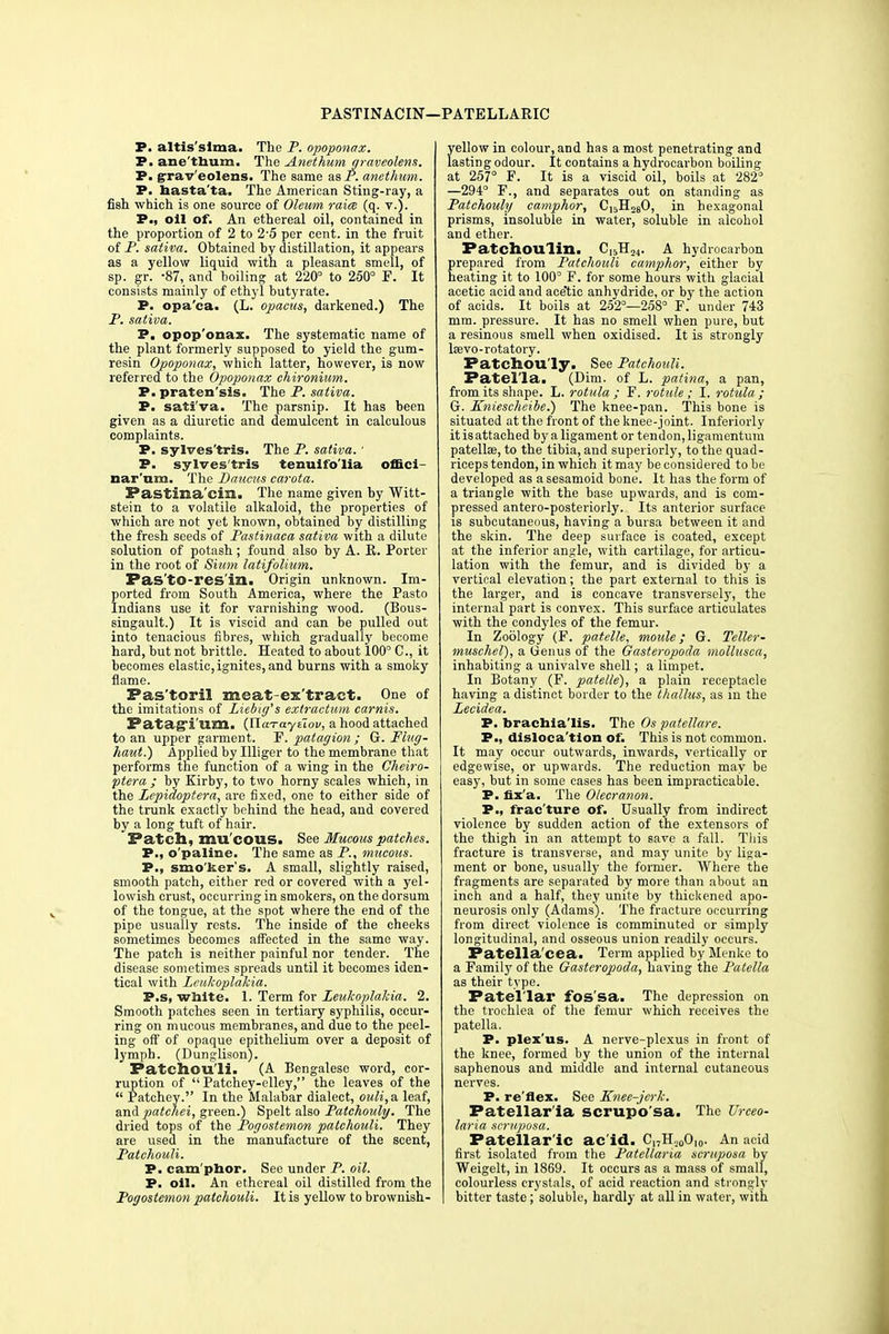 PASTINACIN— PATELLARIC P. altis'slma. The P. opoponax. P. ane'thum. The Anethum graveolens. P. graveolens. The same as P. anethum. P. hasta'ta. The American Sting-ray, a fish which is one source of Oleum raiee (q. v.). P., oil of. An ethereal oil, contained in the proportion of 2 to 2'5 per cent, in the fruit of P. sativa. Obtained by distillation, it appears as a yellow liquid with a pleasant smell, of sp. gr. -87, and boiling at 220° to 250° F. It consists mainly of ethyl butyrate. P. opa'ca. (L. opactts, darkened.) The P. sativa. P. opop onax. The systematic name of the plant formerly supposed to yield the gum- resin Opoponax, which latter, however, is now referred to the Opoponax chironium. P. praten'sis. The P. sativa. P. sativa. The parsnip. It has been given as a diuretic and demulcent in calculous complaints. P. sylves'tris. The P. sativa. • P. sylves'tris tenuifo'lia offici- nar'nm. The Baucus carota. P&Stima'cin. The name given by Witt- stein to a volatile alkaloid, the properties of which are not yet known, obtained by distilling the fresh seeds of Pastinaca sativa with a dilute solution of potash; found also by A. R. Porter in the root of Sium latifolium. Pas'tO-res'in. Origin unknown. Im- ported from South America, where the Pasto Indians use it for varnishing wood. (Bous- singault.) It is viscid and can be pulled out into tenacious fibres, which gradually become hard, but not brittle. Heated to about 100° C, it becomes elastic, ignites, and burns with a smoky flame. Pas'toril meat-ex'tract. One of the imitations of Liebig's extraction carnis. Fatag'i'um. (IlaTaytiov, a hood attached to an upper garment. F. patagion; G. Fltig- haut.) Applied by Illiger to the membrane that performs the function of a wing in the Cheiro- ptera ; by Kirby, to two horny scales which, in the Lepidoptera, are fixed, one to either side of the trunk exactly behind the head, and covered by a long tuft of hair. Patch, mu cous. See Mucous patches. P., o'paline. The same as P., mucous. P., smoker's. A small, slightly raised, smooth patch, either red or covered with a yel- lowish crust, occurring in smokers, on the dorsum of the tongue, at the spot where the end of the pipe usually rests. The inside of the cheeks sometimes becomes affected in the same way. The patch is neither painful nor tender. The disease sometimes spreads until it becomes iden- tical with Leukoplakia. P.s, white. 1. Term for Leukoplakia. 2. Smooth patches seen in tertiary syphilis, occur- ring on mucous membranes, and due to the peel- ing off of opaque epithelium over a deposit of lymph. (Dunglison). Patchouli. (A Bengalese word, cor- ruption of  Patchey-elley, the leaves of the  Patchey. In the Malabar dialect, ouli, a leaf, and patchei, green.) Spelt also Patchouli/. The dried tops of the Pogostemon patchouli. They are used in the manufacture of the scent, Patchouli. P. cam phor. See under P. oil. P. oil. An ethereal oil distilled from the Pogostemon patchouli. It is yellow to brownish- yellow in colour, and has a most penetrating and lasting odour. It contains a hydrocarbon boiling at 257° F. It is a viscid oil, boils at 282° —294° F., and separates out on standing as Patchouly camphor, C^H^O, in hexagonal prisms, insoluble in water, soluble in alcohol and ether. Patchoulin. C,5H24. A hydrocarbon prepared from Patchouli camphor, either by heating it to 100° F. for some hours with glacial acetic acid and ace'tic anhydride, or by the action of acids. It boils at 252°—258° F. under 743 mm. pressure. It has no smell when pure, but a resinous smell when oxidised. It is strongly tevo-rotatory. Patchouly. See Patchouli. Patella. (Dim. of L. patina, a pan, from its shape. L. rotula ; F. rotule ; I. rotula ; G. Kniescheibe.) The knee-pan. This bone is situated at the front of the knee-joint. Inferiorly it is attached by a ligament or tendon, ligamentum patella?, to the tibia, and superiorly, to the quad- riceps tendon, in which it may be considered to be developed as a sesamoid bone. It has the form of a triangle with the base upwards, and is com- pressed antero-posteriorly. Its anterior surface is subcutaneous, having a bursa between it and the skin. The deep surface is coated, except at the inferior angle, with cartilage, for articu- lation with the femur, and is divided by a vertical elevation; the part external to this is the larger, and is concave transversely, the internal part is convex. This surface articulates with the condyles of the femur. In Zoology (F. patelle, moule; G. Teller- muschel), a Genus of the Gasteropoda mollusca, inhabiting a univalve shell; a limpet. In Botany (F. patelle), a plain receptacle having a distinct border to the tliallus, as in the Lecidea. P. brachia'lis. The Os patellare. P., dislocation of. This is not common. It may occur outwards, inwards, vertically or edgewise, or upwards. The reduction may be easy, but in some cases has been impracticable. P. fix'a. The Olecranon. P., frac'ture of. Usually from indirect violence by sudden action of the extensors of the thigh in an attempt to save a fall. This fracture is transverse, and may unite by liga- ment or bone, usually the former. Where the fragments are separated by more than about an inch and a half, they unite by thickened apo- neurosis only (Adams). The fracture occurring from direct violence is comminuted or simply longitudinal, and osseous union readily occurs. Fatella'cea. Term applied by Menke to a Family of the Gasteropoda, having the Patella as their type. Patellar fos'sa. The depression on the trochlea of the femur which receives the patella. P. plex us. A nerve-plexus in front of the knee, formed by the union of the internal saphenous and middle and internal cutaneous nerves. P. re flex. See Knee-jerk. Patellar ia scruposa. The Urceo- laria scruposa. Patellar ic ac'id. C17H,00,0. An acid first isolated from the Patellaria scruposa by Weigelt, in 1869. It occurs as a mass of small, colourless crystals, of acid reaction and strongly bitter taste; soluble, hardly at all in water, with