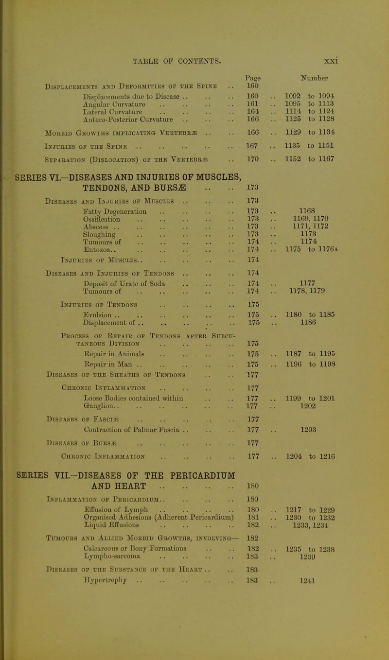 Displacements and Depoemities of the Spine Page 160 Number Displacements due to Disease .. Angulai- Curvature Lateral Ciu'vature Autero-Posterior Curvatui'e .. .. .. 160 161 . 166 . 1092 to 1094 . 1095 to 1113 1114) to 11^4! . 1125 to 1128 MOIIBID GrROWTHS IMPLICATINQ- VEETEBEiE . . 166 . . 1129 to 1134 Injtjkies op the Spine .. .. .. .. .. 167 . . 1135 to 1151 Sepaeation (Dislocation) of the Veetebe^ 170 . . 1152 to 1167 SERIES VI-DISEASES AND INJURIES OF MUSCLES, TENDONS, AND BURSiE 173 Diseases and Injtjeies of Muscles .. 173 Fatty Degeneration Ossification .. • • . • •. ■. Abscess .. Slovighing Tumours of Entozoa.. 173 173 173 . 173 . 174 174 . 1168 1169, 1170 1171, 1172 1173 1174 . 1175 to 1176a Injfeies of Muscles. . 174 Diseases and Injueies of Tendons .. Deposit of Urate of Soda ±umours oi 174 . 1177 Injueies of Tendons 175 Evulsion .. X^J.Q [Jlcl;0\7JJLll7iJ.U V^X #« «« <• 175 . 175 . 1180 to 1185 1186 Peocess of Repaie of Tendons aftbe Subcu- taneous Division 175 Eeoair in Animals 175 . 1187 to 1195 Repair in Man .. 175 . . 1196 to 1198 Diseases of the Sheaths of Tendons 177 Cheonic Inflammation 177 Loose Bodies contained witliin Granglion.. 177 . 177 . . 1199 to 1201 1202 Diseases of Fascia 177 Contraction of Palmar Fascia .. 177 . 1203 Diseases of Bues^ 177 Cheonic Inflammation 177 . . 1204 to 1216 SERIES VII.—DISEASES OF THE PERICARDIUM A MTi TTT71 A DT ioU Inflammation of Peeicaedium. . ISO Effusion of Lymph Organised Adliesions (Adhierent Pericardium) Liquid Effusions 180 . lol 182 . 1217 to 1229 xZoU to LZoZ 1233, 1234 Tumoues and Allied Moebid GI-eowths, involtino— 182 Calcareous or Bony Formations Lymplio-sarcoma 182 . 183 . . 1235 to 1238 1239 Diseases of the Substance of the Heart .. 183 Hypertrophy 183 . 1241