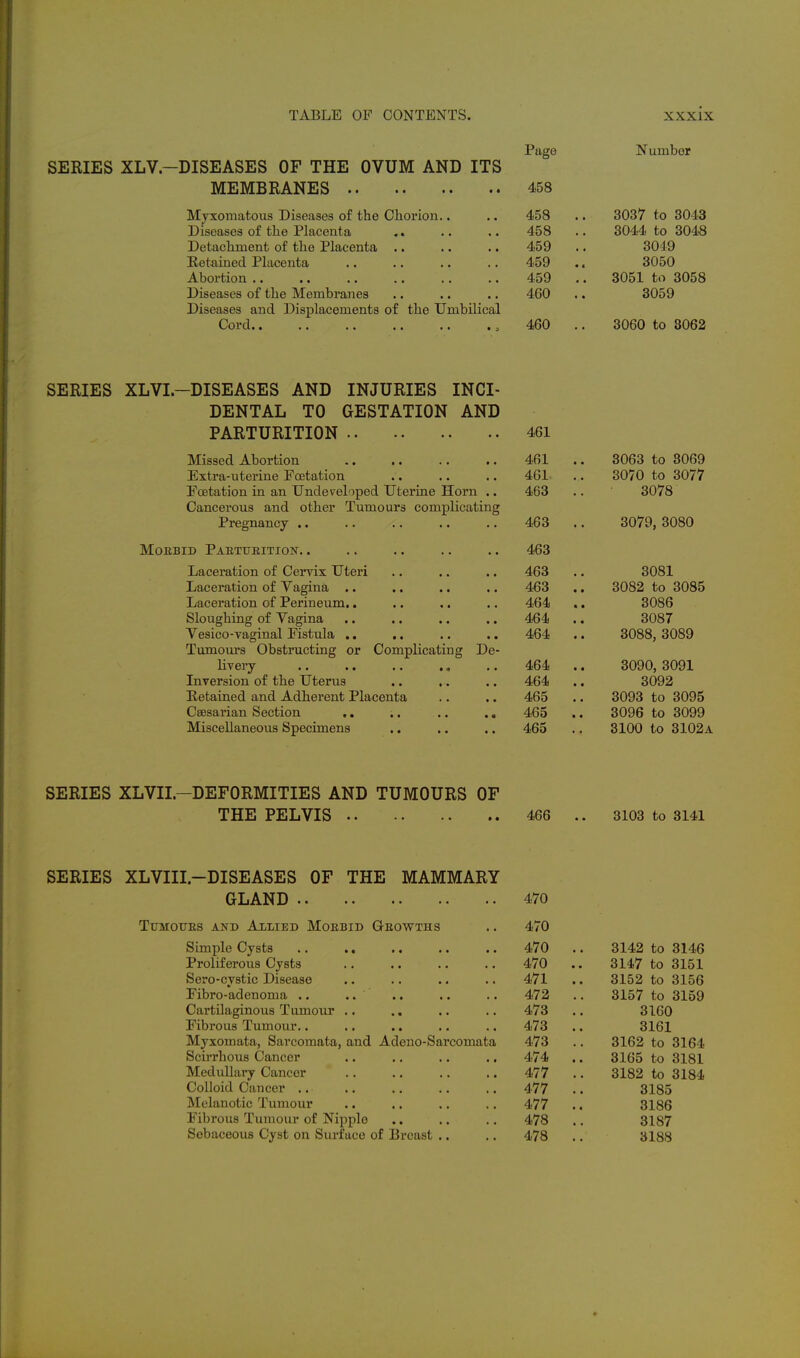 Page Number DISEASES OF THE OVUM AND ITS MEMBRANES 458 Myxomatous Diseases of the Chorion,. 458 . 3037 to 3043 Diseases of the Placenta .. 458 . 3044 to 3048 Detachment of the Placenta .. 459 . 3049 [Retained Placenta 459 .. 3050 Abortion .. 459 . . 3051 to 3058 Diseases of the Membranes 460 3059 Diseases and Displacements of the Umbilical Oord*« •• t s 460 3060 to 3062 SERIES XLVI.-DISEASES AND INJURIES INCI- DENTAL TO GESTATION AND PARTURITION 461 Missed Abortion « • 461 . 3063 to 3069 Extra-uterine Foetation 461 . 3070 to 3077 Foetation in an Undeveloped Uterine Horn .. 463 3078 Cancerous and other Tumours complicating Pregnancy .. 463 . 3079, 3080 MOEBID PaETUEITION. . 463 Laceration of Cervix Uteri • • 463 . 3081 Laceration of Vagina .. • • 463 . 3082 to 3085 Laceration of Perineum,. 464 . 3086 Sloughing of Vagina • • 464 . 3087 Vesico-vaginal Fistula .. 464 . 3088, 3089 Tumom-s Obstructing or Complicating De- livery 464 . 3090, 3091 Inversion of the Uterus 464 . 3092 Ketained and Adherent Placenta • • 465 . 3093 to 3095 Caesarian Section ., m • 465 . 3096 to 3099 Miscellaneovis Specimens • • 465 . 3100 to 3102a XLVII.-DEFORMITIES AND TUMOURS OF THE PELVIS 466 . 3103 to 3141 XLVIII.-DISEASES OF THE MAMMARY GLAND 470 TUMOTTES AND ALLIED MOEBID GeOWTHS 470 Simple Cysts .. ., • • 470 . 3142 to 3146 Proliferous Cysts 470 . 3147 to 3151 Sero-cystic Disease 471 . 3152 to 3156 Fibro-adenoma .. .. 472 . 3157 to 3159 Cartilaginous Tumour .. 473 . 3160 Fibrous Tumour.. 473 . 3161 Myxomata, Sarcomata, and Adeuo-Sarcomata 473 . 3162 to 3164 Scirrhous Cancer 474 . 3165 to 3181 Medullary Cancer 477 . 3182 to 3184 Colloid Cancer .. 477 . 3185 Melanotic Tumour 477 . 3186 Fibrous Tumour of Nipple 478 . 3187 Sebaceous Cyst on Surface of Breast .. 478 . 3188