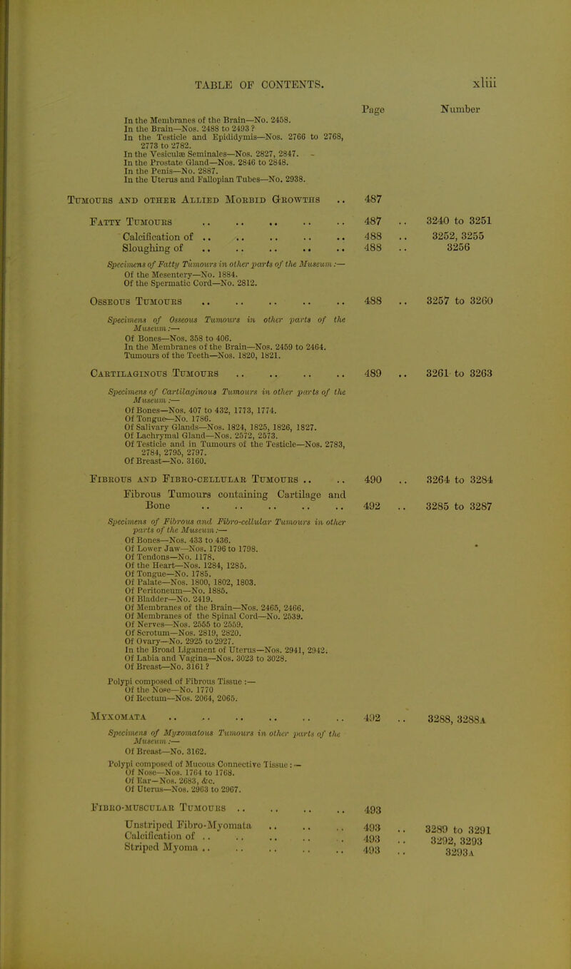 Page Number In tlie Membranes of the Brain—No. 2458. In the Brain—Nos. 2488 to 2493 ? In the Testicle and Epitlidymis—Nos. 2766 to 2768, 2773 to 2782. In the VesiculEE Seminalcs—Nos. 2827, 2847. - In the Prostate Gland—Nos. 2846 to 2848. In the Penis—No. 2887. In the Uterus and Fallopian Tubes—No. 2938. Ttjmotjes and othee Allied Moebid Q-eowths .. 487 Fatty Ttjmotjes 487 .. 3240 to 3251 Calcification of 488 .. 3252, 3255 SlougMngof 488 3256 Specimens of Fatty Tumours in other parts of the Museum:— Of the Mesentery—No. 1884. Of the Spermatic Cord—No. 2812. Osseous Tumottes 488 .. 3257 to 32G0 Specimens of Osseous Tumours in other parts of the M^i,seum:— Of Bones—Nos. 358 to 406. In the Membranes of the Brain—Nos. 2459 to 2464. Tumoui-s of the Teeth—Nos. 1820, 1821. Caetilaginotts Ttjmotjes 489 .. 3261 to 3263 Specimens of Cariilaginoua Tumours in other parts of the Museum:— Of Bones—Nos. 407 to 432, 1773, 1774. Of Tongue—No. 1786. Of Salivary Glands—Nos. 1824, 1825, 1826, 1827. Of Lachrymal Gland—Nos. 2572, 2573. Of Testicle and in Tumours of the Testicle—Nos. 2783, 2784, 2795, 2797. Of Breast—No. 3160. FiBEOTJS AJfD FiBEO-CELLTJLAE Ttjmotjes .. . . 490 . . 3264 to 3284 Fibrous Tumours containing Cartilage and Bone 492 .. 3285 to 3287 Specimens of Fibrous and Fibro-ceUular Tumours in other parts of the Museum:— Of Bones—Nos. 433 to 436. Of Lower Jaw—Nos. 1796 to 1798. Of Tendons—No. 1178. Of the Heart—Nos. 1284, 1285. Of Tongue—No. 1785. Of Palate—Nos. 1800, 1802, 1803. Of Peritoneum—No. 1885. Of Bladder—No. 2419. Of Membranes of the Brain—Nos. 2465, 2466. Of Membranes of the Spinal Cord—No. 2539. Of Nerves—Nos. 2555 to 2559. Of Scrotum—Nos. 2819, 2820. Of Ovary—No. 2925 to 2927. In the Broad Ligament of Uterus—Nos. 2941, 2942. Of Labia and Vagina—Nos. 3023 to 3028. Of Breast—No. 3161 ? Polypi composed of Fibrous Tissue ;— Of the Nose—No. 1770 Of Rectum—Nos. 2064, 2065. Myxomata 492 .. 3288,3288a Specimens of Myxomatous Tumours in other parts of the Museum:— Of Breast—No. 3162. Polypi composed of Mucous Connective Tissue: — Of Nose-Nos. 1764 to 1768. Of Ear-Nos. 2683, &c. Of Uterus—Nos. 2963 to 2967. Fibeo-mtjsctjlae Tumoues .. .. .. .. 493 Unstripcd Fibro-Myomata 493 ,. 3399 ^.^ 3391 Calcification of 493 .. g^^g. 3293 Striped Myoma 493 _ _ g^.^j^ ^