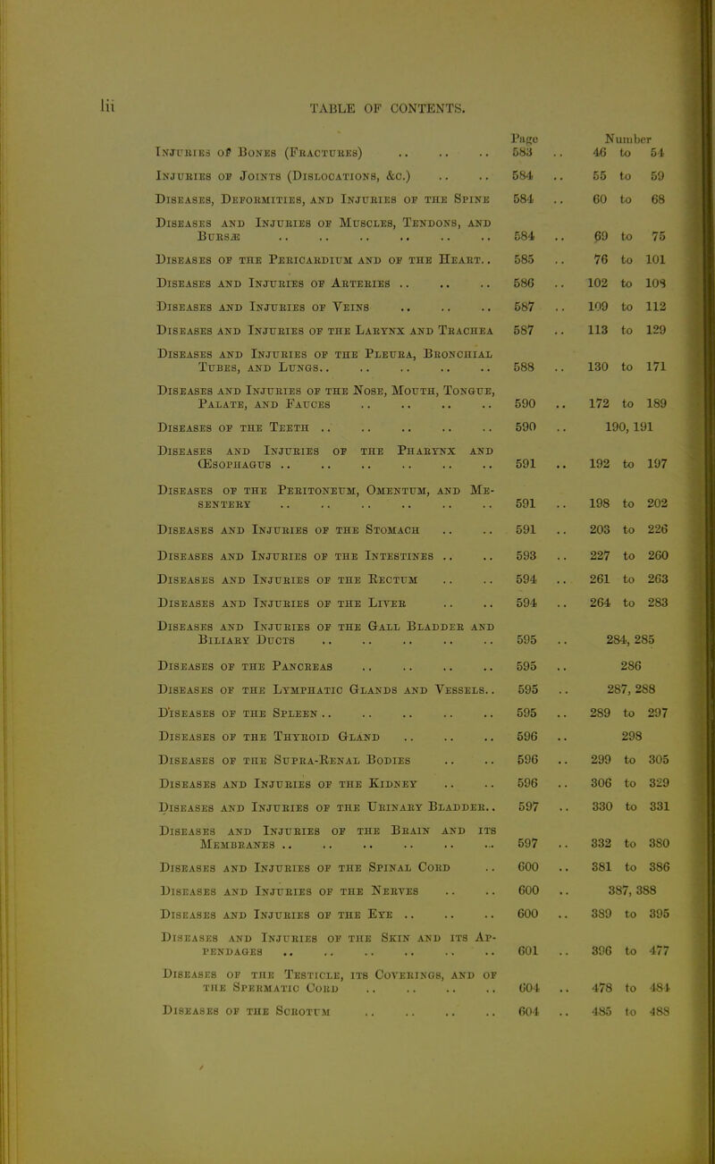 Page Number Injubies of Bones (Feactukes) 583 .. 46 to 54 Injuries op Joints (Dislocations, &c.) 584 55 to 59 Diseases, Deformities, and Injuries of the Spine 584 .. 60 to 68 Diseases and Injuries of Muscles, Tendons, and BURS^ 584 .. 69 to 75 Diseases of the Pericardium and of the Heart. . 585 .. 76 to 101 Diseases and Injuries of Arteries 586 .. 102 to lOS Diseases atid Ttj'Jtt'rtfs of Veins 587 109 to 112 Diseases and Injuries of the Larynx and Trachea 587 .. 113 to 129 Diseases and Injuries of the Pleura, Bronchial Tubes, and Lungs. . 588 .. 130 to 171 Diseases and Injuries of the Nose, Mouth, Ton&ue, Palate, and Fauces 590 .. 172 to 189 Diseases of the Teeth .. 590 190, 191 Diseases and Injuries of the Pharynx and oesophagus . . 591 .. 192 to 197 Diseases of the Peritoneum, Omentum, and Me- sentery 591 .. 198 to 202 Diseases and Injuries of the Stomach 591 203 to 226 T^TQl? A CT7C! A TWr* TVr TTTT> TT?Q /~\T7 mTTT? TtW'TI'C'QTITTtTX*Q 227 to 260 TlTaT?AOT?C! A ATT* TTT T> TT? G TTT17 T?irTPTni,f X/J.»3 Ji Ao JiO AJN U XJ>idLI±Ciiij& Ui? J-JJ-Ji JIVJiL' J. U Jxl • • • • 261 to 263 T^TQT? A Qli'Q A XT TV T TVT TTTTJ T 1? Q f\T? T^TTT? X ,T \7 li'T? X/lb J^AOiliS AJN ±> .1 JN tj UXtlilD Uji X±l±i JU1V±.±C * • • « ov^ . • 264 to 283 T^TOT? AQ1?Q AWT^ TvTTT1?TT7a riT? T'TTT? 4 T T ~Rt AT\TV1?T? AATTV X/lOJi AoJlia AIN JJ XJS u U JtHilio UJ? ixLH^ vTAXjIj X>-L/AJJX'x. It AJNJJ Biliary Ducts 595 .. 284, 285 Diseases of the Pancreas 595 .. 286 Diseases of the Lymphatic Glands and Vessels. . 595 287, 288 Diseases of the Spleen .. 595 289 to 297 Diseases of the Thyroid Gland 596 298 -T-\ ^ Tpj T-| Diseases of the Supra-Eenal Bodies 596 299 to 305 Diseases and Injuries of the Kidney 596 .. 306 to 329 Diseases and Injuries of the Urinary Bladder. . 597 .. 330 to 331 JJloJ<.Aoi£o AJNU XiNJUJilJiD UJ! ±ilji JjltAl-W Ai> iJ x La Membranes ., 597 .. 332 to 380 Diseases and Injuries of the Spinal Cord 600 .. 381 to 386 Diseases and Injuries of the Neetes 600 ,. 387, 388 Diseases and Injuries of the Eye 600 .. 389 to 395 Diseases and Injuries of the Skin and its Ap- pendages 601 .. 396 to 477 Diseases of the Testicle, its Coverings, and of THE Spermatic Cord 60!■ .. 478 to 4.S\ Diseases of the Scrotum 601 .. 485 fo 488