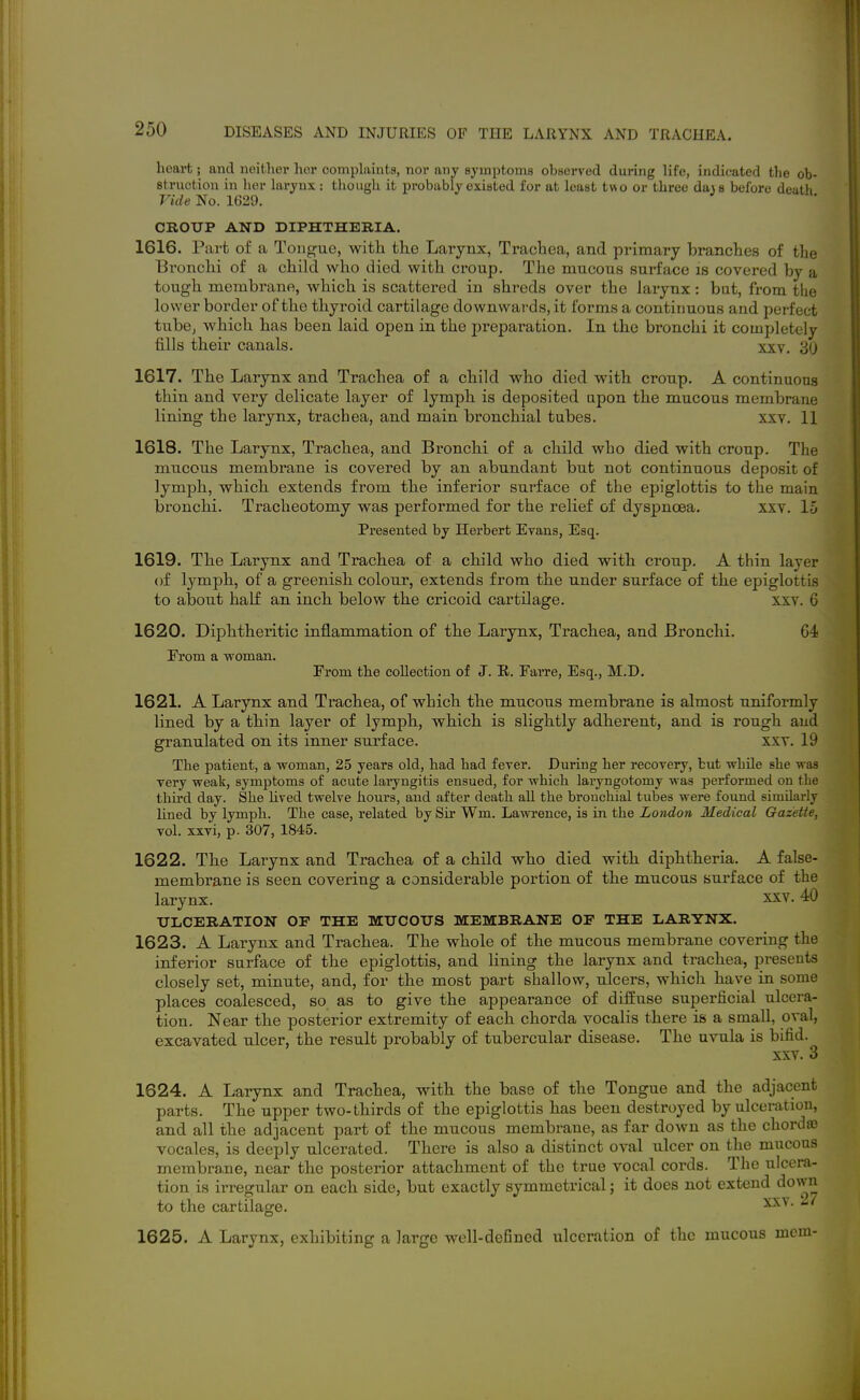 heart; and neither her complaints, nor any symptoms observed during life, indicated the ob- struction iu her larynx: tiiough it probably existed for at least two or three da\8 before death Vide No. 1629. CROUP AND DIPHTHERIA. 1616. Part of a Tongue, with the Larynx, Trachea, and primary branches of the Bronchi of a chikl who died with croup. The mucous surface is covered by a tough membrane, which is scattered in shreds over the larynx: bat, from the lower border of the thyroid cartilage downwards, it forms a continuous and perfect tube, which has been laid open in the preparation. In the bronchi it completely fills their canals. xxv. 30 1617. The Larynx and Trachea of a child who died with croup. A continuous thin and very delicate layer of lymph is deposited upon the mucous membrane lining the larynx, trachea, and main bronchial tubes. xxv. 11 1618. The Larynx, Trachea, and Bronchi of a child who died with croup. The mucous membrane is covered by an abundant but not continuous deposit of lymph, which extends from the inferior surface of the epiglottis to the main bronchi. Tracheotomy was performed for the relief of dyspnoea. xxv. 15 Presented by Herbert Evans, Esq. 1619. The Larynx and Trachea of a child who died with croup. A thin layer of lymph, of a greenish colour, extends from the under surface of the epiglottis to about half an inch below the cricoid cartilage. xxv. 6 1620. Diphtheritic inflammation of the Larynx, Trachea, and Bronchi. 64 From a woman. Prom the collection of J. R. FaiTe, Esq., M.D. 1621. A Larynx and Trachea, of which the mucous membrane is almost uniformly lined by a thin layer of lymph, which is slightly adherent, and is rough aud granulated on its inner surface. xxv. 19 The patient, a woman, 25 years old, had had fever. During her recovery, but while she was very weak, symptoms of acute lai-yngitis ensued, for which laryngotomy was performed on the thu'd day. She hved twelve hours, and after death all the bronchial tubes were found similarly lined by lymph. The case, related by Sir Wm. Lawrence, is in the London Medical Gazette, vol. xxvi, p. 307, 1845. 1622. The Larynx and Trachea of a child who died with diphtheria. A false- membrane is seen covering a considerable portion of the mucous surface of the larynx. xxv. 40 ULCERATION OF THE MUCOUS MEMBRANE OF THE LARYNX. 1623. A Larynx and Trachea. The whole of the mucous membrane covering the inferior surface of the epiglottis, and lining the larynx and trachea, presents closely set, minute, and, for the most part shallow, ulcers, which have in some places coalesced, so as to give the appearance of diffuse superficial ulcera- tion. Near the posterior extremity of each chorda vocalis there is a small, oval, excavated ulcer, the result probably of tubercular disease. The uvula is bifid. xxv. 3 1624. A Larynx and Trachea, with the base of the Tongue and the adjacent parts. The upper two-thirds of the epiglottis has been destroyed by ulceration, and all the adjacent part of the mucous membrane, as far down as the chorda? vocales, is deeply ulcerated. There is also a distinct oval ulcer on the mucous membrane, near the posterior attachment of the true vocal cords. The ulcera- tion is irregular on each side, but exactly symmetrical; it does not extend dovvn to the cartilage. 1625. A Larynx, exhibiting a large well-defined ulceration of the mucous mem-