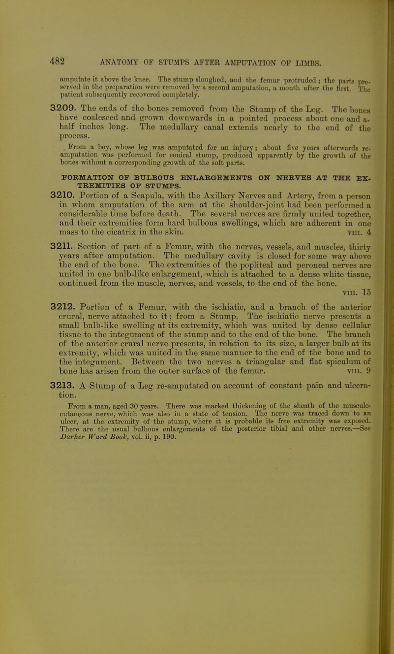 amputate it above tlie knee. The stump sloughed, and the femur protruded ; the parts pre- served in the preparation were removed by a second amputation, a montli after the first. The patient subsequently recovered completely. 3209. The ends of the bones removed from the Stump of the Leg. The bones have coalesced and grown downwards in a pointed process about one and a- half inches long. The medullary canal extends nearly to the end of the process. ■om a boy, whose leg was amputated for an injury; about five years afterwards re- amputation was performed for conical stump, produced apparently by the growth of the bones withoiit a corresponding growth of the soft parts. FORMATION OF BTTLBOtTS ENLARGEMENTS ON NERVES AT THE EX- TREMITIES OF STUMPS. 3210. Portion of a Scapula, with the Axillary Nerves and Artery, from a person in whom amputation of the arm at the shoulder-joint had been performed a considerable time before death. The several nerves are firmly united together, and their extremities form hard bulbous swellings, which are adherent in one mass to the cicatrix in the skin. viii. 4 3211. Section of part of a Femur, with the nerves, vessels, and muscles, thirty years after amputation. The medullary cavity is closed for some way above the end of the bone. The extremities of the popliteal and peroneal nerves are united in one bulb-like enlargement, which is attached to a dense white tissue, continued from the muscle, nerves, and vessels, to the end of the bone. VIII, 15 3212. Portion of a Femur, wdth the ischiatic, and a branch of the anterior crural, nerve attached to it; from a Stump, The ischiatic nerve presents a small bulb-like swelling at its extremity, which was united by dense cellular tissue to the integument of the stump and to the end of the bone. The branch of the anterior crural nerve presents, in relation to its size, a larger bulb at its extremity, which was united in the same manner to the end of the bone and to the integument. Between the two nerves a triangular and flat spiculum of bone has arisen from the outer surface of the femur. vni. 9 3213. A Stump of a Leg re-amputated on account of constant pain and ulcera- tion. From a man, aged 30 years. There was marled tliickening of the sheath of the musculo- cutaneous nerve, which was also in a state of tension. The nerve was traced down to an ulcer, at the extremity of the stump, where it is probable its free extremity was exposed. There are the usual bulbous enlargements of the posterior tibial and other nerves,—^See Darker Ward Book, vol, ii, p, 190.