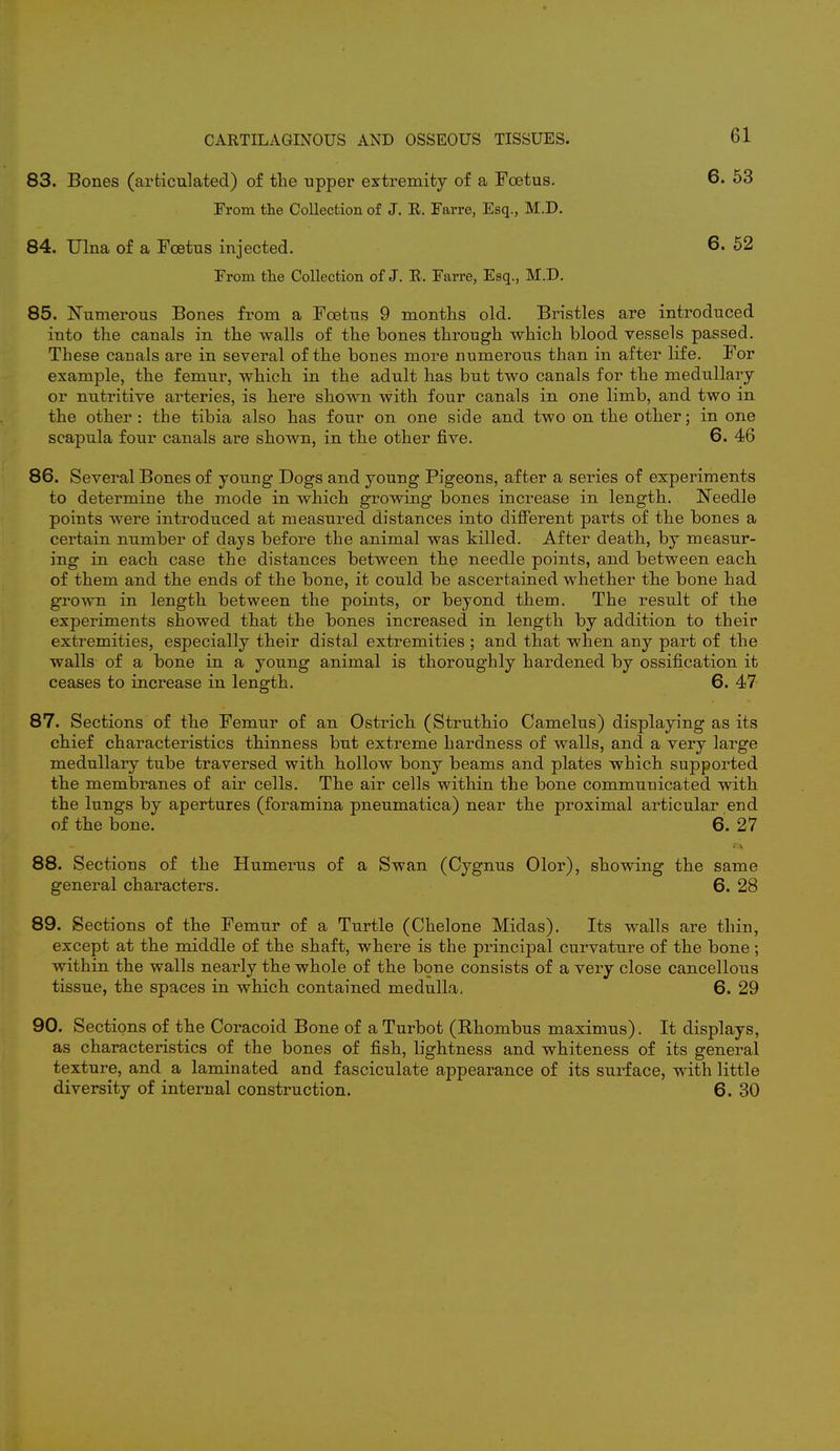 83. Bones (articulated) of the upper extremity of a Foetus. 6. 53 From the Collection of J. R. Farre, Esq., M.D. 84. Ulna of a Foetus injected. 6. 52 From the Collection of J. R. Farre, Esq., M.D. 85. Numerous Bones from a Foetus 9 months old. Bristles are introduced into the canals in the walls of the bones through which blood vessels passed. These canals are in several of the bones more numerous than in after life. For example, the femur, which in the adult has but two canals for the medullary or nutritive arteries, is here shown with four canals in one limb, and two in the other: the tibia also has four on one side and two on the other; in one scapula four canals are shown, in the other five. 6. 46 86. Several Bones of young Dogs and young Pigeons, after a series of experiments to determine the mode in which growing bones increase in length. Needle points were introduced at measured distances into different parts of the bones a certain number of days before the animal was killed. After death, by measur- ing in each case the distances between the needle points, and between each of them and the ends of the bone, it could be ascertained whether the bone had grown in length between the points, or beyond them. The result of the experiments showed that the bones increased in length by addition to their extremities, especially their distal extremities ; and that when any part of the walls of a bone in a young animal is thoroughly hardened by ossification it ceases to increase in length. 6. 47 87. Sections of the Femur of an Ostrich (Struthio Camelus) displaying as its chief characteristics thinness but extreme hardness of walls, and a very large medullary tube traversed with hollow bony beams and plates which supported the membranes of air cells. The air cells within the bone communicated with the lungs by apertures (foramina pneumatica) near the proximal articular end of the bone. 6. 27 88. Sections of the Humerus of a Swan (Cygnus Olor), showing the same general characters. 6. 28 89. Sections of the Femur of a Turtle (Chelone Midas). Its walls are thin, except at the middle of the shaft, where is the principal curvature of the bone; within the walls nearly the whole of the bone consists of a very close cancellous tissue, the spaces in which contained medulla, 6. 29 90. Sections of the Coracoid Bone of a Turbot (Rhombus maximus). It displays, as characteristics of the bones of fish, lightness and whiteness of its general texture, and a laminated and fasciculate appearance of its surface, with little diversity of internal construction. 6. 30