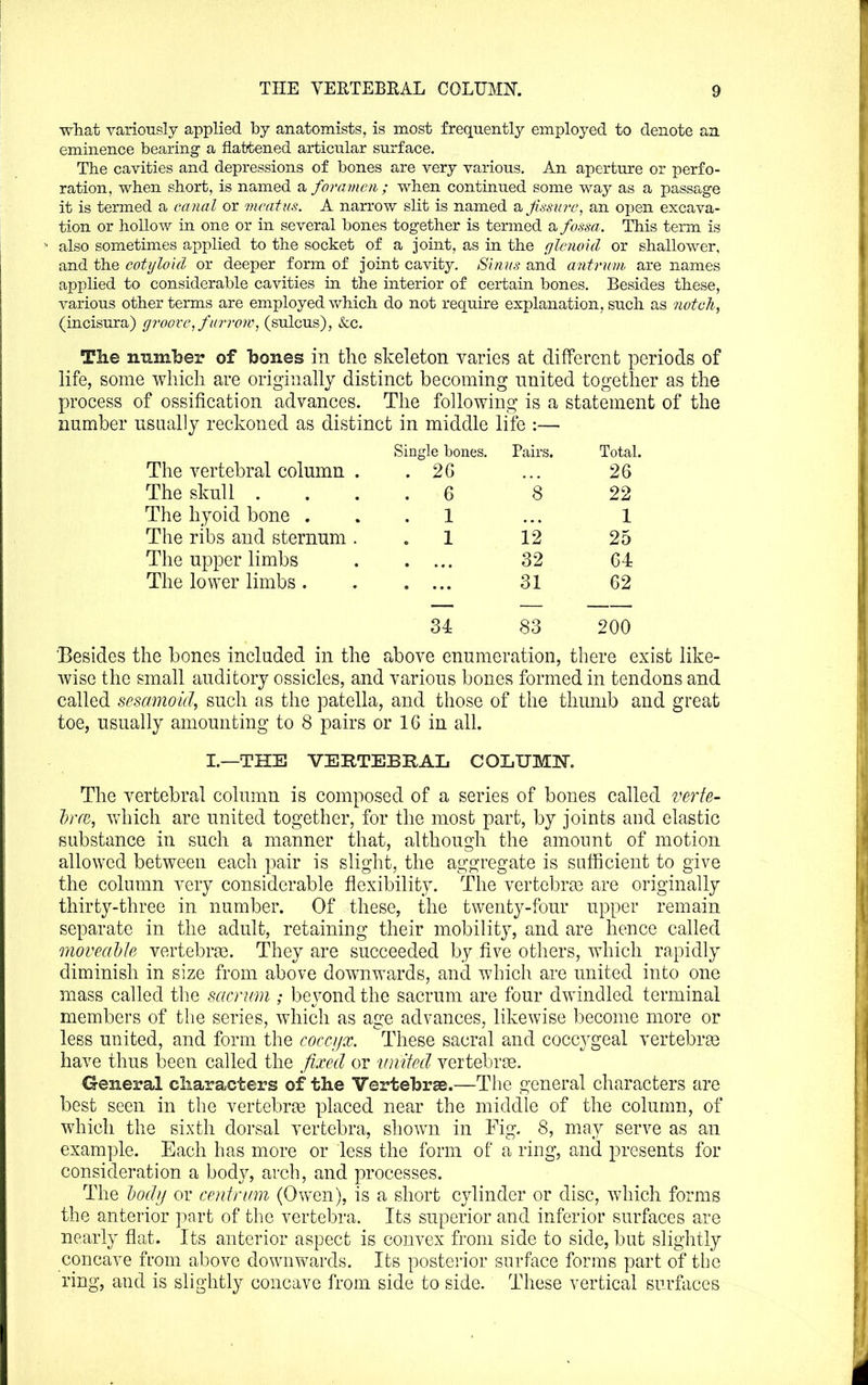 •what varionsly applied by anatomists, is most frequently employed to denote an eminence bearing a flattened articular surface. The cavities and depressions of bones are very various. An aperture or perfo- ration, when short, is named a foramen ; when continued some way as a passage it is termed a canal or meatus. A narrow slit is named a fissure, an open excava- tion or hollow in one or in several bones together is termed a fossa. This term is also sometimes applied to the socket of a joint, as in the glenoid or shallower, and the cotyloid or deeper form of joint cavity. Sinus and antrum are names applied to considerable cavities in the interior of certain bones. Besides these, various other terms are employed v/hich do not require explanation, such as notch, (incisura) groove, furrow, (sulcus), &c. The mimber of bones in the skeleton varies at different periods of life, some which are originally distinct becoming nnited together as the process of ossification advances. The following is a statement of the number usaallj reckoned as distinct in middle life :— Single bones. Pairs. Total. The vertebral column . . 26 26 The skull . . 6 's 22 The hyoid bone . . 1 1 The ribs and sternum . . 1 12 25 The upper limbs 32 64 The lower limbs . 31 62 34 83 200 Besides the bones included in the above enumeration, there exist like- wise the small auditory ossicles, and various bones formed in tendons and called sesamoid, such as the patella, and those of the thumb and great toe, usually amounting to 8 pairs or 16 in all. I.—THE VERTEBRAL COLUMIST. The vertebral column is composed of a series of bones called verfe- IrrfB, Vvhich are united together, for the most part, by joints aud elastic substance in such a manner that, although the amount of motion allowed between each pair is slight, the aggregate is sufficient to give the column very considerable flexibility. The vertebra are originally thirtj^-three in number. Of these, the twenty-four upper remain separate in the adult, retaining their mobility, and are hence called moveal)le vertebra?. They are succeeded by five others, which rapidly diminish in size from above downwards, and which are united into one mass called the sacrum ; beyond the sacrum are four dwindled terminal members of the series, which as age advances, likewise become more or less united, and form the coccyx. These sacral and coccygeal vertebra3 have thus l3een called the fixed or 'united vertebrse. la-eneral characters of the Vertebrae.—The general characters are best seen in the vertebrae placed near the middle of the column, of which the sixth dorsal vertebra, shown in Fig. 8, may serve as an example. Each has more or less the form of a ring, and presents for consideration a body, arch, and processes. The Ijody or centrum (Owen), is a short cylinder or disc, which forms the anterior part of the vertebra. Its superior and inferior surfaces are nearly flat. Its anterior aspect is convex from side to side, but slightly concave from above downwards. Its posterior surface forms part of the ring, and is slightly concave from side to side. These vertical surfaces