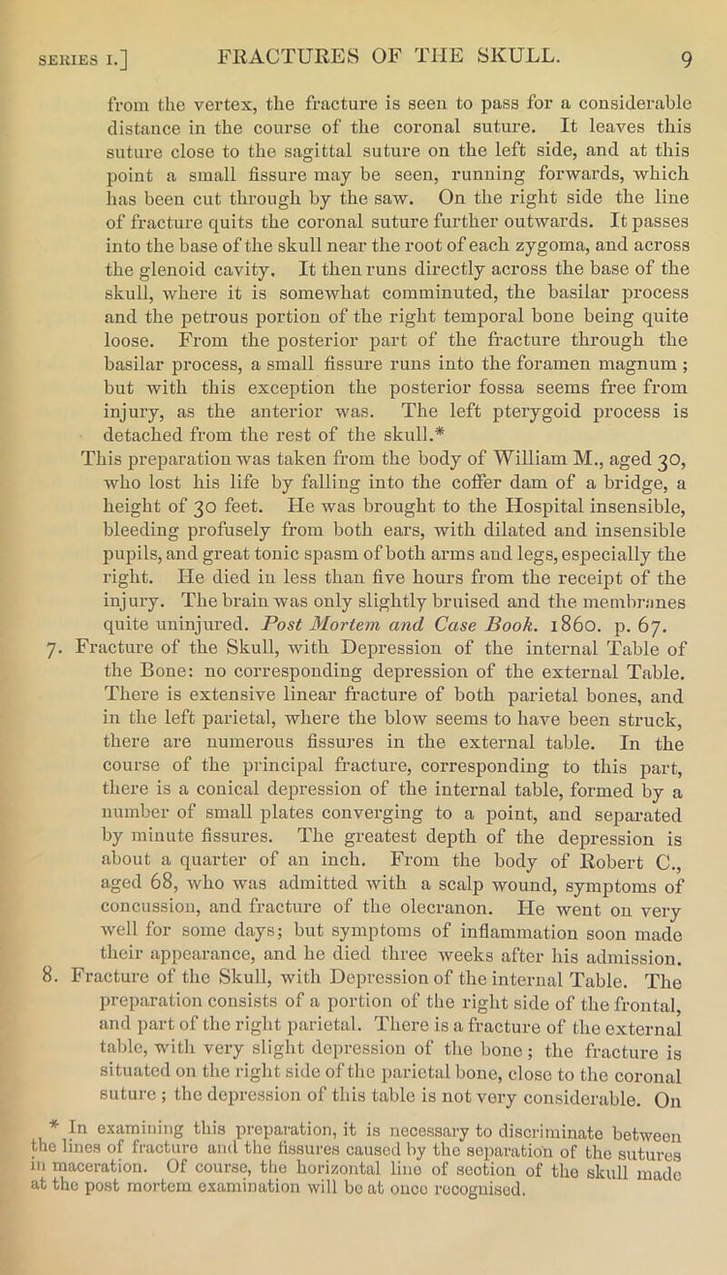 from the vertex, the fracture is seen to pass for a considerable distance in the course of the coronal sutui-e. It leaves this suture close to the sagittal suture on the left side, and at this point a small fissure may be seen, running forwards, which has been cut through by the saw. On the right side the line of fracture quits the coronal suture further outwards. It passes into the base of the skull near the root of each zygoma, and across the glenoid cavity. It then runs directly across the base of the skull, where it is somewhat comminuted, the basilar process and the petrous portion of the right temporal bone being quite loose. From the posterior part of the fracture through the basilar process, a small fissure runs into the foramen magnum ; but with this exception the posterior fossa seems free from injury, as the anterior was. The left pterygoid process is detached from the rest of the skulk* This preparation was taken from the body of William M., aged 30, who lost his life by falling into the coffer dam of a bridge, a height of 30 feet. He was brought to the Hospital insensible, bleeding profusely from both ears, with dilated and insensible pupils, and great tonic spasm of both arms and legs, especially the right. He died in less than five hours from the receipt of the injury. The brain was only slightly bruised and the membranes quite uninjured. Post Mortem and Case Book. i860, p. 67. 7. Fracture of the Skull, with Depression of the internal Table of the Bone: no corresponding depressioir of the external Table. There is extensive linear fracture of both parietal bones, and in the left parietal, where the blow seems to have been struck, there are numerous fissures in the external table. In the course of the principal fracture, corresponding to this part, there is a conical depression of the internal table, formed by a number of small plates converging to a point, and separated by minute fissures. The greatest depth of the depression is about a quarter of an inch. From the body of Robert C., aged 68, who was admitted with a scalp wound, symptoms of concussion, and fracture of the olecranon. He went on very well for some days; but symptoms of inflammation soon made their appearance, and he died three weeks after his admission. 8. Fracture of the Skull, with Depression of the internal Table. The preparation consists of a portion of the right side of the frontal, and part of the right parietal. There is a fracture of the external table, with very slight depression of the bone; the fracture is situated on the right side of the parietal bone, close to the coronal suture ; the depression of this table is not very considerable. On * In examining this preparation, it is necessary to discriminate between the lines of fracture and the fissures causcil by the separation of the sutures in maceration. Of course, the horizontal lino of section of the skull made at the post mortem examination will bo at ouco recognised.
