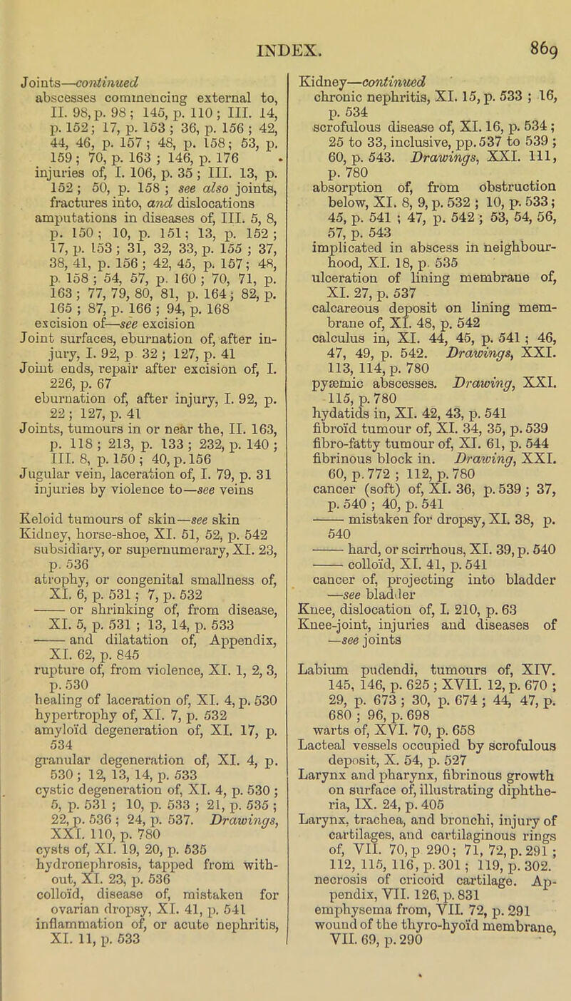 Joints—continued abscesses commencing external to, II. 98, p. 98 ; 145, p. 110 ; III. 14, p. 152; 17, p. 153 ; 36, p. 156 ; 42, 44, 46, p. 157; 48, p. 158; 53, p. 159 ; 70, p. 163 ; 146, p. 176 injuries of, I. 106, p. 35; III. 13, p. 152 ; 50, p. 158 ; see also joints, fractures into, a-tid dislocations amputations in diseases of. III. 5, 8, p. 150; 10, p. 151; 13, p. 152; 17, p. 153 ; 31, 32, 33, p. 155 ; 37, 38, 41, p. 156 ; 42, 45, p. 167; 48, p. 158 ; 54, 57, p. 160 ; 70, 71, p. 163 ; 77, 79, 80, 81, p. 164; 82, p. 165 ; 87, p. 166 ; 94, p. 168 excision of—see excision Joint surfaces, eburnation of, after in- jury, I. 92, p 32 ; 127, p. 41 Joint ends, repair after excision of, I. 226, p. 67 eburnation of, after injury, I. 92, p. 22; 127, p. 41 Joints, tumours in or near the, II. 163, p. 118 ; 213, p. 133 ; 232, i3. 140 ; III. 8, p. 150; 40, p. 156 Jugular vein, laceration of, I. 79, p. 31 injuries by violence to—see veins Keloid tumours of skin—see skin Kidney, horse-shoe, XI. 51, 52, p. 542 subsidiary, or supernumerary, XI. 23, p. 536 atrophy, or congenital smallness of, XI. 6, p. 531; 7, p. 532 or shrinking of, from disease, XI. 5, p. 531 ; 13, 14, p. 533 • and dilatation of. Appendix, XI. 62, p. 845 rupture of, from violence, XI. 1, 2, 3, p. 530 healing of laceration of, XI. 4, p. 530 hypertrophy of, XI. 7, p. 532 amyloid degeneration of, XI. 17, p. 534 gi-anular degeneration of, XI. 4, p. 530; 12, 13, 14, p. 533 cystic degeneration of, XL 4, p. 530 ; 5, p. 531 ; 10, p. 533 ; 21, p. 535 ; 22, p. 536 ; 24, p. 537. Drawings, XXL 110, p. 780 cysts of, XL 19, 20, p. 635 hydronephrosis, tapped from with- out, XI. 23, p. 536 colloid, disease of, mistaken for ovarian dropsy, XL 41, p. 541 inflammation of, or acute nephritis, XL 11, p. 533 Kidney—continued chronic nephritis, XL 15, p. 533 ; 16, p. 534 scrofulous disease of, XI. 16, i). 534; 25 to 33, inclusive, pp.537 to 539 ; 60, p. 543. Drawings, XXL 111, p. 780 absorption of, from obstruction below, XI. 8, 9, p. 532 ; 10, p. 533; 45, p. 541 ; 47, p. 542 ; 53, 54, 56, 57, p. 543 implicated in abscess in neighbour- hood, XL 18, p. 535 ulceration of lining membrane of, XI. 27, p. 537 calcareous deposit on lining mem- brane of, XI. 48, p. 542 calculus in, XI. 44, 45, p. 541; 46, 47, 49, p. 542. Drawings, XXI. 113, 114, p. 780 pysemic abscesses. Drawing, XXI. 115, p.780 hydatids in, XI. 42, 43, p. 541 fibroid tumour of, XL 34, 35, p. 539 fibro-fatty tumour of, XT. 61, p. 544 fibrinous block in. Drawing, XXI. 60, p.772 ; 112, p. 780 cancer (soft) of, XL 36, p. 539 ; 37, p. 540 ; 40, p. 541 mistaken for dropsy, XI. 38, p. 540 hard, or scirrhous, XI. 39, p. 540 colloid, XL 41, p. 541 cancer of, projecting into bladder —see bladder Knee, dislocation of, I. 210, p. 63 Knee-joint, injuries aud diseases of —see joints Labium pudendi, tumours of, XIV. 145, 146, p. 625 ; XYII. 12, p. 670 ; 29, p. 673 ; 30, p. 674 ; 44, 47, p. 680 ; 96, p. 698 warts of, XVI. 70, p. 658 Lacteal vessels occupied by scrofulous deposit, X. 54, p. 527 Larynx and pharynx, fibrinous growth on surface of, illustrating diphthe- ria, IX. 24, p. 405 Larynx, trachea, and bronchi, injury of cartilages, and cartilaginous rings of, VII. 70, p 290; 71, 72, p. 291 ; 112, 1L5, 116, p. 301 ; 119, p. 302. necrosis of cricoid cai’tilage. Ajj- pendix, VIL 126, p. 831 emphysema from, VIL 72, p. 291 wound of the thyro-hyoid membrane VIL 69, p. 290 ’