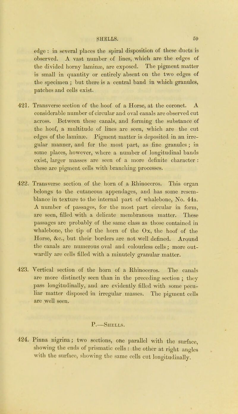 edge : in several places the spiral disposition of these ducts is observed. A vast number of lines, which are the edges of the divided horny laminae, are exposed. The pigment matter is small in quantity or entirely absent on the two edges of the specimen ; but there is a central band in which granules, patches and cells exist. 421. Transverse section of the hoof of a Horse, at the coronet. A considerable number of circular and oval canals are observed cut across. Between these canals, and forming the substance of the hoof, a multitude of lines are seen, which are the cut edges of the laminae. Pigment matter is deposited in an irre- gular manner, and for the most part, as fine granules ; in some places, however, where a number of longitudinal bands exist, larger masses are seen of a more definite character : these are pigment cells with branching processes. 422. Transverse section of the horn of a Rhinoceros. This organ belongs to the cutaneous appendages, and has some resem- blance in texture to the internal part of whalebone, No. 44a. A number of passages, for the most part circular in form, are seen, filled with a delicate membranous matter. These passages are probably of the same class as those contained in whalebone, the tip of the horn of the Ox, the hoof of the Horse, &c., but their borders are not well defined. Around the canals are numerous oval and colourless cells; more out- wardly are cells filled with a minutely granular matter. 423. Vertical section of the horn of a Rhinoceros. The canals are more distinctly seen than in the preceding section ; they pass longitudinally, and are evidently filled with some pecu- liar matter disposed in irregular masses. The pigment cells are well seen. P. SUELLS. 424. Pinna nigrina; two sections, one parallel with the surface, showing the ends of prismatic cells : the other at right angles with the surface, showing the same cells cut longitudinally.