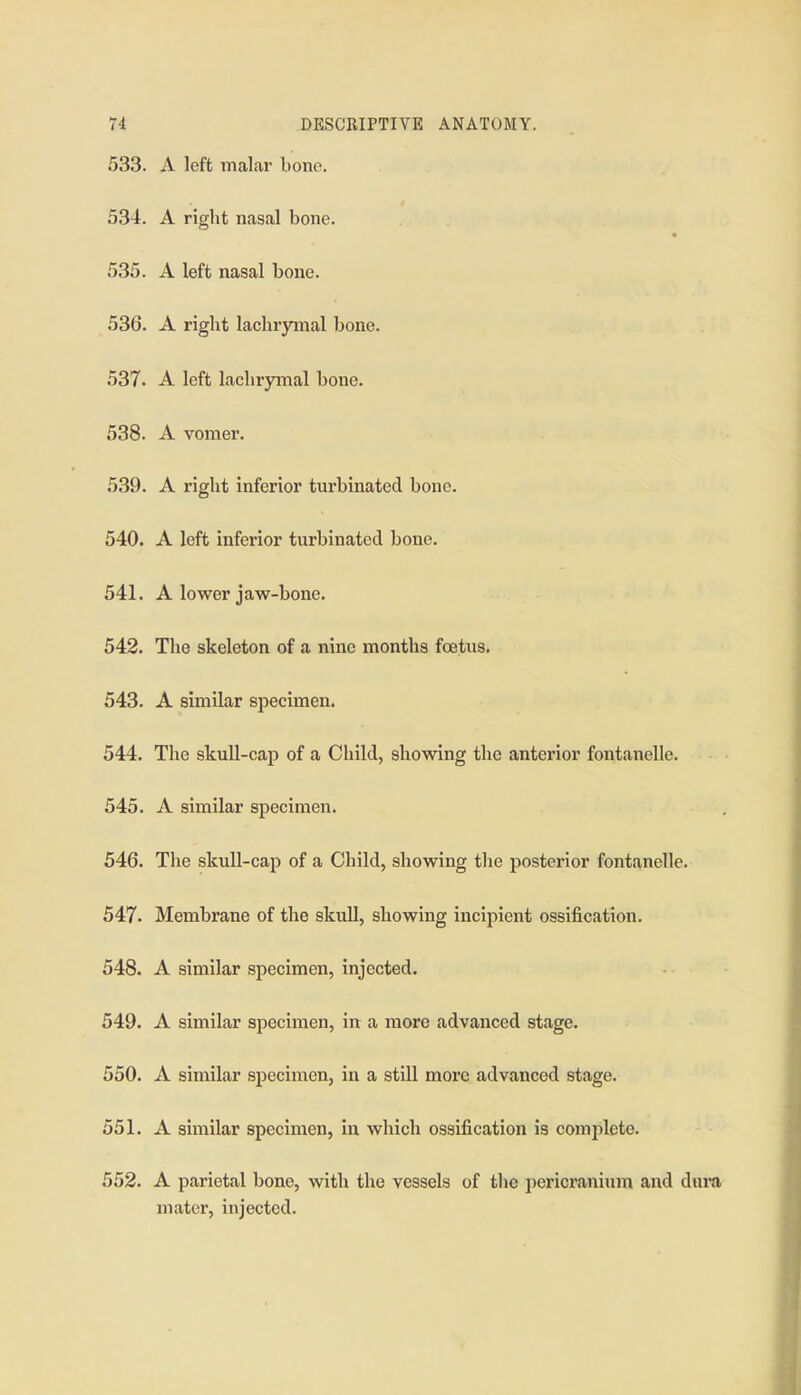 533. A left malar bone. 534. A right nasal bone. 535. A left nasal bone. 536. A right lachrymal bone. 537. A left lachrymal bone. 538. A vomer. 539. A right inferior turbinated bone. 540. A left inferior turbinated bone. 541. A lower jaw-bone. 542. The skeleton of a nine months foetus, 543. A similar specimen. 544. The skull-cap of a Child, showing the anterior fontanelle. 545. A similar specimen. 646. The skull-cap of a Child, showing the posterior fontanelle. 547. Membrane of the skull, showing incipient ossification. 548. A similar specimen, injected. 549. A similar specimen, in a more advanced stage. 550. A similar specimen, in a still more advanced stage. 551. A similar specimen, in which ossification is complete. 552. A parietal bone, with the vessels of the pericranium and dura mater, injected.
