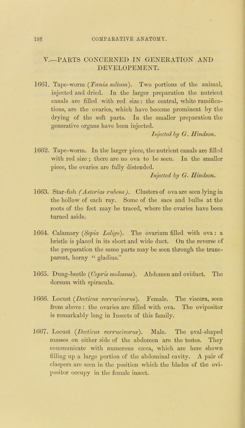 v.—PARTS CONCERNED IN GENERATION AND DEVELOPEMENT. 1661. Tape-worm (Tcmia solium). Two portions of the animal, injected and dried. In the larger preparation the nutrient canals are filled with red size: the central, white ramifica- tions, are the ovaries, which have become prominent by the drying of the soft parts. In the smaller prejsaration the generative organs have been injected. Injected by G. Hindson. 1662. Tape-worm. In the larger piece, the nutrient canals are fiUed with red size; there are no ova to be seen. In the smaller piece, the ovaries are fully distended. Injected by G. Hindson. 1663. ^iax-iis\\ (Asterias rubens). Clusters of ova are seen lying in the hoUow of each ray. Some of the sacs and bulbs at the roots of the feet may be traced, where the ovaries have been turned aside. 1664. Calamary {Sepia Loligd). The ovarium filled with ova: a bristle is placed in its short and wide duct. On the reverse of the preparation the same parts may be seen tlirough the trans- parent, horny  gladius. 1665. Dung-beetle (Copris molossm). Abdomen and oviduct. The dorsum with spiracula. 1666. Locust {Decticm verruchorus). Female. The viscera, seen from above : the ovaries are filled with ova. The ovipositor is remarkably long in Insects of this family. 1667. Locust {Decticiis verruchorus). Male. The pval-shaped masses on either side of the abdomen are the testes. Tliey communicate with numerous caeca, which are here shown filling up a large portion of the abdominal cavity. A paii' of claspers are seen in tlic position which the blades of the ovi- positor occupy in the female insect.