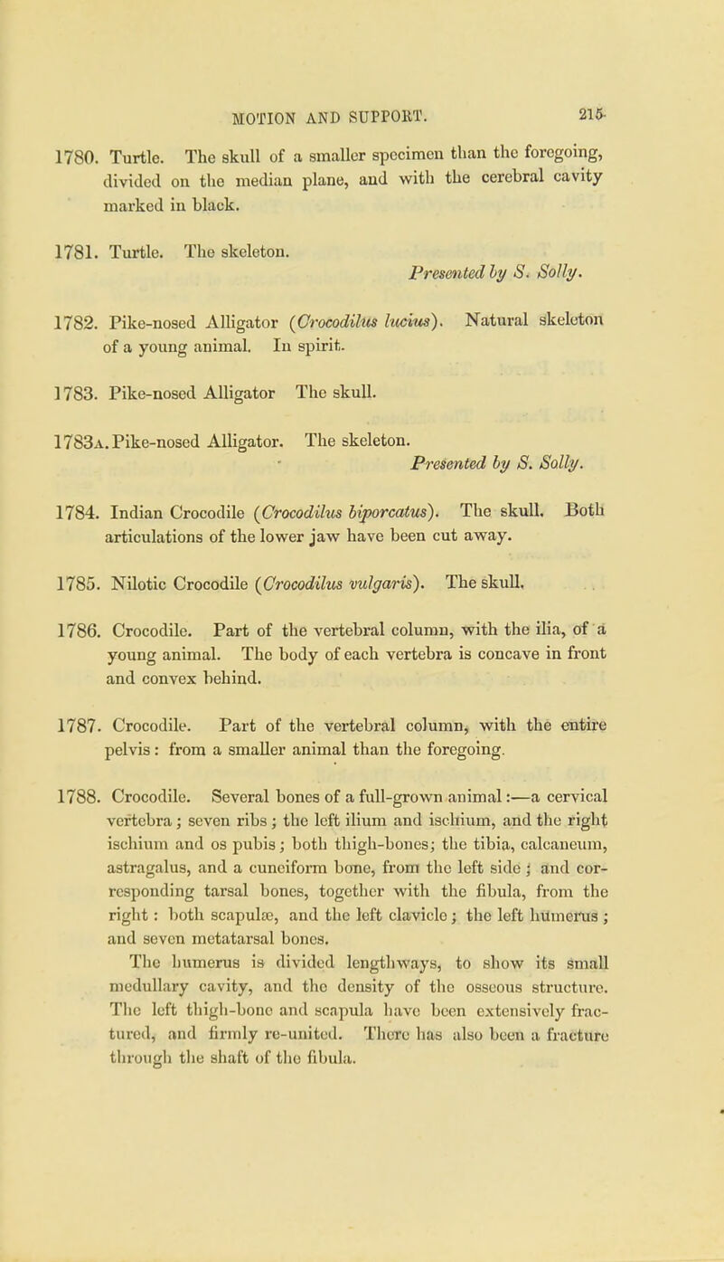 1780. Turtle. The skull of a smaller specimen than the foregoing, divided on the median plane, and with the cerebral cavity marked in black. 1781. Turtle. The skeleton. Presented hy S. Solly. 1782. Pike-nosed Alligator (Crocodihis Imius). Natural skeleton of a young animal. In spirit. 1783. Pike-nosed Alligator The skull. 1783a. Pike-nosed Alligator. The skeleton. Presented by S. Solly. 1784. Indian Crocodile {Crocodihis biporcatus). The skull. Both articulations of the lower jaw have been cut away. 1785. Nilotic Crocodile (Crocodilus vulgaris). The skull, 1786. Crocodile. Part of the vertebral column, with the ilia, of a young animal. The body of each vertebra is concave in front and convex behind. 1787. Crocodile. Part of the vei-tebral column, with the entire pelvis: from a smaller animal than the foregoing. 1788. Crocodile. Several bones of a full-grown animal:—a cervical vertebra; seven ribs; the left ilium and ischium, and the right ischium and os pubis; both thigh-bones; the tibia, calcaneum, astragalus, and a cuneiform boue, from the left side ; and cor- responding tarsal bones, together with the fibula, from the right: both scapulae, and the left clavicle; the left humerus ; and seven metatarsal bones. The humerus is divided lengthways, to show its small medullary cavity, and the density of the osseous structure. Tiie left thigh-bone and scapula have been extensively frac- tured, and firmly re-united. There has also been a fracture through tiie shaft of the fibula.
