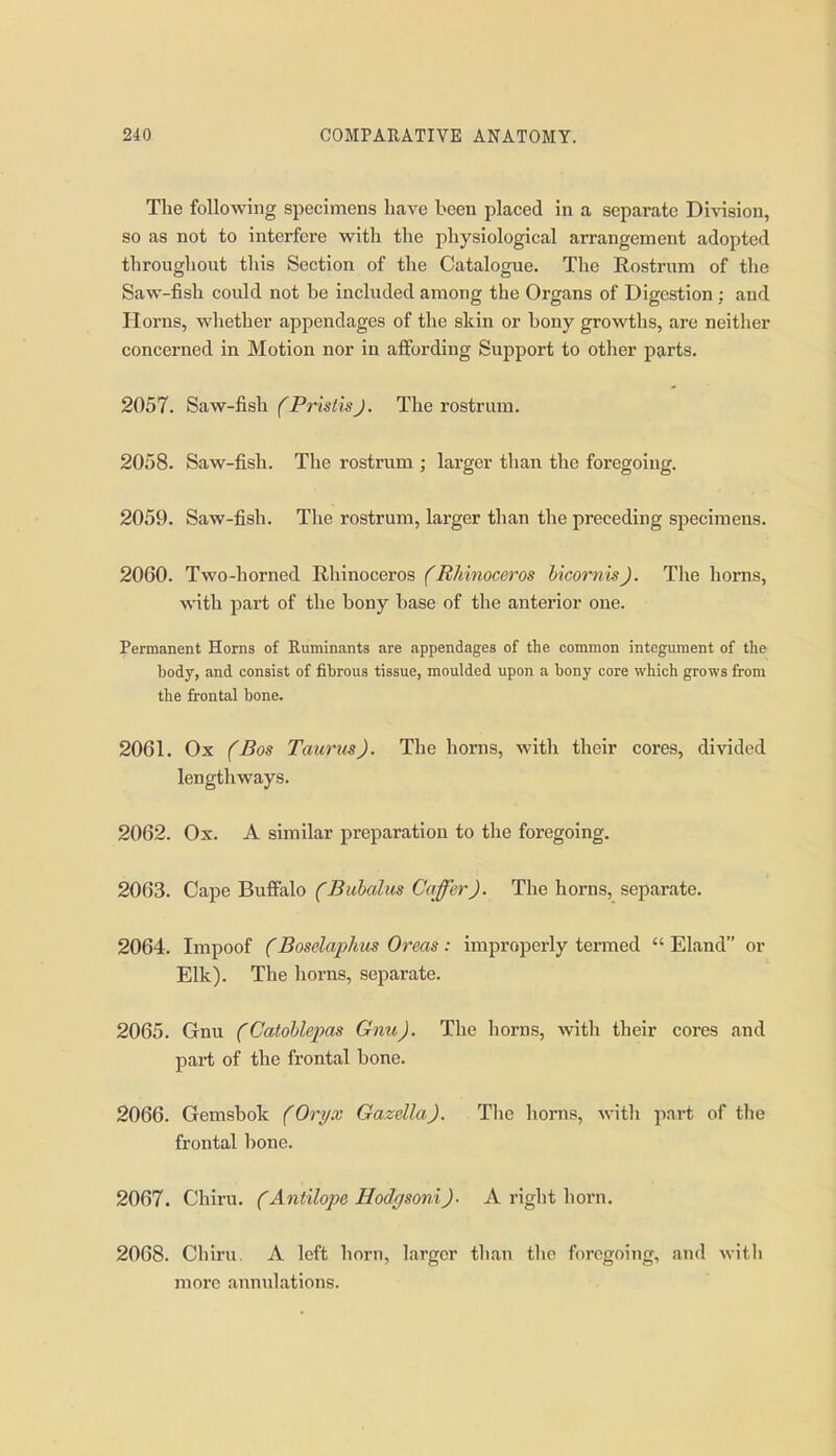 The following specimens have been placed in a separate Division, so as not to interfere with the physiological arrangement adopted throughout this Section of the Catalogue. The Rostrum of the Saw-fish could not be included among the Organs of Digestion; and Horns, whether aiDpendages of tlie skin or bony growths, are neither concerned in Motion nor in affording Support to other parts. 2057. Saw-G-sh fPrisiisJ. The rostrum. 2058. Saw-fish. The rostrum ; larger than the foregoing. 2059. Saw-fish. The rostrum, larger than the preceding specimens. 2060. Two-horned Rhinoceros (Rhinoceros bicornisj. The horns, with part of the bony base of the anterior one. Pennanent Horns of Ruminants are appendages of the common integument of the body, and consist of fibrous tissue, moulded upon a bony core which grows from the frontal bone. 2061. Ox fBos Taurus J. The horns, with their cores, divided lengthways. 2062. Ox. A similar preparation to the foregoing. 2063. Cape Buffalo C Bubal us Caffer). The horns, separate. 2064. Impoof (Boselaphus Oreas: improperly termed  Eland or Elk). The horns, separate. 2065. Gnu (Catoble^ms Gnu). The horns, with their cores and part of the frontal bone. 2066. Gemsbok (Oryx Gazella). The horns, with part of tlie frontal bone. 2067. Chiru. (Antilope Hodgsoni). A right horn. 2068. Chiru. A left horn, larger than the foregoing, and with more anmilations.