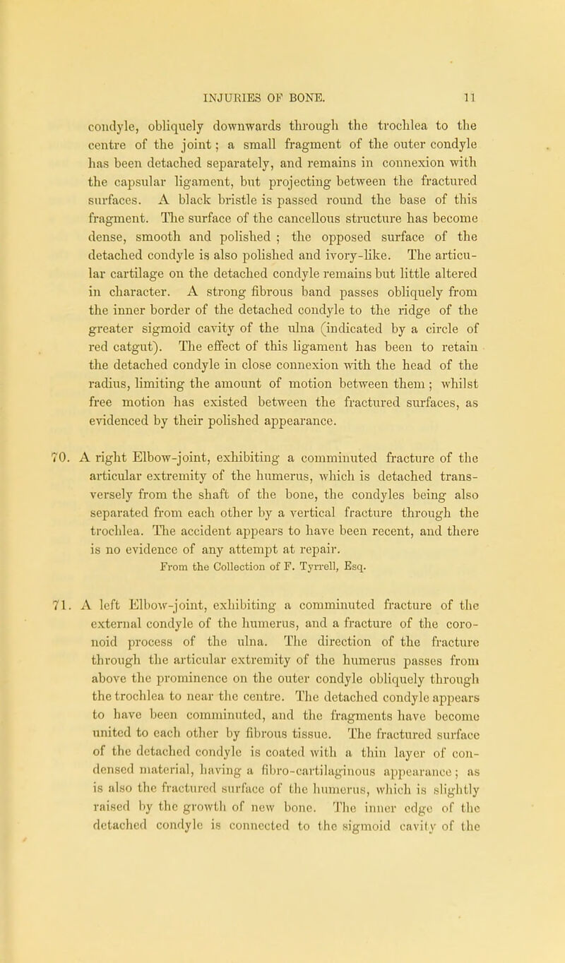 condyle, obliquely downwards through the trochlea to the centre of the joint; a small fragment of the outer condyle has been detached separately, and remains in connexion with the capsular ligament, but projecting between the fractured surfaces. A black bristle is passed round the base of this fragment. Tlie surface of the cancellous structure has become dense, smooth and polished ; the opposed surface of the detached condyle is also polished and ivory-like. The articu- lar cartilage on the detached condyle remains but little altered in character. A strong fibrous band passes obliquely from the inner border of the detached condyle to the ridge of the greater sigmoid cavity of the ulna (indicated by a circle of red catgut). The effect of this ligament has been to retain the detached condyle in close connexion with the head of the radius, limiting the amount of motion between them ; whilst free motion has existed between the fractured surfaces, as evidenced by their polished appearance. 70. A right Elbow-joint, exhibiting a comminuted fracture of the aiiiicular extremity of the humerus, which is detached trans- versely from the shaft of the bone, the condyles being also separated fi'om each other by a vertical fracture through the trochlea. The accident a2:)pears to have been recent, and there is no evidence of any attempt at repair. From the Collection of F. Tyrrell, Esq. 71. A left Elbow-joint, exhibiting a comminuted fi'acture of the external condyle of the humerus, and a fracture of the coro- noid process of the ulna. The direction of the fracture through the articular extremity of the humerus passes fronj above the prominence on the outer condyle obliquely through the trochlea to near the centre. The detached condyle appears to have been comminuted, and the fragments have become united to each otlier by fibrous tissue. The fractured surface of the detached condyle is coated with a thin layer of con- densed material, having a fibro-cartihiginous appearance; as is also the fractured surface of the humoi-us, which is slightly raised by the growth of new bono. The inner edge of the detached condyle is connected to the sigmoid cavity of the