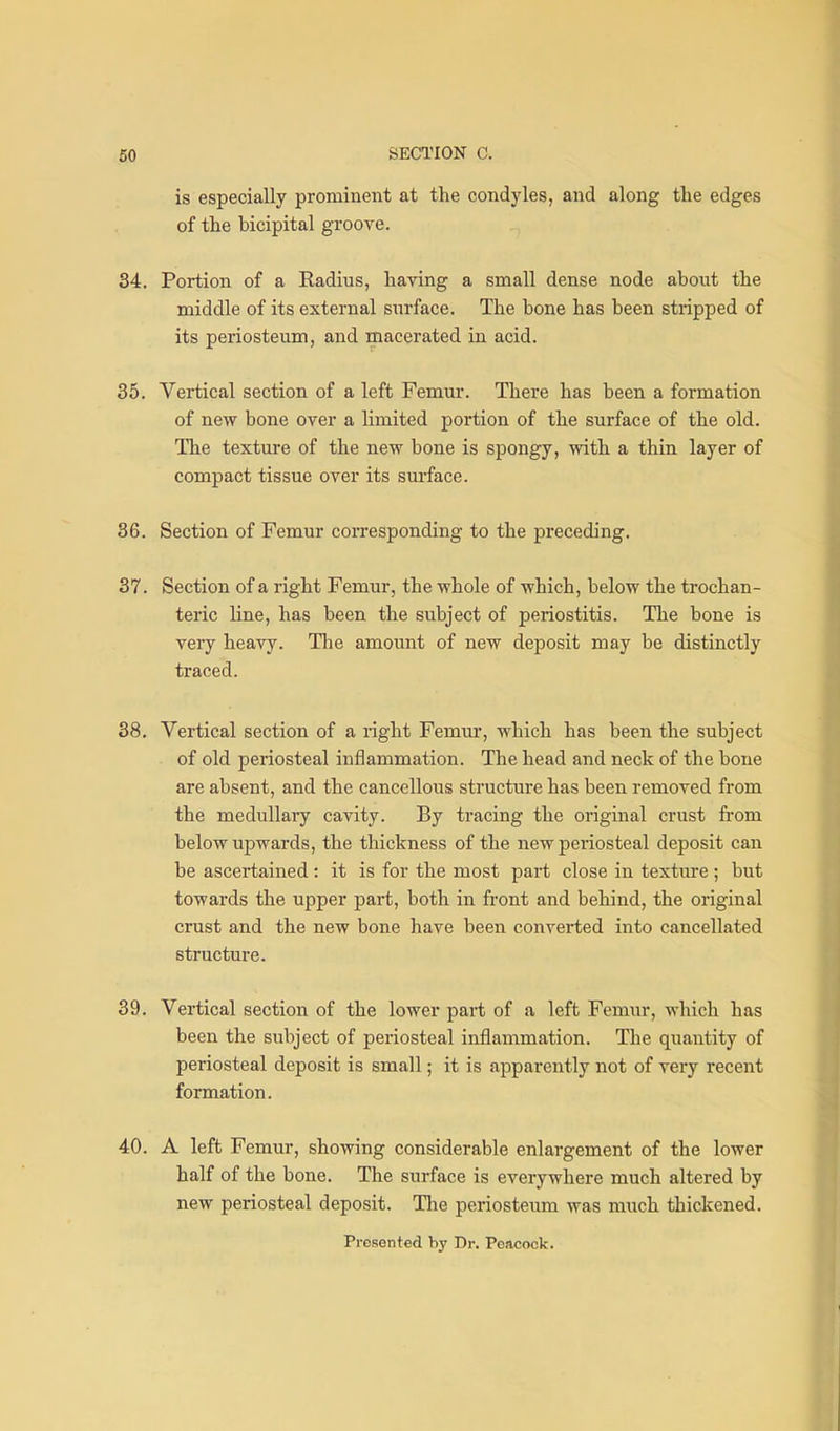 is especially prominent at the condyles, and along the edges of the bicipital groove. 34. Portion of a Radius, having a small dense node about the middle of its external surface. The bone has been stripped of its periosteum, and macerated in acid. 35. Vertical section of a left Femur. There has been a formation of new bone over a hmited portion of the surface of the old. The texture of the new bone is spongy, with a thin layer of compact tissue over its surface. 36. Section of Femur corresponding to the preceding. 37. Section of a right Femur, the whole of which, below the trochan- teric line, has been the subject of periostitis. The bone is very heavy. Tlie amount of new deposit may be distinctly traced. 38. Vertical section of a right Femur, which has been the subject of old periosteal inflammation. The head and neck of the bone are absent, and the cancellous structure has been removed from the medullary cavity. By tracing the original crust from below upwards, the thickness of the new periosteal deposit can be ascertained: it is for the most part close in textiu-e ; but towards the upper part, both in front and behind, the original crust and the new bone have been converted into cancellated structure. 39. Vertical section of the lower part of a left Femur, which has been the subject of periosteal inflammation. The quantity of periosteal deposit is small; it is apparently not of very recent formation. 40. A left Femur, showing considerable enlargement of the lower half of the bone. The surface is everywhere much altered by new periosteal deposit. The periosteum was much thickened. Presented hy Dr. Peacock.