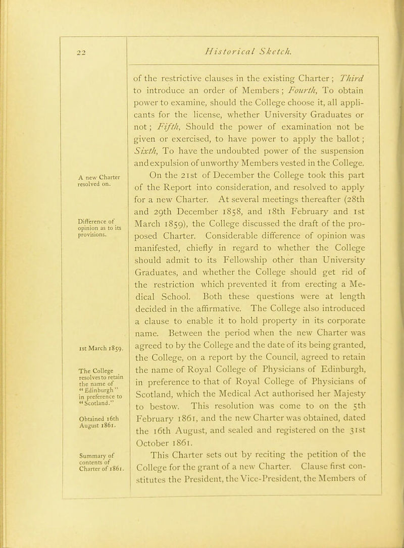 A new Charter resolved on. Difference ot opinion as to its provisions. 1st March 1859. The College resolves to retain the name of  Edinburgh in preference to Scotland. Obtained i6th August 1861. Summary of contents of Charter of 1861. of the restrictive clauses in the existing Charter ; Tliird to introduce an order of Members ; Fonrtli, To obtain power to examine, should the College choose it, all appli- cants for the license, whether University Graduates or not; Fifth, Should the power of examination not be given or exercised, to have power to apply the ballot; Sixth, To have the undoubted power of the suspension and expulsion of unworthy Members vested in the College. On the 21st of December the College took this part of the Report into consideration, and resolved to apply for a new Charter. At several meetings thereafter (28th and 29th December 1858, and i8th February and ist March 1859), the College discussed the draft of the pro- posed Charter. Considerable difference of opinion was manifested, chiefly in regard to whether the College should admit to its Fellowship other than University Graduates, and whether the College should get rid of the restriction which prevented it from erecting a Me- dical School. Both these questions were at length decided in the affirmative. The College also introduced a clause to enable it to hold property in its corporate name. Between the period when the new Charter was agreed to by the College and the date of its being granted, the College, on a report by the Council, agreed to retain the name of Royal College of Physicians of Edinburgh, in preference to that of Royal College of Physicians of Scotland, which the Medical Act authorised her Majesty to bestow. This resolution was come to on the 5th February 1861, and the new Charter was obtained, dated the 16th August, and sealed and registered on the 31st October 1S61. This Charter sets out by reciting the petition of the College for the grant of a new Charter. Clause first con- .stitutcs the President, the Vice-President, the Members of 1 J