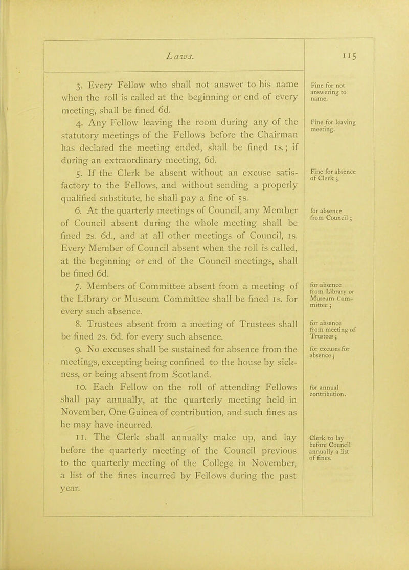 3. Every Fellow who shall not answer to his name when the roll is called at the beginning or end of every meeting, shall be fined 6d. 4. Any Fellow leaving the room during any of the statutory meetings of the Fellows before the Chairman has declared the meeting ended, shall be fined is.; if during an extraordinary meeting, 6d. 5. If the Clerk be absent without an excuse satis- factory to the Fellows, and without sending a properly qualified substitute, he shall pay a fine of 5s. 6. At the quarterly meetings of Council, any Member of Council absent during the whole meeting shall be fined 2s. 66.., and at all other meetings of Council, is. Every Member of Council absent when the roll is called, at the beginning or end of the Council meetings, shall be fined 6d. 7. Members of Committee absent from a meeting of the Library or Museum Committee shall be fined i.s. for every such absence. 8. Trustees absent from a meeting of Trustees shall be fined 2s. 6d. for every such absence. 9. No excuses shall be sustained for absence from the meetings, excepting being confined to the house by sick- ness, or being absent from Scotland. 10. Each Fellow on the roll of attending Fellows shall pay annually, at the quarterly meeting held in November, One Guinea of contribution, and such fines as he may have incurred. 11. The Clerk .shall annually make up, and lay before the quarterly meeting of the Council previous to the quarterly meeting of the College in November, a li.st of the fines incurred by Fellows during the past year. Fine for not answering to Fine for leaving meeting. Fine for absence of Cleric; for absence from Council ; for absence from Library or Museum Com- mittee ; for absence from meeting of Trustees; for excuses for absence: for annual contribution. Clerk to lay before Council annually a list of fines.