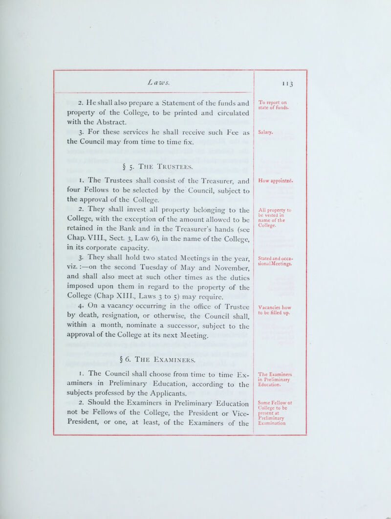 2. He shall also prepare a Statement of the funds and property of the College, to be printed and circulated with the Abstract. 3. For these services he shall receive such Fee as the Council may from time to time fix. § 5. The Trustees. 1. The Trustees shall consist of the Treasurer, and four Fellows to be selected by the Council, subject to the approval of the College. 2. They shall invest all property belonging to the College, with the exception of the amount allowed to be retained in the Bank and in the Treasurer's hands (see Chap. VIII., Sect. 3, Law 6), in the name of the College, in its corporate capacity. 3. They shall hold two stated Meetings in the year, viz. :—on the second Tuesday of May and November, and shall also meet at such other times as the duties imposed upon them in regard to the property of the College (Chap XIII., Laws 3 to 5) may require. 4. On a vacancy occurring in the office of Trustee by death, resignation, or otherwise, the Council shall, within a month, nominate a successor, subject to the approval of the College at its next Meeting. § 6. The Examiners. 1. The Council shall choose from time to time Ex- aminers in Preliminary Education, according to the subjects professed by the Applicants. 2. Should the Examiners in Preliminary Education not be Fellows of the College, the President or Vice- President, or one, at least, of the Examiners of the To report on state of funds. Salary. How appointed. All property to be vested in name of the College. Stated and occa- sionalMeetings. Vacancies how to be filled up. The Examiners in Preliminary Education. Some Fellow ot College to be present at Preliminary Examination