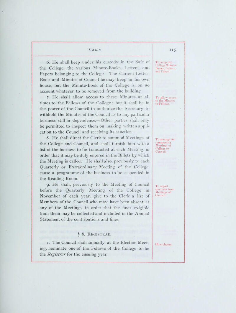 6. He shall keep under his custody, in the Safe of the College, the various Minute-Books, Letters, and Papers belonging to the College. The Current Letter- Book and Minutes of Council he may keep in his own house, but the Minute-Book of the College is, on no account whatever, to be removed from the building. 7. He shall allow access to these Minutes at all times to the Fellows of the College ; but it shall be in the power of the Council to authorize the Secretary to withhold the Minutes of the Council as to any particular business still in dependence.—Other parties shall only be permitted to inspect them on making written appli- cation to the Council and receiving its sanction. 8. He shall direct the Clerk to summon Meetings of the College and Council, and shall furnish him with a list of the business to be transacted at each Meeting, in order that it may be duly entered in the Billets by which the Meeting is called. He shall also, previously to each Quarterly or Extraordinary Meeting of the College, cause a programme of the business to be suspended in the Reading-Room. 9. He shall, previously to the Meeting of Council before the Quarterly Meeting of the College in November of each year, give to the Clerk a list of Members of the Council who may have been absent at any of the Meetings, in order that the fines exigible from them may be collected and included in the Annual Statement of the contributions and fines. § 8. Registrar. I. The Council shall annually, at the Election Meet- ing, nominate one of the Fellows of the College to be the Registraj' for the ensuing year. To keep the ' 'ollege Minutc- Books, Lettci s, and I'apers. To allow access to the Minutes to Fellows. To arrange rbr summoning ileetings of College or Council. To report absentees tVom ifeetings of Council. How chosen.